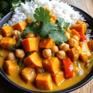 To make this vegan sweet potato curry, you need these simple ingredients: - 2 medium sweet potatoes, peeled and cut into bite-sized cubes - 1 can (400 ml) full-fat coconut milk - 1 cup vegetable broth (preferably low sodium) - 1 can (400 g) chickpeas, drained and rinsed thoroughly - 1 large onion, finely chopped - 2 cloves garlic, minced - 1 inch piece of fresh ginger, grated - 2 tablespoons red curry paste - 1 tablespoon extra virgin olive oil - 1 bell pepper, diced (choose any color for visual appeal) - 1 tablespoon fresh lime juice - Fresh cilantro (coriander) leaves for garnish - Sea salt and freshly ground black pepper to taste You can swap some ingredients if needed. Here are some ideas: - Use light coconut milk for a lower-fat option. - Replace chickpeas with lentils or tofu for protein. - If you don't have red curry paste, try yellow curry paste instead. - Use any broth you like, such as mushroom or onion broth. - Add spinach or kale for extra greens. This curry is not only tasty but also healthy. Here’s a quick look at what you get per serving: - Calories: About 350 - Protein: 12 grams - Carbs: 54 grams - Fiber: 10 grams - Fat: 12 grams These values may vary based on ingredient choices. This dish is rich in vitamins and minerals, making it a great choice for a healthy meal. Enjoy making your vegan sweet potato curry! Check out the Full Recipe for complete details. Start by gathering all your ingredients. This makes cooking smooth. Here’s what you need: - 2 medium sweet potatoes, peeled and cut into bite-sized cubes - 1 can (400 ml) full-fat coconut milk - 1 cup vegetable broth (preferably low sodium) - 1 can (400 g) chickpeas, drained and rinsed thoroughly - 1 large onion, finely chopped - 2 cloves garlic, minced - 1 inch piece of fresh ginger, grated - 2 tablespoons red curry paste - 1 tablespoon extra virgin olive oil - 1 bell pepper, diced - 1 tablespoon fresh lime juice - Fresh cilantro leaves for garnish - Sea salt and freshly ground black pepper to taste Heat olive oil in a large pot over medium heat for about 1 minute. Add the chopped onion and sauté for 5 minutes until soft. Next, mix in the garlic and ginger, cooking for 1 more minute. You want those smells to fill your kitchen! Stir in the red curry paste and cook for 2 minutes. This step builds flavor. Now, add the sweet potatoes and bell pepper. Toss them well to coat with spices. Pour in the vegetable broth and coconut milk, stirring gently. Increase the heat until it simmers. Cover the pot and let it cook for 15-20 minutes. Check if the sweet potatoes are fork-tender but not mushy. Add the chickpeas and lime juice, mixing everything together. Cook for another 5 minutes to warm the chickpeas. Season your curry with sea salt and black pepper. Taste and adjust if needed. Once done, remove the pot from heat. Let it sit for a few minutes. This waiting time makes the flavors blend better. For the complete cooking experience, check out the Full Recipe for more tips! Serve your curry in deep bowls and garnish with fresh cilantro. Enjoy with jasmine rice or naan to soak up the delicious sauce. To boost the flavor of your vegan sweet potato curry, try these tips: - Use fresh spices. Ground spices lose strength over time. - Toast spices in the pot before adding other ingredients. This brings out their full taste. - Add a splash of soy sauce or tamari for depth. - Incorporate fresh herbs like basil or mint. They add a bright touch. - Drizzle some extra lime juice before serving. This brightens the dish beautifully. Avoid these common mistakes to ensure your curry shines: - Don’t rush the sauté stage. Cook onions until soft. This builds a solid base. - Avoid overcooking sweet potatoes. They should be tender but not mushy. - Don’t skip the lime juice. It adds essential brightness. - Be mindful of salt. Taste as you go, adjusting to your liking. - Use low-sodium broth to control saltiness. This lets other flavors shine. Here are some great ways to serve your curry: - Serve it over fluffy jasmine rice. This soaks up the sauce well. - Pair it with warm naan for a comforting touch. - Add a side of steamed greens for extra nutrition. - Garnish with fresh cilantro for a pop of color. - Serve with a dollop of vegan yogurt for creaminess. For the full recipe, check the section above. Enjoy your cooking adventure! {{image_4}} You can add many vegetables to your vegan sweet potato curry. Here are some favorites: - Carrots, sliced thin - Spinach or kale, chopped - Zucchini, diced - Green beans, trimmed and chopped - Cauliflower, cut into small florets Each vegetable brings its unique taste and texture. Adding greens boosts nutrition. Root veggies add sweetness and heartiness. You can change the flavor of your curry easily. For a spicy kick, add: - Sliced jalapeños - A pinch of cayenne pepper - Red pepper flakes If you prefer sweet flavors, try: - Adding a tablespoon of maple syrup - Tossing in raisins or dried apricots Mixing flavors makes your dish exciting. Experiment and find your favorite combination! This recipe is flexible for different allergies. Here’s how to make it safe: - Swap coconut milk for almond or soy milk if you have a nut allergy. - Use vegetable broth that is free from allergens. - Check that your curry paste is free from gluten. Always read labels to ensure safety. Your curry can be delicious and safe for everyone! Remember, you can find the full recipe in the earlier sections. You can store leftover vegan sweet potato curry in an airtight container. Let it cool down first. Then, place it in the fridge. It will stay fresh for up to four days. Make sure to label the container with the date. This helps you know when to use it. If you want to keep it longer, you can freeze the curry. Use freezer-safe containers or bags. Leave some space at the top, as the curry will expand when frozen. It can last for about three months in the freezer. When you're ready to eat it, just thaw it in the fridge overnight. To reheat, you can use a pot on the stove. Heat it over low to medium heat. Stir often to prevent sticking. If it seems too thick, add a splash of vegetable broth or water. You can also use a microwave. Place it in a microwave-safe bowl and cover it. Heat it in short bursts, stirring in between. Make sure it is hot all the way through before serving. Enjoy your vegan sweet potato curry again! For complete cooking instructions, check the Full Recipe. Yes, you can make this recipe in advance. The flavors get better as it sits. You can store it in the fridge for up to five days. Just let it cool first. To reheat, warm it on the stove or in the microwave. If you want to freeze it, place it in a freezer-safe container. It lasts for about three months in the freezer. Thaw it overnight in the fridge before reheating. You can serve this curry with many sides. Here are some great ideas: - Fluffy jasmine rice - Warm naan bread - Quinoa for a protein boost - A fresh green salad - Steamed broccoli or green beans These sides help balance the rich flavors of the curry. They also soak up the creamy sauce. Yes, this recipe is gluten-free. All the ingredients are safe for those avoiding gluten. Just ensure your vegetable broth is gluten-free. Most brands are, but it’s good to check. Enjoy this tasty dish without worry! This blog post guides you through making a delicious vegan sweet potato curry. We covered the key ingredients, including substitutions and nutrition info. The step-by-step instructions help you prepare and cook with ease. I shared tips to boost flavor and avoid common mistakes. You can explore variations to fit your taste and dietary needs. Remember to store your leftovers properly and reheat with care. Trying this recipe will lead to a tasty meal you can enjoy anytime. Cook happy!