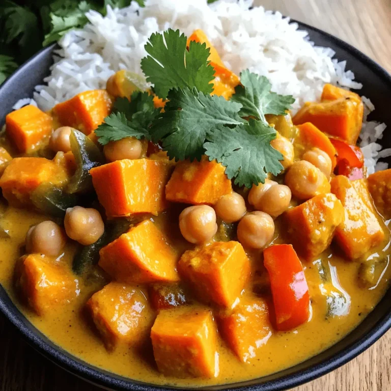 To make this vegan sweet potato curry, you need these simple ingredients: - 2 medium sweet potatoes, peeled and cut into bite-sized cubes - 1 can (400 ml) full-fat coconut milk - 1 cup vegetable broth (preferably low sodium) - 1 can (400 g) chickpeas, drained and rinsed thoroughly - 1 large onion, finely chopped - 2 cloves garlic, minced - 1 inch piece of fresh ginger, grated - 2 tablespoons red curry paste - 1 tablespoon extra virgin olive oil - 1 bell pepper, diced (choose any color for visual appeal) - 1 tablespoon fresh lime juice - Fresh cilantro (coriander) leaves for garnish - Sea salt and freshly ground black pepper to taste You can swap some ingredients if needed. Here are some ideas: - Use light coconut milk for a lower-fat option. - Replace chickpeas with lentils or tofu for protein. - If you don't have red curry paste, try yellow curry paste instead. - Use any broth you like, such as mushroom or onion broth. - Add spinach or kale for extra greens. This curry is not only tasty but also healthy. Here’s a quick look at what you get per serving: - Calories: About 350 - Protein: 12 grams - Carbs: 54 grams - Fiber: 10 grams - Fat: 12 grams These values may vary based on ingredient choices. This dish is rich in vitamins and minerals, making it a great choice for a healthy meal. Enjoy making your vegan sweet potato curry! Check out the Full Recipe for complete details. Start by gathering all your ingredients. This makes cooking smooth. Here’s what you need: - 2 medium sweet potatoes, peeled and cut into bite-sized cubes - 1 can (400 ml) full-fat coconut milk - 1 cup vegetable broth (preferably low sodium) - 1 can (400 g) chickpeas, drained and rinsed thoroughly - 1 large onion, finely chopped - 2 cloves garlic, minced - 1 inch piece of fresh ginger, grated - 2 tablespoons red curry paste - 1 tablespoon extra virgin olive oil - 1 bell pepper, diced - 1 tablespoon fresh lime juice - Fresh cilantro leaves for garnish - Sea salt and freshly ground black pepper to taste Heat olive oil in a large pot over medium heat for about 1 minute. Add the chopped onion and sauté for 5 minutes until soft. Next, mix in the garlic and ginger, cooking for 1 more minute. You want those smells to fill your kitchen! Stir in the red curry paste and cook for 2 minutes. This step builds flavor. Now, add the sweet potatoes and bell pepper. Toss them well to coat with spices. Pour in the vegetable broth and coconut milk, stirring gently. Increase the heat until it simmers. Cover the pot and let it cook for 15-20 minutes. Check if the sweet potatoes are fork-tender but not mushy. Add the chickpeas and lime juice, mixing everything together. Cook for another 5 minutes to warm the chickpeas. Season your curry with sea salt and black pepper. Taste and adjust if needed. Once done, remove the pot from heat. Let it sit for a few minutes. This waiting time makes the flavors blend better. For the complete cooking experience, check out the Full Recipe for more tips! Serve your curry in deep bowls and garnish with fresh cilantro. Enjoy with jasmine rice or naan to soak up the delicious sauce. To boost the flavor of your vegan sweet potato curry, try these tips: - Use fresh spices. Ground spices lose strength over time. - Toast spices in the pot before adding other ingredients. This brings out their full taste. - Add a splash of soy sauce or tamari for depth. - Incorporate fresh herbs like basil or mint. They add a bright touch. - Drizzle some extra lime juice before serving. This brightens the dish beautifully. Avoid these common mistakes to ensure your curry shines: - Don’t rush the sauté stage. Cook onions until soft. This builds a solid base. - Avoid overcooking sweet potatoes. They should be tender but not mushy. - Don’t skip the lime juice. It adds essential brightness. - Be mindful of salt. Taste as you go, adjusting to your liking. - Use low-sodium broth to control saltiness. This lets other flavors shine. Here are some great ways to serve your curry: - Serve it over fluffy jasmine rice. This soaks up the sauce well. - Pair it with warm naan for a comforting touch. - Add a side of steamed greens for extra nutrition. - Garnish with fresh cilantro for a pop of color. - Serve with a dollop of vegan yogurt for creaminess. For the full recipe, check the section above. Enjoy your cooking adventure! {{image_4}} You can add many vegetables to your vegan sweet potato curry. Here are some favorites: - Carrots, sliced thin - Spinach or kale, chopped - Zucchini, diced - Green beans, trimmed and chopped - Cauliflower, cut into small florets Each vegetable brings its unique taste and texture. Adding greens boosts nutrition. Root veggies add sweetness and heartiness. You can change the flavor of your curry easily. For a spicy kick, add: - Sliced jalapeños - A pinch of cayenne pepper - Red pepper flakes If you prefer sweet flavors, try: - Adding a tablespoon of maple syrup - Tossing in raisins or dried apricots Mixing flavors makes your dish exciting. Experiment and find your favorite combination! This recipe is flexible for different allergies. Here’s how to make it safe: - Swap coconut milk for almond or soy milk if you have a nut allergy. - Use vegetable broth that is free from allergens. - Check that your curry paste is free from gluten. Always read labels to ensure safety. Your curry can be delicious and safe for everyone! Remember, you can find the full recipe in the earlier sections. You can store leftover vegan sweet potato curry in an airtight container. Let it cool down first. Then, place it in the fridge. It will stay fresh for up to four days. Make sure to label the container with the date. This helps you know when to use it. If you want to keep it longer, you can freeze the curry. Use freezer-safe containers or bags. Leave some space at the top, as the curry will expand when frozen. It can last for about three months in the freezer. When you're ready to eat it, just thaw it in the fridge overnight. To reheat, you can use a pot on the stove. Heat it over low to medium heat. Stir often to prevent sticking. If it seems too thick, add a splash of vegetable broth or water. You can also use a microwave. Place it in a microwave-safe bowl and cover it. Heat it in short bursts, stirring in between. Make sure it is hot all the way through before serving. Enjoy your vegan sweet potato curry again! For complete cooking instructions, check the Full Recipe. Yes, you can make this recipe in advance. The flavors get better as it sits. You can store it in the fridge for up to five days. Just let it cool first. To reheat, warm it on the stove or in the microwave. If you want to freeze it, place it in a freezer-safe container. It lasts for about three months in the freezer. Thaw it overnight in the fridge before reheating. You can serve this curry with many sides. Here are some great ideas: - Fluffy jasmine rice - Warm naan bread - Quinoa for a protein boost - A fresh green salad - Steamed broccoli or green beans These sides help balance the rich flavors of the curry. They also soak up the creamy sauce. Yes, this recipe is gluten-free. All the ingredients are safe for those avoiding gluten. Just ensure your vegetable broth is gluten-free. Most brands are, but it’s good to check. Enjoy this tasty dish without worry! This blog post guides you through making a delicious vegan sweet potato curry. We covered the key ingredients, including substitutions and nutrition info. The step-by-step instructions help you prepare and cook with ease. I shared tips to boost flavor and avoid common mistakes. You can explore variations to fit your taste and dietary needs. Remember to store your leftovers properly and reheat with care. Trying this recipe will lead to a tasty meal you can enjoy anytime. Cook happy!