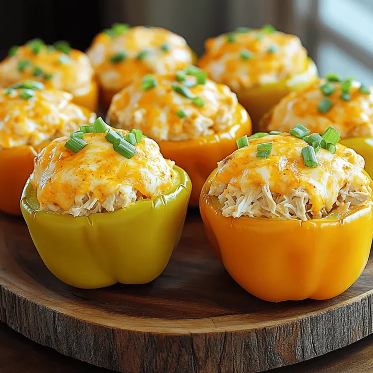 - 4 large bell peppers (any color) - 2 cups cooked shredded chicken - 1/2 cup buffalo sauce - 1 cup cream cheese, softened - 1/2 cup shredded cheddar cheese - 1/4 cup green onions, finely chopped - 1/2 teaspoon garlic powder - 1/2 teaspoon onion powder - Salt and freshly ground black pepper to taste - Optional: blue cheese crumbles When I make buffalo chicken stuffed peppers, I start with the main ingredients. You need four large bell peppers. Pick any color you like; they all taste great. I usually use red, yellow, or green for a colorful dish. Next, I grab two cups of cooked shredded chicken. This can be rotisserie chicken or leftovers from another meal. It saves time and adds flavor. Buffalo sauce gives these peppers their kick. Half a cup is usually enough, but adjust it based on your spice level. If you love heat, feel free to add more. Cream cheese is essential for a rich and creamy filling. One cup, softened, blends well with the other ingredients. For some cheesy goodness, add half a cup of shredded cheddar. It melts beautifully and adds a nice flavor. Finally, chop up a quarter cup of green onions. They add freshness and a nice crunch. Now, let's talk about seasonings. You’ll want half a teaspoon each of garlic powder and onion powder for added depth. Don’t forget salt and black pepper to taste. If you enjoy blue cheese, sprinkle some crumbles on top before serving. They add a tangy flavor that pairs well with the buffalo sauce. You can find the full recipe for buffalo chicken stuffed peppers to make this dish at home. - Preheat the oven to 375°F (190°C). This helps the peppers cook evenly. - Prepare the bell peppers by slicing off the tops and removing the seeds. Make sure they can stand upright. - In a large mixing bowl, combine the cooked shredded chicken, buffalo sauce, cream cheese, cheddar cheese, and green onions. - Add garlic powder, onion powder, salt, and pepper. Mix everything well until creamy and smooth. - Use a spoon to fill each pepper with the buffalo chicken mixture. Pack it gently but firmly. - Place the stuffed peppers upright in a baking dish. If they wobble, trim the bottom for stability. - Cover the dish with aluminum foil and bake for 25 minutes. This helps the flavors meld. - After 25 minutes, uncover and bake for another 10 minutes. Watch until the peppers are tender and cheese is bubbly. - For added richness, sprinkle blue cheese crumbles on top during the last few minutes of baking. - Once done, let the dish cool for a few minutes before serving to avoid burns. This simple recipe offers a fun twist on traditional stuffed peppers and is sure to impress! How to choose the right peppers Pick large bell peppers for stuffing. They should be firm and bright. Look for smooth skin without blemishes. Green, red, yellow, or orange peppers all work well. Each has its unique flavor, so choose the one you like best. Tips for mixing the filling Always shred your cooked chicken before mixing. This helps it blend well with the other ingredients. When adding buffalo sauce, start with half a cup. You can always add more if you want extra heat. Mix thoroughly until you have a creamy filling. Use a spoon or spatula to combine the cream cheese and chicken. This makes sure every bite is rich and tasty. Presentation tips for serving Place the stuffed peppers on a large platter. This makes them easy to grab. Add some chopped green onions on top for color. You can also drizzle ranch or blue cheese dressing around the platter. This adds flavor and looks great. Recommendations for dips Serve with ranch or blue cheese dressing for dipping. These creamy dips balance the heat of the buffalo sauce. You can even set out small bowls for guests. This way, they can choose their favorite dip. {{image_4}} You can switch up the protein in this dish. Instead of chicken, try using turkey. Ground turkey works great and keeps the taste similar. You can also use tofu for a meat-free option. Firm tofu, when pressed and crumbled, takes on the flavors well. This makes it a perfect choice for vegetarians. Want to change the heat level? Start by adding less buffalo sauce. You can always add more if you like it spicier. Mix in honey or brown sugar for a sweet twist. This balances out the heat nicely. If buffalo sauce isn’t your thing, try these alternatives: - Barbecue sauce for a smoky flavor - Sriracha for a sharper kick - Teriyaki sauce for a sweet and savory mix These options add a fun twist to the stuffed peppers. Each variation brings a new taste experience to your table. For the complete recipe, check out the Full Recipe. To keep your buffalo chicken stuffed peppers fresh, follow these easy tips: - Refrigerate: Place leftover peppers in an airtight container. They will stay good for about 3-4 days. - Cool First: Let the peppers cool to room temperature before sealing them. This helps avoid moisture buildup. - Label: Use a label with the date for easy tracking. If you want to save them for longer: - Freezing: Wrap each pepper in plastic wrap, then put them in a freezer-safe bag. They can last up to 3 months. - Thawing: When ready to eat, thaw in the fridge overnight before reheating. To reheat without drying out, use these methods: - Microwave: Place a pepper on a microwave-safe plate. Cover it with a damp paper towel. Heat for 1-2 minutes, checking often. - Oven: Preheat to 350°F (175°C). Place peppers in a baking dish, cover with foil, and heat for about 15-20 minutes. - Skillet: Heat a little oil or butter in a skillet. Cook on low heat, turning the peppers until warmed through. These methods keep the peppers moist and tasty! How do I prevent soggy peppers? To avoid soggy peppers, choose firm, fresh ones. Pre-bake them for about 10 minutes before stuffing. This will help them stay crisp. Drain any excess liquid from the filling, too. Can I make these ahead of time? Yes, you can prepare buffalo chicken stuffed peppers ahead. Stuff the peppers and store them in the fridge for up to a day. Just bake them when you're ready to serve. What to serve with buffalo chicken stuffed peppers? These stuffed peppers pair well with simple sides. Try a fresh salad, some crunchy veggies, or rice. You can also offer dips like ranch or blue cheese. Calories and macronutrients per serving Each serving has about 350 calories. You get 22 grams of protein, 25 grams of fat, and 10 grams of carbs. This makes it a filling meal. Health benefits of the ingredients used Bell peppers are high in vitamins A and C. Shredded chicken provides lean protein. Buffalo sauce adds flavor without too many calories. Cream cheese gives a rich, creamy texture. For the complete recipe for buffalo chicken stuffed peppers, including the cooking time and servings, check out the [Full Recipe]. Buffalo chicken stuffed peppers are simple and tasty. You can easily make them with bell peppers, chicken, and buffalo sauce. Remember to follow the prep steps and tips for perfect cooking. Variations let you mix flavors, too. Store extras in the fridge or freezer for later. These stuffed peppers not only look great but also taste amazing. Enjoy them with your favorite dip. You’ll impress your family and friends with this delicious meal.