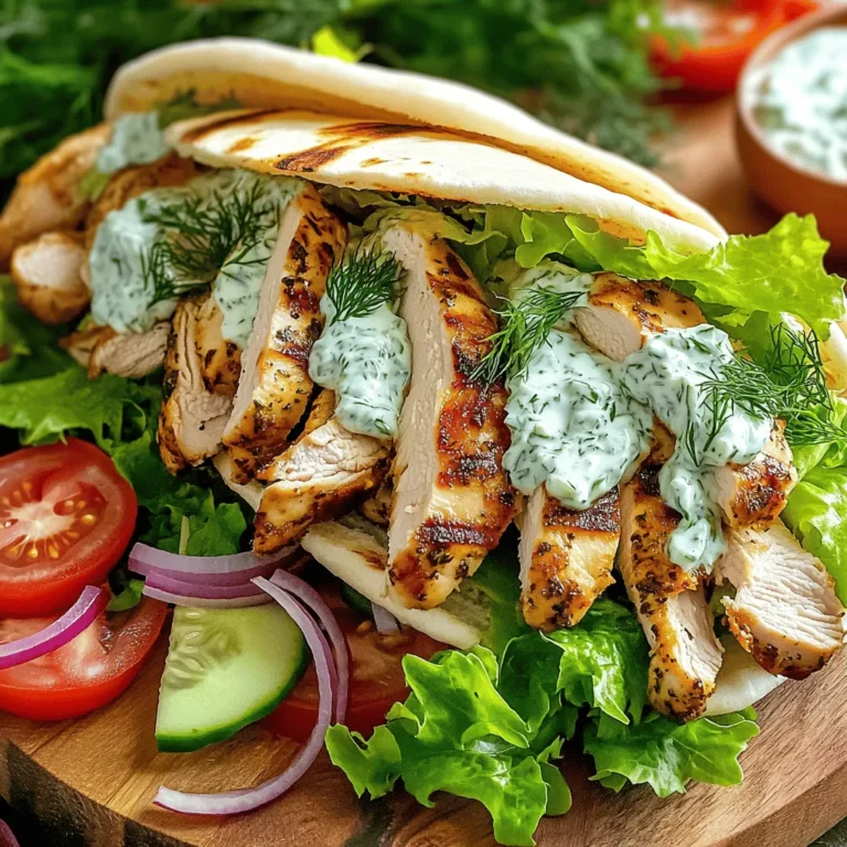 - 500g chicken breast - 4 soft pita breads - 1 cup creamy Greek yogurt - 2 tablespoons extra virgin olive oil - 1 tablespoon freshly squeezed lemon juice - Various seasonings (garlic powder, onion powder, oregano, salt, pepper) - 1 medium cucumber - 1 tablespoon fresh dill - Pinch of salt and lemon juice The main ingredients in these chicken gyros are simple yet full of flavor. The chicken breast serves as the star of the dish. I like to slice it thin for even cooking and tender bites. The soft pita breads hold everything together and make it easy to enjoy. For the marinade, I combine olive oil and lemon juice with spices like garlic powder and oregano. This blend adds a zesty kick to the chicken. You can adjust salt and pepper to your taste. The marinade is key for juicy and tasty chicken. Now, let’s talk about the tzatziki sauce. This creamy dip pairs perfectly with the gyros. I grate the cucumber to add freshness, then mix it with Greek yogurt and dill. A pinch of salt and a squeeze of lemon juice brighten the flavor. You can find the full recipe to guide you through this tasty experience. Enjoy the process and the reward of a delicious meal! To start, gather your ingredients. In a bowl, combine: - 2 tablespoons extra virgin olive oil - 1 tablespoon freshly squeezed lemon juice - 1 teaspoon garlic powder - 1 teaspoon onion powder - 1 teaspoon dried oregano - Salt and freshly ground black pepper to taste Whisk these together until smooth. Next, add the 500g thinly sliced chicken breast. Make sure each piece gets coated well. Cover the bowl with plastic wrap and let it marinate in the fridge for at least 30 minutes. This step gives the chicken great flavor. While the chicken marinates, let’s make the tzatziki sauce. In a separate bowl, blend together: - 1 cup creamy Greek yogurt - 1 medium cucumber, grated - 1 tablespoon fresh dill, finely chopped - A pinch of salt - A squeeze of fresh lemon juice Stir continuously until smooth and creamy. Set this aside in the fridge to chill. This sauce adds a refreshing touch to the gyros. Now, it’s time to cook the chicken. Preheat a non-stick skillet over medium-high heat. Once hot, add the marinated chicken. Cook for about 5-7 minutes. Stir occasionally until the chicken turns golden brown and reaches an internal temperature of 75°C (165°F). This will ensure it is fully cooked and safe to eat. Next, we need to warm the pita breads. Place them in a dry skillet over medium heat. Heat for about 1 minute on each side until they are soft and pliable. This step makes them easier to fill and fold. Finally, let’s assemble the gyros. Lay a warm pita flat on a clean surface. Spread a generous layer of tzatziki sauce across the center. Then, add a portion of the cooked chicken. Top with fresh veggies like sliced tomatoes, red onion, and crisp lettuce. Fold the pita in half to enclose the filling. Serve immediately for the best taste. This simple recipe is packed with flavor and perfect for any night of the week. For more details, check out the Full Recipe! Marinating chicken is key to great flavor. I suggest marinating for at least 30 minutes. For a stronger taste, you can leave it in the fridge for up to four hours. Taste your marinade before adding the chicken. If you want more zing, add extra lemon juice or a pinch of salt. Cooking chicken gyros right is important. You want juicy meat, not dry chicken. Cook the marinated chicken for about 5-7 minutes on medium-high heat. Make sure it reaches 75°C (165°F) inside. Use a meat thermometer to check. If you want even cooking, cut the chicken into even slices. Presentation makes your dish shine. Serve the gyros on a wooden board for a rustic look. Add a small bowl of tzatziki for dipping. Garnish with fresh dill or lemon slices. Pair your gyros with a light salad or roasted veggies. These sides balance the meal and add color. For the full recipe, check the details above. {{image_4}} You can switch the chicken in this recipe for other meats. Beef and lamb are great choices. Both meats give a rich flavor. Just remember to adjust the cooking time. They may need a bit more time on the heat. If you want a vegetarian option, try halloumi or falafel. Halloumi is a firm cheese that grills well. It adds a salty bite to your gyros. Falafel is made from chickpeas and is full of flavor. Both choices keep your meal delicious and meat-free. Toppings make your chicken gyros even better. You can add more veggies like peppers or olives. Fresh herbs like parsley or mint can also enhance the taste. Don’t forget about sauces! Try adding spicy harissa or tangy hot sauce. You can also mix spices into the tzatziki for a new twist. A pinch of cumin or smoked paprika can add depth. If you need a gluten-free meal, use gluten-free pita. Many stores sell these now. Just check the labels to make sure they fit your needs. To make the recipe 100% gluten-free, swap all ingredients that contain gluten. This ensures that everyone can enjoy your chicken gyros. For a great gluten-free option, serve it in a lettuce wrap! For the full recipe, check the earlier sections for all the details. To keep your chicken gyros fresh, place any leftovers in an airtight container. This helps prevent them from drying out. You can store them in the fridge for up to three days. Remember to separate the chicken and veggies, if possible, for better taste when reheating. You can freeze the chicken and the tzatziki sauce separately. For the chicken, let it cool down first. Then, pack it in a freezer-safe bag. Remove as much air as you can. You can freeze it for up to three months. For the tzatziki, store it in a small container. Be sure to leave space for it to expand. To reheat the chicken, use a skillet over medium heat. This keeps it juicy. Stir occasionally to ensure even heating. For the pita, you can warm it on the stove. Just heat each side for about a minute until soft. This method helps retain the best taste and texture. For the full recipe, check out the details above. To add spice, I suggest using cayenne pepper or red chili flakes. You can sprinkle them into your marinade. Another option is to use spicy yogurt or hot sauce in your tzatziki. This adds heat without losing the creamy texture. You can also add sliced jalapeños or pepperoncini when assembling your gyros for extra kick. Yes, preparing ingredients in advance can save you time. You can marinate the chicken the night before. This gives the chicken more time to soak up flavors. You can also make the tzatziki sauce ahead. Just store it in the fridge. Chopping veggies like tomatoes and cucumbers can also be done early. Keep everything in airtight containers for freshness. Serve Chicken Gyros in warm pita for the best experience. I like to arrange them on a wooden board. This makes for a rustic look. Include a small bowl of extra tzatziki for dipping. You can also garnish with fresh dill or lemon slices. Pair with a side salad or grilled veggies for a complete meal. Cooked Chicken Gyros can last in the fridge for about three days. Make sure to store them in an airtight container. If you have leftover components, keep them separate. The chicken can last up to four days, while the tzatziki is best used within three days. For longer storage, consider freezing the chicken. Chicken Gyros can be a healthy choice. Chicken breast is lean and high in protein. The tzatziki sauce made with yogurt adds probiotics. Fresh veggies add vitamins and fiber. Keep portion sizes in mind. Using whole wheat pita can boost fiber content. Opting for more veggies can make your meal even healthier. This article covers how to make delicious chicken gyros from scratch. We discussed the key ingredients, marinade, tzatziki sauce, and step-by-step cooking instructions. I shared tips to enhance flavor and suggested variations for different diets. Enjoy your homemade gyros with fresh toppings, and don’t forget about safe storage. You can impress family and friends while creating a meal that’s not only tasty but also healthy. So gather your ingredients and enjoy each step of making this delightful dish!