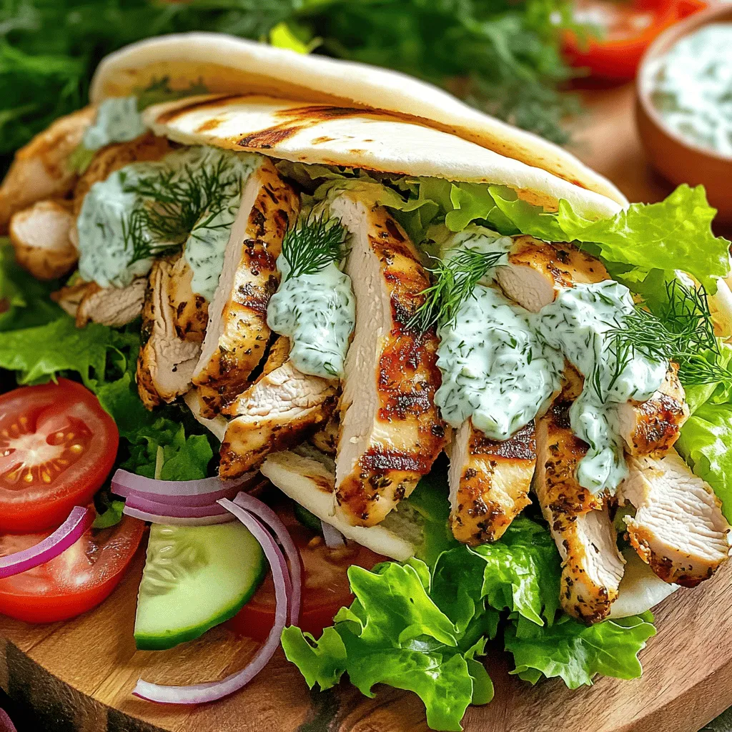 - 500g chicken breast - 4 soft pita breads - 1 cup creamy Greek yogurt - 2 tablespoons extra virgin olive oil - 1 tablespoon freshly squeezed lemon juice - Various seasonings (garlic powder, onion powder, oregano, salt, pepper) - 1 medium cucumber - 1 tablespoon fresh dill - Pinch of salt and lemon juice The main ingredients in these chicken gyros are simple yet full of flavor. The chicken breast serves as the star of the dish. I like to slice it thin for even cooking and tender bites. The soft pita breads hold everything together and make it easy to enjoy. For the marinade, I combine olive oil and lemon juice with spices like garlic powder and oregano. This blend adds a zesty kick to the chicken. You can adjust salt and pepper to your taste. The marinade is key for juicy and tasty chicken. Now, let’s talk about the tzatziki sauce. This creamy dip pairs perfectly with the gyros. I grate the cucumber to add freshness, then mix it with Greek yogurt and dill. A pinch of salt and a squeeze of lemon juice brighten the flavor. You can find the full recipe to guide you through this tasty experience. Enjoy the process and the reward of a delicious meal! To start, gather your ingredients. In a bowl, combine: - 2 tablespoons extra virgin olive oil - 1 tablespoon freshly squeezed lemon juice - 1 teaspoon garlic powder - 1 teaspoon onion powder - 1 teaspoon dried oregano - Salt and freshly ground black pepper to taste Whisk these together until smooth. Next, add the 500g thinly sliced chicken breast. Make sure each piece gets coated well. Cover the bowl with plastic wrap and let it marinate in the fridge for at least 30 minutes. This step gives the chicken great flavor. While the chicken marinates, let’s make the tzatziki sauce. In a separate bowl, blend together: - 1 cup creamy Greek yogurt - 1 medium cucumber, grated - 1 tablespoon fresh dill, finely chopped - A pinch of salt - A squeeze of fresh lemon juice Stir continuously until smooth and creamy. Set this aside in the fridge to chill. This sauce adds a refreshing touch to the gyros. Now, it’s time to cook the chicken. Preheat a non-stick skillet over medium-high heat. Once hot, add the marinated chicken. Cook for about 5-7 minutes. Stir occasionally until the chicken turns golden brown and reaches an internal temperature of 75°C (165°F). This will ensure it is fully cooked and safe to eat. Next, we need to warm the pita breads. Place them in a dry skillet over medium heat. Heat for about 1 minute on each side until they are soft and pliable. This step makes them easier to fill and fold. Finally, let’s assemble the gyros. Lay a warm pita flat on a clean surface. Spread a generous layer of tzatziki sauce across the center. Then, add a portion of the cooked chicken. Top with fresh veggies like sliced tomatoes, red onion, and crisp lettuce. Fold the pita in half to enclose the filling. Serve immediately for the best taste. This simple recipe is packed with flavor and perfect for any night of the week. For more details, check out the Full Recipe! Marinating chicken is key to great flavor. I suggest marinating for at least 30 minutes. For a stronger taste, you can leave it in the fridge for up to four hours. Taste your marinade before adding the chicken. If you want more zing, add extra lemon juice or a pinch of salt. Cooking chicken gyros right is important. You want juicy meat, not dry chicken. Cook the marinated chicken for about 5-7 minutes on medium-high heat. Make sure it reaches 75°C (165°F) inside. Use a meat thermometer to check. If you want even cooking, cut the chicken into even slices. Presentation makes your dish shine. Serve the gyros on a wooden board for a rustic look. Add a small bowl of tzatziki for dipping. Garnish with fresh dill or lemon slices. Pair your gyros with a light salad or roasted veggies. These sides balance the meal and add color. For the full recipe, check the details above. {{image_4}} You can switch the chicken in this recipe for other meats. Beef and lamb are great choices. Both meats give a rich flavor. Just remember to adjust the cooking time. They may need a bit more time on the heat. If you want a vegetarian option, try halloumi or falafel. Halloumi is a firm cheese that grills well. It adds a salty bite to your gyros. Falafel is made from chickpeas and is full of flavor. Both choices keep your meal delicious and meat-free. Toppings make your chicken gyros even better. You can add more veggies like peppers or olives. Fresh herbs like parsley or mint can also enhance the taste. Don’t forget about sauces! Try adding spicy harissa or tangy hot sauce. You can also mix spices into the tzatziki for a new twist. A pinch of cumin or smoked paprika can add depth. If you need a gluten-free meal, use gluten-free pita. Many stores sell these now. Just check the labels to make sure they fit your needs. To make the recipe 100% gluten-free, swap all ingredients that contain gluten. This ensures that everyone can enjoy your chicken gyros. For a great gluten-free option, serve it in a lettuce wrap! For the full recipe, check the earlier sections for all the details. To keep your chicken gyros fresh, place any leftovers in an airtight container. This helps prevent them from drying out. You can store them in the fridge for up to three days. Remember to separate the chicken and veggies, if possible, for better taste when reheating. You can freeze the chicken and the tzatziki sauce separately. For the chicken, let it cool down first. Then, pack it in a freezer-safe bag. Remove as much air as you can. You can freeze it for up to three months. For the tzatziki, store it in a small container. Be sure to leave space for it to expand. To reheat the chicken, use a skillet over medium heat. This keeps it juicy. Stir occasionally to ensure even heating. For the pita, you can warm it on the stove. Just heat each side for about a minute until soft. This method helps retain the best taste and texture. For the full recipe, check out the details above. To add spice, I suggest using cayenne pepper or red chili flakes. You can sprinkle them into your marinade. Another option is to use spicy yogurt or hot sauce in your tzatziki. This adds heat without losing the creamy texture. You can also add sliced jalapeños or pepperoncini when assembling your gyros for extra kick. Yes, preparing ingredients in advance can save you time. You can marinate the chicken the night before. This gives the chicken more time to soak up flavors. You can also make the tzatziki sauce ahead. Just store it in the fridge. Chopping veggies like tomatoes and cucumbers can also be done early. Keep everything in airtight containers for freshness. Serve Chicken Gyros in warm pita for the best experience. I like to arrange them on a wooden board. This makes for a rustic look. Include a small bowl of extra tzatziki for dipping. You can also garnish with fresh dill or lemon slices. Pair with a side salad or grilled veggies for a complete meal. Cooked Chicken Gyros can last in the fridge for about three days. Make sure to store them in an airtight container. If you have leftover components, keep them separate. The chicken can last up to four days, while the tzatziki is best used within three days. For longer storage, consider freezing the chicken. Chicken Gyros can be a healthy choice. Chicken breast is lean and high in protein. The tzatziki sauce made with yogurt adds probiotics. Fresh veggies add vitamins and fiber. Keep portion sizes in mind. Using whole wheat pita can boost fiber content. Opting for more veggies can make your meal even healthier. This article covers how to make delicious chicken gyros from scratch. We discussed the key ingredients, marinade, tzatziki sauce, and step-by-step cooking instructions. I shared tips to enhance flavor and suggested variations for different diets. Enjoy your homemade gyros with fresh toppings, and don’t forget about safe storage. You can impress family and friends while creating a meal that’s not only tasty but also healthy. So gather your ingredients and enjoy each step of making this delightful dish!