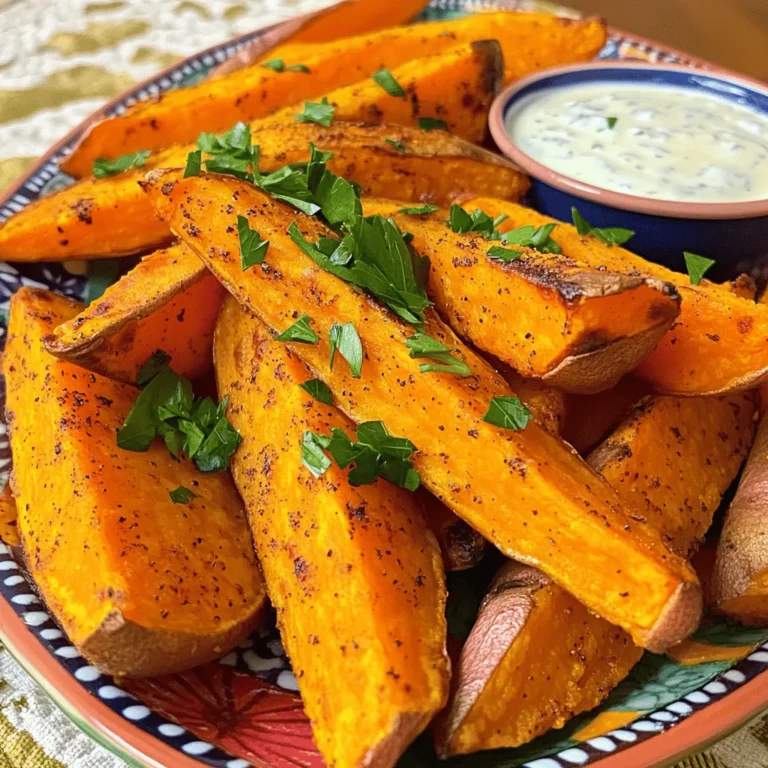 - 2 medium sweet potatoes - 3 tablespoons extra virgin olive oil - 1 teaspoon smoked paprika - 1 teaspoon garlic powder - 1/2 teaspoon ground cumin - 1/2 teaspoon cayenne pepper - Kosher salt and freshly ground black pepper - Fresh parsley for garnish - Dipping sauce options To make roasted sweet potato wedges, start with the main ingredients. Sweet potatoes are your base, providing sweetness and a creamy texture. Olive oil helps them crisp up and adds flavor. Smoked paprika brings a warm, smoky taste. Next, for spices and seasonings, garlic powder adds a savory touch. Ground cumin brings depth, and cayenne pepper adds heat. Adjust the cayenne to fit your spice level. For garnish, sprinkle kosher salt and black pepper on top before serving. The fresh parsley not only adds color but also a fresh taste. Pair these wedges with your favorite dipping sauce, like ranch or spicy aioli. You can find the full recipe for perfect instructions to guide you through the steps. Enjoy every bite! Start by scrubbing your sweet potatoes well. This removes dirt and residue. Cut each potato into even wedges. Aim for about 1-inch thickness. This helps them cook evenly. Next, prepare your baking sheet. Line it with parchment paper. This will make cleanup easy and prevent sticking. In a large bowl, pour in 3 tablespoons of extra virgin olive oil. Add 1 teaspoon of smoked paprika, 1 teaspoon of garlic powder, 1/2 teaspoon of ground cumin, and 1/2 teaspoon of cayenne pepper. Season with kosher salt and black pepper. Whisk these ingredients together. You want a cohesive spice mixture that coats the sweet potatoes well. Now, add the sweet potato wedges to your bowl. Toss them gently in the spice mixture. Make sure each wedge gets an even coating. This step is key for flavor. Transfer the coated wedges to the prepared baking sheet. Space them out in a single layer. Avoid overcrowding; this allows them to crisp up nicely. Roast in your preheated oven at 425°F for 25-30 minutes. Flip the wedges halfway through. This ensures even browning. When they are golden brown and crispy, take them out and let them cool for a few minutes. Enjoy your delicious roasted sweet potato wedges! For the full recipe, check out the details above. To make your sweet potato wedges crispy, avoid overcrowding the baking sheet. Give each wedge space to breathe. This helps them brown evenly. Use a high oven temperature of 425°F (220°C). Hot air circulates around the wedges, making them crispy. You can boost flavor by adding other spices or herbs. Try rosemary or thyme for a fresh taste. Experimenting with different oils can also change the flavor. Avocado oil or coconut oil adds a unique twist. For a stunning presentation, arrange the crispy wedges on a colorful platter. This catches the eye and makes your dish pop. Pair them with a small bowl of a tasty dipping sauce. Good options include zesty spicy aioli or classic ranch dressing. They add fun and flavor to your snack. {{image_4}} You can change the taste of your sweet potato wedges easily. For a spicy kick, add more cayenne pepper to your spice mix. Just a pinch can make a big difference. If you prefer a sweet flavor, try adding cinnamon or brown sugar. These sweet notes will balance the natural earthiness of the potatoes. If you want to try something new, consider air frying. To do this, preheat your air fryer to 400°F (200°C). Place the wedges in a single layer and cook for about 20 minutes. Shake them halfway through for even cooking. Grilling sweet potato wedges is another great option. Toss them in olive oil and your favorite spices. Place them in a grill basket and cook over medium heat. Grill for about 15-20 minutes, turning often. This method adds a lovely smoky flavor. Sweet potato wedges pair well with many sides. Try serving them with a fresh salad or a hearty soup. They also go great with grilled chicken or fish for a full meal. When it comes to drinks, consider a cold beverage. A refreshing lemonade or iced tea complements the flavors nicely. For something stronger, a light beer or a chilled white wine works well too. For more ideas and to make your meal even better, check out the Full Recipe. To keep your roasted sweet potato wedges fresh, use an airtight container. Glass or plastic containers work well. Place the cooled wedges inside and seal them tightly. Store in the fridge for up to three days. The oven is the best way to reheat your sweet potato wedges. Preheat your oven to 400°F (200°C). Spread the wedges on a baking sheet. Bake for about 10 minutes, flipping halfway through. This method keeps them crispy. If you need a quicker option, use a microwave. Place wedges on a microwave-safe plate. Cover with a damp paper towel, then heat for 1–2 minutes. Be aware that this may make them less crispy. An air fryer also works well. Heat the air fryer to 350°F (175°C) and cook for about 5 minutes. You can freeze cooked sweet potato wedges for later use. Allow them to cool completely before freezing. Arrange the wedges in a single layer on a baking sheet and freeze until solid. Once frozen, transfer them to a freezer bag. Remove as much air as possible. They can last for up to three months. To thaw, simply place the frozen wedges in the fridge overnight. Reheat them using the oven or air fryer as explained above. This method helps maintain their texture and flavor. For the full recipe, check out the complete guide on crispy roasted sweet potato wedges. Roast sweet potato wedges for 25 to 30 minutes at 425°F (220°C). This high temperature gives the wedges a nice crisp. Flip them halfway through cooking. This step ensures they brown evenly. Look for a golden color and crispy edges as your signs they are done. Yes, you can prepare roasted sweet potato wedges ahead of time. Cut and season the wedges, then store them in the fridge. You can roast them later when you are ready to eat. To reheat, pop them back in the oven for about 10 minutes at 425°F (220°C). They will crisp up nicely again. Roasted sweet potato wedges are healthy and tasty. One serving has about 150 calories, depending on oil and seasonings. They are high in fiber and vitamins A and C. Sweet potatoes also contain antioxidants, which can help with overall health. They make a great snack or side dish. Sweet potato wedges pair well with many sauces. Here are some popular options: - Spicy aioli - Creamy ranch dressing - Honey mustard - Ketchup - Yogurt-based dips These sauces enhance the sweet, savory flavors of the wedges. Try a few and find your favorite! For the full recipe, check out the delicious steps to make these crispy treats. In this post, we explored making delicious roasted sweet potato wedges. We covered ingredients like sweet potatoes and spices, plus tips for baking them to perfection. You learned how to prep, coat, and roast the wedges for a crispy finish. We also discussed variations and storage ideas. Cooking doesn't have to be hard. With simple steps and flavors, you can enjoy these tasty snacks anytime. Enjoy experimenting with your favorite spices or dips!