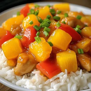 - 1 lb boneless, skinless chicken thighs - 1 cup assorted bell peppers (red, yellow, green) - 1 cup pineapple chunks - 1 medium onion - 2 cloves garlic - 1 tablespoon fresh ginger The main ingredients make this dish vibrant and tasty. Chicken thighs add rich flavor. Bell peppers bring color and crunch. Pineapple gives a sweet burst. Onion, garlic, and ginger create a fragrant base. - 1/2 cup freshly squeezed orange juice - 1/4 cup low-sodium soy sauce - 1/4 cup apple cider vinegar - 1/4 cup honey or maple syrup - 2 tablespoons cornstarch - 1/4 cup cold water The sauce is the heart of sweet and sour chicken. Orange juice adds brightness. Soy sauce gives depth, while vinegar adds tang. Honey or maple syrup balances the taste. Cornstarch thickens the sauce for a silky finish. - Steamed rice or fluffy quinoa - Optional garnishes (green onions, sesame seeds) Serve sweet and sour chicken over rice or quinoa for a filling meal. Add green onions and sesame seeds for a pop of flavor and color. This dish looks as good as it tastes! For the full recipe, check out the Zesty Pineapple Sweet and Sour Chicken. First, grab a medium mixing bowl. In it, whisk together these ingredients: - 1/2 cup freshly squeezed orange juice - 1/4 cup low-sodium soy sauce - 1/4 cup apple cider vinegar - 1/4 cup honey or pure maple syrup - 2 cloves garlic, finely minced - 1 tablespoon fresh ginger, finely minced Whisk until everything is mixed well. This will give you a tasty base for your dish. Set the sauce aside to let the flavors blend. Next, you need to create a cornstarch slurry. In a small bowl, mix: - 2 tablespoons cornstarch - 1/4 cup cold water Stir until the mixture is smooth. This step is key. It will help thicken the sauce later. Now, heat 2 tablespoons of vegetable oil in a large skillet or wok over medium-high heat. Make sure the oil is hot enough for cooking. While the oil heats, season 1 lb of boneless, skinless chicken thighs with salt and pepper. Cut them into bite-sized pieces. Once the oil is hot, add the chicken to the skillet. Cook for 5-7 minutes, stirring often. You want the chicken to turn golden brown and be cooked through. Next, toss in 1 medium coarsely chopped onion and 1 cup of assorted diced bell peppers. Sauté these for about 3-4 minutes. The veggies should start to soften and smell great. Now, pour the prepared sauce over the chicken and vegetables. Bring it to a gentle simmer. Cook everything for an additional 3-5 minutes. This helps the sauce thicken nicely. Last, carefully fold in 1 cup of pineapple chunks. Let them heat through for about 2 minutes. This adds a sweet touch to your dish. Serve hot over steamed rice or fluffy quinoa. Enjoy your flavor-packed meal! For a complete guide, check the Full Recipe. To make sweet and sour chicken taste great, start by seasoning the chicken well. Use salt and pepper. This simple step brings out the best flavor. Next, let the sauce ingredients meld together. This allows the flavors to mix and deepen. Wait at least 15 minutes before using the sauce. The longer you let it sit, the better it tastes. When cooking the chicken, heat the oil until it is hot. Medium-high heat works best for searing. This gives the chicken a nice brown color. It also seals in the juices. For the sauce, keep an eye on the consistency. You want it thick enough to coat the chicken but not too thick. Stir often while it cooks. This helps avoid burning and ensures even cooking. A great dish looks as good as it tastes. When serving, use fresh garnishes. Chopped green onions or sesame seeds add color and crunch. Arrange the sweet and sour chicken over a bed of rice or quinoa. This makes it look appealing. You can also place pineapple chunks on top for a fun touch. Serve it hot and enjoy the vibrant flavors! For the full recipe, check out the Full Recipe section. {{image_4}} You can play with the main ingredients in sweet and sour chicken. For a fun twist, try using tofu or shrimp instead of chicken. Tofu absorbs flavors well and adds a nice texture. Shrimp cooks quickly and brings a seafood flair to the dish. You can also mix in different vegetables. Zucchini adds a mild taste and a nice crunch. Snap peas bring a sweet, crisp bite that complements the dish. Feel free to experiment with what you have on hand! Adjusting the sweetness of your sauce can change the whole dish. You can add more honey or maple syrup if you like it sweeter. For a tangier taste, cut back on the sweeteners. Changing the vinegar can also alter the flavor. Apple cider vinegar gives a fruity note, while rice vinegar offers a milder tang. Experiment with different options to find your favorite balance! Sweet and sour chicken has many regional adaptations. In China, you might find the dish with a thicker sauce and more vegetables. In the United States, it often comes with bell peppers and pineapple. Other cuisines add unique twists, too. In Thailand, they might use tamarind for a different sour flavor. Each version highlights local ingredients and flavors. Don't hesitate to try these variations for a new taste experience! Store your sweet and sour chicken in an airtight container. This helps keep the dish fresh. Leftovers can last up to four days in the fridge. Always let the chicken cool down before sealing it. To freeze sweet and sour chicken, place it in a freezer-safe container. Make sure to remove as much air as possible. It can stay in the freezer for up to three months. When you’re ready to eat, thaw it overnight in the fridge. Reheat it in a skillet over medium heat until warm. You can prep the chicken and sauce ahead of time. Store them separately in your fridge. This makes it easy to assemble a meal during the week. To reheat, warm the chicken in a skillet. Then, add the sauce and cook until heated through. This way, you can enjoy a quick, homemade meal any night! Sweet and sour chicken uses simple and tasty ingredients. The main items include chicken, bell peppers, and pineapple. You can also find onion, garlic, and ginger in the mix. To make the sauce, we use orange juice, soy sauce, and vinegar. Honey or maple syrup adds sweetness. Cornstarch thickens the sauce, giving it a nice texture. Cooking methods usually involve frying or stir-frying the chicken. This helps give it a golden color and a yummy flavor. Making sweet and sour chicken healthier is easy with a few swaps. You can reduce sugar by cutting the honey or maple syrup. Try using less soy sauce for lower sodium. You can also choose skinless chicken to cut down on fat. Adding more vegetables boosts nutrition. Think about using broccoli, snap peas, or carrots. Instead of frying, try baking or grilling the chicken. This keeps it juicy without added oil. Yes! You can make sweet and sour chicken plant-based. Use tofu or tempeh instead of chicken. These options soak up flavors well. For the sauce, all the ingredients work great. You can use agave syrup or date syrup for sweetness. Add plenty of veggies like bell peppers and zucchini for color and nutrients. This way, you keep the dish vibrant and tasty. Sweet and sour chicken can last about 3 to 4 days in the fridge. Always store it in an airtight container. This helps keep it fresh and safe to eat. If you notice any off smells or changes in color, it’s best to toss it. Always reheat it well before eating. For longer storage, you can freeze the dish. It stays good for about 2 to 3 months in the freezer. To thaw, leave it in the fridge overnight. Then, reheat it on the stove or in the microwave. For a full recipe, check out the detailed instructions for this delicious dish! Sweet and sour chicken is a fun dish to make at home. You learned about the main ingredients, including chicken thighs, bell peppers, and pineapple. The sauce mixes flavors well with orange juice and honey. I shared tips to help you cook it right, like proper seasoning and cooking techniques. You can even swap ingredients for a twist. With the right storage, your leftovers will stay fresh. Enjoy cooking and get creative with this dish for your next meal!