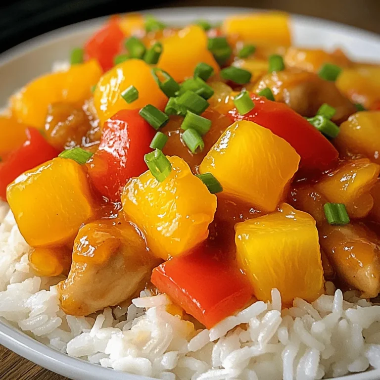 - 1 lb boneless, skinless chicken thighs - 1 cup assorted bell peppers (red, yellow, green) - 1 cup pineapple chunks - 1 medium onion - 2 cloves garlic - 1 tablespoon fresh ginger The main ingredients make this dish vibrant and tasty. Chicken thighs add rich flavor. Bell peppers bring color and crunch. Pineapple gives a sweet burst. Onion, garlic, and ginger create a fragrant base. - 1/2 cup freshly squeezed orange juice - 1/4 cup low-sodium soy sauce - 1/4 cup apple cider vinegar - 1/4 cup honey or maple syrup - 2 tablespoons cornstarch - 1/4 cup cold water The sauce is the heart of sweet and sour chicken. Orange juice adds brightness. Soy sauce gives depth, while vinegar adds tang. Honey or maple syrup balances the taste. Cornstarch thickens the sauce for a silky finish. - Steamed rice or fluffy quinoa - Optional garnishes (green onions, sesame seeds) Serve sweet and sour chicken over rice or quinoa for a filling meal. Add green onions and sesame seeds for a pop of flavor and color. This dish looks as good as it tastes! For the full recipe, check out the Zesty Pineapple Sweet and Sour Chicken. First, grab a medium mixing bowl. In it, whisk together these ingredients: - 1/2 cup freshly squeezed orange juice - 1/4 cup low-sodium soy sauce - 1/4 cup apple cider vinegar - 1/4 cup honey or pure maple syrup - 2 cloves garlic, finely minced - 1 tablespoon fresh ginger, finely minced Whisk until everything is mixed well. This will give you a tasty base for your dish. Set the sauce aside to let the flavors blend. Next, you need to create a cornstarch slurry. In a small bowl, mix: - 2 tablespoons cornstarch - 1/4 cup cold water Stir until the mixture is smooth. This step is key. It will help thicken the sauce later. Now, heat 2 tablespoons of vegetable oil in a large skillet or wok over medium-high heat. Make sure the oil is hot enough for cooking. While the oil heats, season 1 lb of boneless, skinless chicken thighs with salt and pepper. Cut them into bite-sized pieces. Once the oil is hot, add the chicken to the skillet. Cook for 5-7 minutes, stirring often. You want the chicken to turn golden brown and be cooked through. Next, toss in 1 medium coarsely chopped onion and 1 cup of assorted diced bell peppers. Sauté these for about 3-4 minutes. The veggies should start to soften and smell great. Now, pour the prepared sauce over the chicken and vegetables. Bring it to a gentle simmer. Cook everything for an additional 3-5 minutes. This helps the sauce thicken nicely. Last, carefully fold in 1 cup of pineapple chunks. Let them heat through for about 2 minutes. This adds a sweet touch to your dish. Serve hot over steamed rice or fluffy quinoa. Enjoy your flavor-packed meal! For a complete guide, check the Full Recipe. To make sweet and sour chicken taste great, start by seasoning the chicken well. Use salt and pepper. This simple step brings out the best flavor. Next, let the sauce ingredients meld together. This allows the flavors to mix and deepen. Wait at least 15 minutes before using the sauce. The longer you let it sit, the better it tastes. When cooking the chicken, heat the oil until it is hot. Medium-high heat works best for searing. This gives the chicken a nice brown color. It also seals in the juices. For the sauce, keep an eye on the consistency. You want it thick enough to coat the chicken but not too thick. Stir often while it cooks. This helps avoid burning and ensures even cooking. A great dish looks as good as it tastes. When serving, use fresh garnishes. Chopped green onions or sesame seeds add color and crunch. Arrange the sweet and sour chicken over a bed of rice or quinoa. This makes it look appealing. You can also place pineapple chunks on top for a fun touch. Serve it hot and enjoy the vibrant flavors! For the full recipe, check out the Full Recipe section. {{image_4}} You can play with the main ingredients in sweet and sour chicken. For a fun twist, try using tofu or shrimp instead of chicken. Tofu absorbs flavors well and adds a nice texture. Shrimp cooks quickly and brings a seafood flair to the dish. You can also mix in different vegetables. Zucchini adds a mild taste and a nice crunch. Snap peas bring a sweet, crisp bite that complements the dish. Feel free to experiment with what you have on hand! Adjusting the sweetness of your sauce can change the whole dish. You can add more honey or maple syrup if you like it sweeter. For a tangier taste, cut back on the sweeteners. Changing the vinegar can also alter the flavor. Apple cider vinegar gives a fruity note, while rice vinegar offers a milder tang. Experiment with different options to find your favorite balance! Sweet and sour chicken has many regional adaptations. In China, you might find the dish with a thicker sauce and more vegetables. In the United States, it often comes with bell peppers and pineapple. Other cuisines add unique twists, too. In Thailand, they might use tamarind for a different sour flavor. Each version highlights local ingredients and flavors. Don't hesitate to try these variations for a new taste experience! Store your sweet and sour chicken in an airtight container. This helps keep the dish fresh. Leftovers can last up to four days in the fridge. Always let the chicken cool down before sealing it. To freeze sweet and sour chicken, place it in a freezer-safe container. Make sure to remove as much air as possible. It can stay in the freezer for up to three months. When you’re ready to eat, thaw it overnight in the fridge. Reheat it in a skillet over medium heat until warm. You can prep the chicken and sauce ahead of time. Store them separately in your fridge. This makes it easy to assemble a meal during the week. To reheat, warm the chicken in a skillet. Then, add the sauce and cook until heated through. This way, you can enjoy a quick, homemade meal any night! Sweet and sour chicken uses simple and tasty ingredients. The main items include chicken, bell peppers, and pineapple. You can also find onion, garlic, and ginger in the mix. To make the sauce, we use orange juice, soy sauce, and vinegar. Honey or maple syrup adds sweetness. Cornstarch thickens the sauce, giving it a nice texture. Cooking methods usually involve frying or stir-frying the chicken. This helps give it a golden color and a yummy flavor. Making sweet and sour chicken healthier is easy with a few swaps. You can reduce sugar by cutting the honey or maple syrup. Try using less soy sauce for lower sodium. You can also choose skinless chicken to cut down on fat. Adding more vegetables boosts nutrition. Think about using broccoli, snap peas, or carrots. Instead of frying, try baking or grilling the chicken. This keeps it juicy without added oil. Yes! You can make sweet and sour chicken plant-based. Use tofu or tempeh instead of chicken. These options soak up flavors well. For the sauce, all the ingredients work great. You can use agave syrup or date syrup for sweetness. Add plenty of veggies like bell peppers and zucchini for color and nutrients. This way, you keep the dish vibrant and tasty. Sweet and sour chicken can last about 3 to 4 days in the fridge. Always store it in an airtight container. This helps keep it fresh and safe to eat. If you notice any off smells or changes in color, it’s best to toss it. Always reheat it well before eating. For longer storage, you can freeze the dish. It stays good for about 2 to 3 months in the freezer. To thaw, leave it in the fridge overnight. Then, reheat it on the stove or in the microwave. For a full recipe, check out the detailed instructions for this delicious dish! Sweet and sour chicken is a fun dish to make at home. You learned about the main ingredients, including chicken thighs, bell peppers, and pineapple. The sauce mixes flavors well with orange juice and honey. I shared tips to help you cook it right, like proper seasoning and cooking techniques. You can even swap ingredients for a twist. With the right storage, your leftovers will stay fresh. Enjoy cooking and get creative with this dish for your next meal!