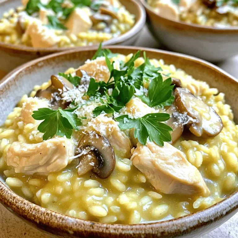 - 1 cup Arborio rice - 1 lb chicken breast, diced into bite-sized pieces - 8 oz mushrooms, sliced (preferably cremini or button) - 1 small onion, finely chopped - 2 cloves garlic, minced - 4 cups chicken broth, preferably low-sodium - 1 cup unsweetened almond milk - 1/2 cup Parmesan cheese, freshly grated - 2 tablespoons olive oil - 2 tablespoons butter, divided - Salt and freshly ground black pepper, to taste - Fresh parsley, chopped, for garnish Gather these ingredients before you start. Each one plays a big role in making your risotto creamy and tasty. Arborio rice is key for that perfect texture. Chicken breast brings protein and flavor. Mushrooms add a rich taste that pairs well with the chicken. Onions and garlic give a nice base flavor that you will love. For extra creaminess, we use almond milk and Parmesan cheese. The olive oil and butter help with cooking and add richness. Finally, salt, pepper, and parsley will enhance the dish's overall flavor and make it look beautiful on the plate. Make sure you have everything ready. This will help you cook smoothly. Check out the full recipe for more details on how to put it all together! First, heat the chicken broth in a medium saucepan over medium heat. Warm it until hot but not boiling. This keeps the broth ready for the risotto. When warm, reduce the heat to low. Keeping the broth warm helps the rice cook evenly. In a large skillet, add the olive oil and 1 tablespoon of butter. Heat it over medium heat until the butter melts. Then, add the diced chicken. Season it with salt and pepper. Cook the chicken for 5 to 7 minutes. Stir it often until it turns golden brown. Remove the chicken from the skillet and set it aside on a plate. Using the same skillet, add the remaining tablespoon of butter. When it melts, add the chopped onion and minced garlic. Sauté these for 3 to 4 minutes. Stir until the onions turn soft and fragrant. Next, add the sliced mushrooms. Cook them for about 5 minutes, stirring occasionally. This step brings out rich flavors that heighten the dish. Now, it’s time to toast the rice. Stir in the Arborio rice, making sure every grain is coated with oil. Cook the rice for 1 to 2 minutes, letting it toast lightly. This adds depth to the flavor. Begin adding the warm chicken broth one ladleful at a time. Stir often and let the rice soak it up before adding more. This process takes about 15 to 20 minutes, which is key for the creamy risotto texture. Once the rice is creamy and al dente, pour in the almond milk. Stir well and cook for an extra 5 minutes. Keep stirring until the risotto reaches your desired creaminess. Gently fold in the cooked chicken and freshly grated Parmesan cheese. Mix everything until well combined. Taste the risotto and adjust the seasoning with salt and pepper if needed. After cooking, remove the skillet from heat. Let the risotto rest for 2 to 3 minutes. This resting time allows the flavors to blend well. Serve it warm and enjoy this creamy delight! For the complete recipe, check out the Full Recipe. To make a creamy risotto, you must stir often. Stirring helps release the rice's starch. This starch makes the risotto rich and velvety. You should also add broth slowly. Pour in one ladle at a time. Let the rice soak up the broth before adding more. This step is key for the best texture. Arborio rice is the best choice for risotto. It has a high starch content, which helps create creaminess. If you can't find Arborio, you can use Carnaroli or Vialone Nano. These options are also great for making risotto. They have similar properties that give the dish its classic texture. To boost flavor, add herbs and spices. Fresh thyme or rosemary works well. You can also stir in a bit of garlic powder. Using homemade broth is best. It adds a fresh taste to your risotto. Store-bought broth works too, but it may lack depth. For a richer flavor, you might add a splash of white wine while cooking. This small step can elevate your dish. For more details, check the Full Recipe for Chicken and Mushroom Risotto. {{image_4}} You can make a great vegetarian version of this dish. Use vegetable broth instead of chicken broth. For the protein, swap out the chicken with cooked lentils or chickpeas. These will add flavor and texture. You can also add seasonal vegetables. Think of asparagus in spring or pumpkin in fall. They will add color and nutrition to your risotto. If you want more protein, try adding shrimp or sausage. For shrimp, cook them quickly, just until they turn pink. If using sausage, slice it and cook it with the chicken. This gives a rich flavor and a hearty texture. Make sure to cook them well before adding to the risotto. To boost the flavor, try different broth types. Mushroom broth gives a deep, earthy taste. You can also add a splash of white wine. This adds a layer of complexity to the dish. Just let the wine cook off before adding your broth. It makes a big difference in taste. To keep your risotto fresh, place it in the fridge within two hours. Use a shallow dish for best results. This helps cool it quickly and evenly. Cover the dish tightly with plastic wrap or a lid. Proper storage keeps your risotto tasty for up to three days. When reheating, add a splash of chicken broth or almond milk. This keeps the risotto creamy. Heat on low in a saucepan, stirring often. Avoid high heat to prevent overcooking. If using a microwave, cover it loosely. Stir every minute to warm it evenly. To freeze risotto, let it cool completely first. Scoop it into freezer-safe bags or containers. Press out as much air as possible before sealing. It can last up to three months in the freezer. When ready to eat, thaw it overnight in the fridge. Reheat gently in a pan, adding a bit of liquid to restore creaminess. If you're looking for more tips, check out the Full Recipe for Chicken and Mushroom Risotto! Yes, you can use regular milk. However, it may change the taste. Almond milk has a nutty flavor that adds a nice twist. If you want a creamier texture, try whole milk or cream. Each choice brings a unique taste and texture to your risotto. The risotto is done when the rice is creamy and slightly firm. You want it to be al dente, which means it has a little bite to it. Stir frequently as you cook. Taste the rice around the 15-minute mark to check its texture. The perfect risotto should feel smooth and luscious. You can add many tasty things to risotto. Herbs like thyme or rosemary work well. You can also mix in peas, spinach, or roasted red peppers. For a kick, add some fresh lemon juice or zest. Each addition enhances the flavor and makes your dish unique. Yes, risotto is gluten-free. The main ingredient, Arborio rice, does not contain gluten. Always check the broth for any hidden gluten. Most chicken broth is safe, but it’s good to check the label. This makes risotto a great option for those with gluten sensitivities. You can prepare risotto ahead of time. However, it is best served fresh. If you make it early, let it cool and store it in the fridge. When you're ready to serve, add a little broth as you reheat it. This helps to regain the creamy texture. You can find the full recipe for Chicken and Mushroom Risotto [here](#). This will guide you through each step for a creamy, delightful dish. Enjoy cooking! In this guide, we explored how to make Chicken and Mushroom Risotto. We covered key ingredients like Arborio rice, chicken, and mushrooms. I explained the cooking steps, tips for creaminess, and variations to try. Don’t forget to store leftovers correctly for later enjoyment. With practice, you’ll master risotto and impress family and friends. Enjoy your cooking adventure!