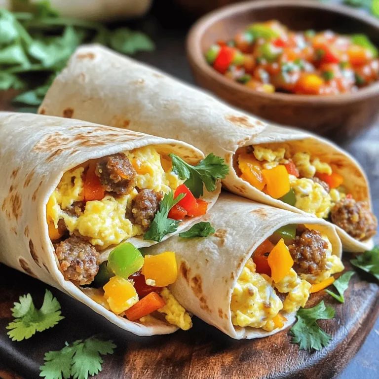 - 4 large eggs - 1 cup cooked breakfast sausage, crumbled - 1/2 cup bell pepper, diced - 1/4 cup onion, finely diced - 1/2 cup shredded sharp cheddar cheese - 4 large flour tortillas - 1/4 cup salsa (for serving) - Fresh cilantro (for garnish) - Additional spices or hot sauce Let me share the key ingredients for these breakfast burritos. First, you need four large eggs. They provide a fluffy base. Next, grab a cup of cooked breakfast sausage. Crumbling it adds a great taste. For color and crunch, use half a cup of diced bell pepper. You can pick any color you like! Don't forget a quarter cup of finely diced onion. It boosts flavor and adds sweetness. Plus, you'll want half a cup of shredded sharp cheddar cheese. This cheese melts nicely and makes everything creamy. Finally, you'll need four large flour tortillas. They hold all the goodness together. For extra fun, add optional ingredients like salsa or fresh cilantro. These can enhance flavor and make your burritos pop! If you like heat, sprinkle in some spices or hot sauce. Check out the Full Recipe for more details on preparation! - Whisk the eggs and season: Start by cracking the 4 eggs into a bowl. Add 2 tablespoons of milk. Whisk until blended. Add a pinch of salt and some black pepper for taste. - Sauté onion and bell pepper: Heat 1 tablespoon of olive oil in a skillet over medium heat. Add 1/4 cup of diced onion and 1/2 cup of diced bell pepper. Cook for 3-4 minutes until they soften. - Add crumbled sausage to the skillet: After the veggies are soft, stir in 1 cup of crumbled breakfast sausage. Cook for another 2-3 minutes until the sausage is warm and a bit brown. - Scramble the eggs in the mixture: Push the sausage and veggies to one side of the skillet. Pour the whisked eggs into the empty side. Stir gently with a spatula until the eggs are scrambled and fluffy, about 3-4 minutes. - Warm tortillas and fill with mixture: Remove the skillet from heat. Warm 4 large flour tortillas in a separate skillet for about 15 seconds on each side. Spoon the sausage and egg mixture down the center of each tortilla. - Roll and toast the burritos (optional): Fold in the sides of the tortilla, then roll it up tightly. If you like, place the burritos seam side down in the skillet for 1-2 minutes until golden brown. This gives them a nice crispy finish. By following these steps, you'll have a delicious breakfast ready to enjoy! For more details, check out the Full Recipe. - How to achieve perfectly scrambled eggs: Start with fresh eggs and whisk them well. Mix in a splash of milk for creaminess. Heat your skillet on medium-low. Pour in the eggs and let them sit for a moment before gently stirring. This helps create soft, fluffy curds. Remove from heat just before they look done; they'll continue to cook. - Ensuring even cooking of sausages and veggies: Cut your sausages and veggies into uniform pieces. This ensures they cook at the same rate. Sauté over medium heat, stirring often. This helps prevent burning and allows for even browning. - Best side dishes to pair with breakfast burritos: Serve your burritos with crispy hash browns or a fresh fruit salad. You could also try a side of yogurt with honey for a sweet touch. These sides add balance and flavor to your meal. - Ideas for sauces and dips for enhanced flavor: Salsa is a classic choice, but you can try guacamole or sour cream too. For a spicy kick, add your favorite hot sauce or a drizzle of chipotle sauce. These options bring extra zest to your breakfast. - Solutions for overcooked eggs: If your eggs turn dry or rubbery, add a bit of butter or cream. This can help restore some moisture. You can also mix in some cheese while the eggs are still warm. It will add creaminess. - How to keep tortillas from tearing: Always warm your tortillas before filling. Use a skillet or microwave for a few seconds. This makes them soft and pliable, preventing tears when you roll them up. If you still have trouble, try using thicker tortillas for added strength. {{image_4}} You can swap out the sausage for different meats. Turkey sausage works well if you want a lighter option. If you prefer veggies, try using crumbled veggie sausage. This change keeps the taste but cuts down on fat. For cheese, you have many choices. Cheddar adds a nice sharp flavor, but you could use pepper jack for a spicy twist. Creamy mozzarella or crumbly feta also make great substitutes. Each cheese gives a unique taste to your burrito. To boost the flavor, think about adding spices. A pinch of cumin or smoked paprika can add warmth. Fresh herbs like cilantro or parsley brighten up the dish. Try mixing in a dash of hot sauce for more heat. You can also add veggies for extra nutrition. Spinach or kale can be folded in easily. Diced tomatoes or avocado add freshness and creaminess. These simple changes make your burritos even better. If you're feeling creative, turn your burrito into a bowl. Skip the tortilla and serve the filling over rice or salad. This makes a hearty meal that is still easy to enjoy. You can also make mini burritos. Just use smaller tortillas for quick snacks or kids’ meals. They are fun to eat and great for lunch boxes. You get all the flavors but in a bite-sized treat. For the full recipe, check out the Sizzling Sunrise Sausage Breakfast Burritos. To keep your burritos fresh, wrap them in foil or plastic wrap. Place them in an airtight container. This method helps keep them tasty for up to three days in the fridge. If you want to store them longer, freeze them. Just wrap each burrito tightly. Place them in a freezer bag, removing as much air as possible. They can last for up to three months in the freezer. When it’s time to eat, you want these burritos warm without losing moisture. The best way to reheat them is in the oven. Set your oven to 350°F (175°C). Place the wrapped burritos on a baking sheet and heat for about 15-20 minutes. You can also use the microwave for a quick fix. Heat them for 1-2 minutes, checking to avoid drying them out. For a crispy finish, try a skillet. Heat each burrito on medium for about 2-3 minutes per side. This way, you get a warm inside and a nice crunch on the outside. Check out the Full Recipe to make your own Easy Sausage Breakfast Burritos! How long do breakfast burritos last in the fridge? Breakfast burritos can last about 3 to 4 days in the fridge. Store them in an airtight container to keep them fresh. Can I make breakfast burritos ahead of time? Yes, you can make breakfast burritos ahead of time. Prepare the filling and roll the burritos. Then, wrap them tightly in foil or plastic wrap. This makes for a quick breakfast option. What is the best way to freeze burritos? To freeze burritos, wrap each one in parchment paper first. Then, place them in a freezer bag. This helps keep them fresh for up to 3 months. Can I use other proteins besides sausage? Absolutely! You can use turkey sausage, bacon, or even chicken. For a meat-free option, try black beans or tofu. What can I serve with breakfast burritos? Breakfast burritos pair well with fresh fruit, hash browns, or a simple salad. You can also serve them with salsa, avocado, or hot sauce for extra flavor. Is it possible to make a vegetarian version? Yes, you can make a vegetarian version of breakfast burritos. Use scrambled eggs, cheese, and your favorite veggies like spinach, mushrooms, or bell peppers. You can also add beans for protein. For the full recipe, refer to the Sizzling Sunrise Sausage Breakfast Burritos. You now have a solid guide for making delicious sausage breakfast burritos. We covered the main ingredients, step-by-step instructions, and helpful tips. You can customize your burritos to suit any taste. Remember to store leftovers properly and reheat them for the best experience. Whether you enjoy them for breakfast or a quick snack, these burritos are easy and fun to make. Get creative and enjoy your meal!