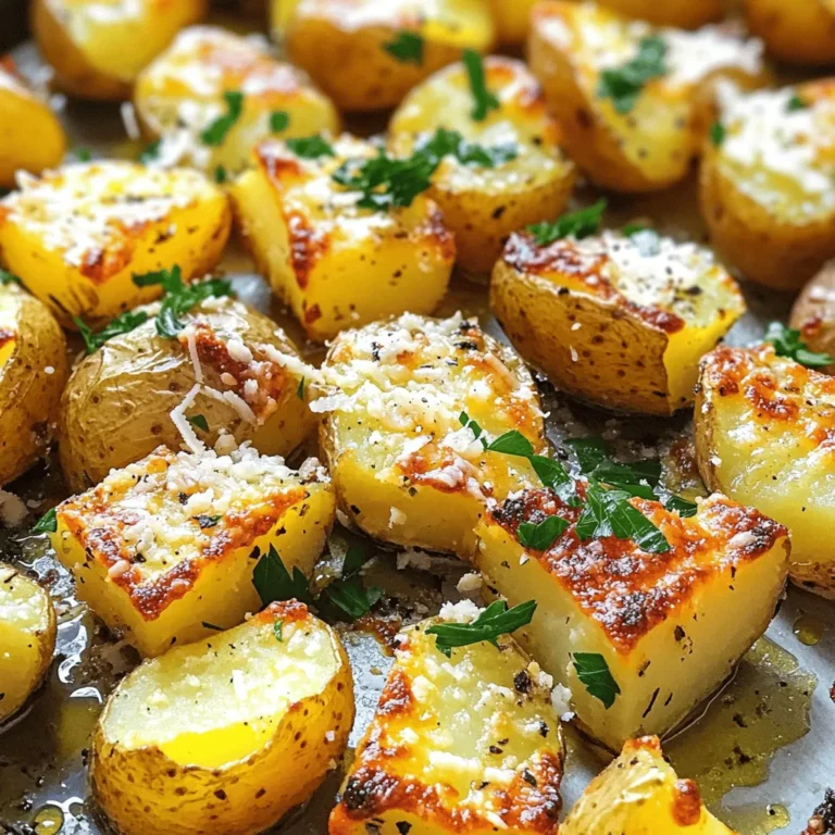 To make crispy garlic Parmesan potatoes, you need fresh and simple ingredients. Using high-quality items makes a big difference in flavor. Here’s what you will need: - 1.5 lbs baby potatoes, halved - 4 tablespoons extra virgin olive oil - 4 cloves garlic, finely minced - ½ cup freshly grated Parmesan cheese - 1 teaspoon dried oregano - 1 teaspoon sweet paprika - Freshly ground salt and pepper to taste - Fresh parsley, finely chopped (for garnish) These ingredients blend together to create a delightful taste. Baby potatoes are small and tender, which makes them perfect for roasting. Olive oil adds a rich flavor while helping the potatoes crisp up nicely. Garlic gives an aromatic kick that pairs well with Parmesan cheese. Parmesan cheese adds a savory, nutty taste. Dried oregano adds an earthy note, while sweet paprika brings warmth and a hint of sweetness. Salt and pepper enhance all these flavors, making every bite delicious. Don’t forget to top them with fresh parsley! It gives a pop of color and a fresh taste. You can find the full recipe for crispy garlic Parmesan potatoes [Full Recipe]. Enjoy making these tasty bites! First, you need to preheat your oven to 425°F (220°C). This high heat helps the potatoes become crispy. Make sure the oven is fully heated before you put the potatoes in. Next, take 1.5 lbs of baby potatoes and cut them in half. In a large bowl, mix the halved potatoes with 4 tablespoons of extra virgin olive oil. Add 4 cloves of finely minced garlic, 1 teaspoon of dried oregano, and 1 teaspoon of sweet paprika. Sprinkle in salt and pepper to taste. Use your hands or a spoon to mix everything well. Each potato should have a nice coat of flavor. Now, grab a baking sheet and line it with parchment paper. This step makes cleanup easy. Spread the potatoes out in a single layer. Do not overcrowd them; this helps them roast evenly. Place the baking sheet in your preheated oven. Roast the potatoes for 25-30 minutes. Flip them halfway through the time. This ensures they brown and crisp up nicely. When the potatoes look golden and crispy, take them out of the oven. Immediately, sprinkle ½ cup of freshly grated Parmesan cheese over the hot potatoes. This will make them cheesy and even more delicious. Put the baking sheet back in the oven for 5 more minutes. This last bake melts the cheese and makes it a little crispy. Once done, remove the potatoes and let them cool for a couple of minutes. Garnish with finely chopped fresh parsley before serving. Enjoy your crispy garlic Parmesan potatoes! For the complete recipe, check the Full Recipe section. To get your potatoes nice and crispy, start with a hot oven. Preheat it to 425°F (220°C). Cut your baby potatoes in half, as smaller pieces cook faster and crisp up better. Toss them well with olive oil, garlic, and seasonings. Make sure each potato gets a good coating. Spread the potatoes out on the baking sheet. If they’re too close, they’ll steam instead of roast. Flip them halfway through cooking for even browning. This gives you that perfect crispiness. For more flavor, try adding herbs. Fresh rosemary or thyme works great. You can also mix in some grated lemon zest for a fresh kick. Sweet paprika gives a nice color and mild flavor. Want a bit of heat? Add a pinch of cayenne pepper. Don’t forget the cheese! Parmesan melts beautifully on hot potatoes, adding a savory touch. Use freshly grated cheese for the best results. Serve your crispy garlic Parmesan potatoes warm. A rustic bowl or platter makes a lovely presentation. For a pop of color, add some chopped fresh parsley on top. You can pair these potatoes with grilled chicken, steak, or roasted veggies. They also work as a tasty snack or appetizer. For a fun twist, serve them with a dipping sauce like ranch or garlic aioli. Check out the Full Recipe for more details on making these delicious bites! {{image_4}} You can change up the herbs to suit your taste. Fresh rosemary or thyme adds great flavor. You might also try dried basil or parsley for a mild twist. Mixing herbs can create a new taste. Experimenting makes the dish fun and unique. Want to turn up the heat? Add a pinch of cayenne pepper or red pepper flakes. This will give your potatoes a spicy kick. If you prefer mild flavors, skip the heat. You can always add hot sauce when serving for those who enjoy it. Parmesan is great, but other cheeses work well too. Try using aged cheddar for a sharp taste. Feta cheese can add a tangy flavor. You could also use a dairy-free cheese if you want a vegan option. Mixing cheeses can lead to delicious surprises. For the full recipe, check out the Crispy Garlic Parmesan Potatoes 🥔🧄 section. To keep your crispy garlic Parmesan potatoes fresh, place them in an airtight container. Make sure they cool down first. Store them in the fridge for up to three days. This keeps them tasty and safe to eat later. To reheat, you can use the oven or a skillet. For the oven, set it to 400°F (200°C). Spread the potatoes on a baking sheet and heat for about 10-15 minutes. This helps them stay crisp. If using a skillet, heat over medium heat for 5-7 minutes, stirring gently. It warms them evenly without losing crunch. Freezing these potatoes is possible, but they may lose some crispness. Let them cool completely before freezing. Use a freezer-safe bag or container. They can last up to two months in the freezer. To enjoy them, thaw in the fridge overnight and reheat as mentioned above. For the full recipe, check back to see how to make these flavorful potatoes! To make crispy garlic Parmesan potatoes, first, preheat your oven to 425°F (220°C). Next, wash and halve 1.5 lbs of baby potatoes. In a large bowl, mix the potatoes with 4 tablespoons of extra virgin olive oil, 4 minced garlic cloves, 1 teaspoon of dried oregano, 1 teaspoon of sweet paprika, and salt and pepper to taste. Toss well. Spread them on a lined baking sheet, ensuring they are in a single layer. Roast for 25-30 minutes, flipping halfway through. When golden, add ½ cup of grated Parmesan cheese on top and return to the oven for 5 more minutes. Finally, garnish with fresh parsley before serving. Check out the Full Recipe for all the details! Yes, you can use different types of potatoes. While baby potatoes work great, you can use Yukon Gold, red potatoes, or fingerling potatoes. Each type will give a slightly different taste and texture. Just remember to cut them into similar sizes for even cooking. This recipe is naturally gluten-free, so you can enjoy it without worry. The ingredients do not include any gluten. Always check the labels on your seasoning and Parmesan cheese to confirm they are gluten-free. Crispy garlic Parmesan potatoes pair well with many dishes. Serve them alongside grilled chicken, roasted vegetables, or a fresh salad. They also make a great side for steak or fish. You can also use them as a base for toppings like sour cream or fresh herbs. You learned how to make crispy garlic Parmesan potatoes using simple steps and ingredients. The right seasonings, like oregano and paprika, add great flavor. Remember, you can customize with herbs and spices to suit your taste. Store leftovers well and enjoy them later. This dish is perfect for any meal. Now, it's time to try this tasty recipe and impress your family or friends. Enjoy every bite!
