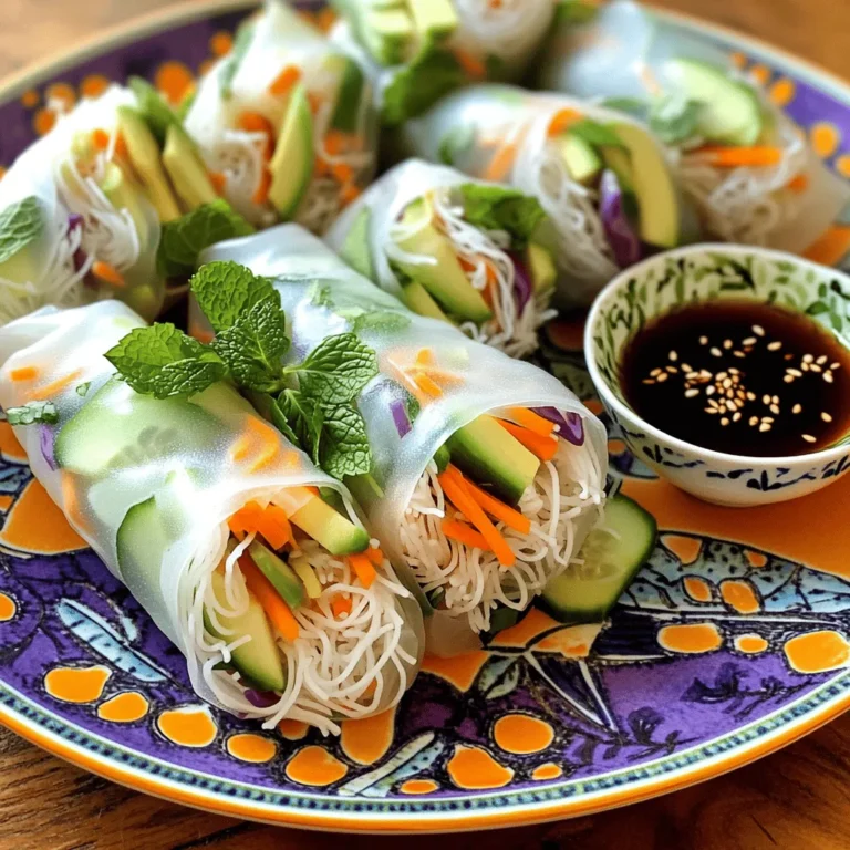 To make tasty rice paper spring rolls, you need fresh and colorful ingredients. Here’s what I use: - 10 rice paper wrappers - 1 cup cooked vermicelli noodles - 1 cup shredded carrots - 1 cucumber, julienned - 1 cup purple cabbage, thinly sliced - 1 ripe avocado, sliced - 1 cup fresh mint leaves - 1 cup fresh cilantro leaves - 1 cup cooked shrimp or tofu (optional) These ingredients create a vibrant mix that makes each bite exciting. You can customize your spring rolls. Consider using these fillings: - Sliced bell peppers - Cooked chicken or beef - Mushrooms - Fresh herbs like basil or parsley - Sliced radishes - Bean sprouts Feel free to mix and match these options to suit your taste. A great dipping sauce makes your spring rolls shine. Here’s what you’ll need: - 1/4 cup soy sauce - 2 tablespoons sesame oil - 1 tablespoon lime juice - 1 tablespoon honey or agave syrup - Salt and pepper to taste This sauce brings a burst of flavor that pairs perfectly with the rolls. You can adjust the sweetness or saltiness to fit your taste. For the full recipe, please refer to the provided details. Enjoy your spring roll adventure! Start by cooking your shrimp or tofu. If you choose shrimp, boil water in a pot. Add the shrimp and cook for about 2-3 minutes. They should turn pink and opaque. Drain the shrimp and let them cool. If you prefer tofu, cut it into small cubes. You can pan-fry them in oil until golden or bake them at 400°F for 15-20 minutes until crisp. Allow them to cool before using. Next, cook the vermicelli noodles. Follow the package instructions for best results. Once they are cooked, drain them well. Rinse them under cold water. This will stop the cooking process and keep the noodles from sticking together. For the dipping sauce, grab a small mixing bowl. Whisk together soy sauce, sesame oil, lime juice, and honey or agave syrup. Taste the sauce. Adjust the seasoning with salt and pepper as needed. Set this flavorful sauce aside for later. Now, it’s time to soak the rice paper. Take a shallow dish and fill it with warm water. Dip one rice paper wrapper into the water for about 10-15 seconds. You want it to be pliable, but not too soft. Remove it from the water and lay it flat on a clean surface, like a cutting board. Begin filling your rolls! Near the bottom third of the rice paper, add a small handful of the cooked vermicelli noodles. Layer on shredded carrots, julienned cucumber, sliced purple cabbage, and avocado slices. Add fresh mint and cilantro leaves. If you want, include shrimp or tofu at this stage. To roll it up, fold the sides of the rice paper over the filling. Starting from the bottom, roll the wrapper upwards. Make sure the roll is snug, but be gentle to avoid tearing the wrapper. Continue this process until you use all the wrappers and filling. Enjoy your fresh and vibrant rice paper spring rolls! For the full recipe, check out the details above. Rolling rice paper takes a bit of practice. Here are some tips to help you out: - Soak lightly: Dip the rice paper in warm water for 10-15 seconds. It should be soft but not too wet. - Work quickly: Once soaked, lay the wrapper on a clean surface. The rice paper dries fast, so fill it right away. - Layer smart: Place your fillings in the bottom third of the wrapper. This gives you room to fold and roll. - Tight but not too tight: Roll the wrapper snugly. If you roll too tight, the paper may tear. You can adjust this recipe to fit your diet. Here are some easy swaps: - For gluten-free: Use tamari instead of soy sauce. - For a vegan option: Replace shrimp with extra tofu or add more veggies. - Nut-free needs: Skip any nuts in your dipping sauce or fillings. - Low-carb choice: Use lettuce instead of rice paper for a fresh wrap. Soggy rolls can ruin your meal. Here are ways to keep them crisp: - Don’t over-soak: Keep the soaking time to about 10-15 seconds. - Drain well: After soaking, lightly shake off excess water before filling. - Use dry fillings: Avoid using too much wet sauce or juicy veggies. - Serve fresh: Eat the rolls soon after making them for the best texture. For the full recipe, you can refer back to the earlier sections. Enjoy your tasty and fresh rice paper spring rolls! {{image_4}} You can easily make vegetarian or vegan rice paper spring rolls. Simply skip the shrimp or tofu. Instead, load the rolls with colorful veggies. Use ingredients like bell peppers, jicama, or sprouts. These add crunch and flavor. You can also add hummus or a nut spread for creaminess. Feel free to get creative with your fillings! Here are some fun ideas: - Sliced mango for sweetness - Grated beetroot for earthiness - Cooked lentils for protein - Fresh basil or cilantro for extra aroma - Sliced radishes for a peppery kick Mix and match these fillings to suit your taste. The more colorful your rolls, the more appealing they look! Different cultures have their own versions of spring rolls. For example, in Thailand, you find fresh spring rolls filled with herbs and seafood. In Vietnam, you might see rice paper rolls packed with grilled pork or seafood. In China, spring rolls often have a crispy wrapper filled with veggies and meat. Explore these styles and find your favorite! Keep any leftover ingredients in airtight containers. Store cooked vermicelli noodles in the fridge. Use them within three days for the best flavor. Fresh herbs like mint and cilantro go into water or a damp paper towel. Cover them lightly and place in the fridge. This keeps them fresh and vibrant. Store spring rolls in a single layer. Place them on a plate lined with parchment paper. Cover them with a damp cloth to keep them moist. If you stack them, the wrappers may stick together. You can keep these rolls in the fridge for one day. Enjoy them fresh for the best taste. Enjoy spring rolls cold or at room temperature. If you prefer to warm them, use a pan. Heat on low for a few minutes until warm. Avoid the microwave, as it makes them soggy. Always handle with care to keep the rolls intact. For more flavor, serve with dipping sauce when enjoying leftovers. To avoid tearing, soak the rice paper wrappers carefully. Dip them in warm water for 10-15 seconds. They should be soft but firm enough to hold. Don’t soak them too long. Place the wrapper on a clean surface, and fill it gently. Roll tightly but not too tight. This keeps them intact. Yes, you can prepare rice paper spring rolls in advance. Make the rolls up to a few hours before serving. Store them on a plate, covered with a damp cloth. This keeps them from drying out. If you make them too early, the rice paper may harden. Many sauces pair well with spring rolls. Here are the most popular options: - Peanut sauce - Hoisin sauce - Soy sauce - Sweet chili sauce - Spicy Sriracha sauce Each sauce adds a unique flavor. Feel free to mix and match based on your taste! Yes! Rice paper spring rolls are generally gluten-free. The main ingredient, rice flour, does not contain gluten. Always check the packaging to ensure no gluten ingredients were added. If you avoid gluten, this is a safe and tasty option. To make rice paper spring rolls healthier, focus on fresh vegetables. Add more greens like spinach or kale. Use lean proteins like shrimp or tofu. You can skip heavy sauces or choose lighter options like lime juice or vinegar. This keeps the rolls flavorful but lower in calories. For a nutritious boost, add seeds or nuts! For the full recipe, check out the Fresh & Vibrant Rice Paper Spring Rolls. Rice paper spring rolls are easy and fun to make. We covered key ingredients, from shrimp to sauces. You learned step-by-step how to prepare and roll these delicious treats. Plus, I shared tips to prevent soggy rolls and suggested fun variations. Remember, these rolls are full of fresh flavors and can fit any diet. Enjoy making them your own. With practice, you'll master the art of rolling. Now, grab your ingredients and start your spring roll journey!