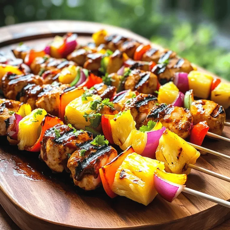 - 1 lb chicken breast, cut into 1-inch cubes - 1 cup fresh pineapple, cut into 1-inch cubes - 1 bell pepper (red or yellow), cut into 1-inch pieces - 1 medium red onion, cut into wedges - 1/2 cup BBQ sauce (store-bought or homemade) - 2 tablespoons olive oil - 1 teaspoon garlic powder - 1 teaspoon smoked paprika - Salt and pepper to taste - Skewers - Grill or grill pan When I gather the ingredients for Pineapple BBQ Chicken Kabobs, I start by choosing fresh items. Fresh chicken breast is key for moist kabobs. I prefer ripe pineapples for the best flavor. Bell peppers give a nice crunch and color. Red onion adds a sweet bite. For the BBQ sauce, choose your favorite brand or make your own. Next, I prepare the marinade. I mix olive oil with garlic powder and smoked paprika. This mix is simple but packs a punch. A dash of salt and pepper balances all the flavors. I coat the chicken pieces in this marinade, letting them soak up the goodness. For cooking, I use skewers. Wooden skewers need soaking in water first. This prevents them from burning on the grill. I heat my grill to medium-high. This ensures the kabobs cook evenly. Gathering these ingredients and tools makes the cooking process fun and easy. Check out the Full Recipe for detailed steps to create this mouthwatering dish! To start, you need to marinate the chicken. In a large mixing bowl, combine the chicken cubes with the BBQ sauce, olive oil, garlic powder, smoked paprika, salt, and pepper. This mix gives the chicken great flavor. Stir well until the chicken is fully coated. Cover the bowl and refrigerate it for at least 30 minutes. For the best taste, let it marinate for up to 2 hours. This step is key to making your kabobs delicious. After marinating, it's time to prepare the skewers. Take your skewers and start threading the ingredients. Alternate the marinated chicken with pieces of fresh pineapple, bell pepper, and red onion. Aim to have 3-4 pieces of chicken on each skewer, separated by a chunk of pineapple and either bell pepper or onion. This mix not only looks good but also tastes amazing. It adds sweet and savory flavors to each bite. Next, you need to grill the kabobs. Preheat your grill to medium-high heat. If you are using a grill pan, heat it over medium heat and lightly brush it with oil to prevent sticking. Once the grill is hot, place the skewers on the grates. Grill the kabobs for about 10-12 minutes. Turn them every few minutes for even cooking. The chicken is done when it reaches 165°F (75°C) and has nice grill marks. For the last 2-3 minutes of grilling, brush more BBQ sauce on the kabobs. This makes them extra tasty and gives a nice caramelized look. After grilling, carefully remove the kabobs and let them rest for a minute before serving. This helps keep the juices inside. Enjoy your Pineapple BBQ Chicken Kabobs! For the complete recipe, check out the Full Recipe section. To get great grill marks, heat your grill to medium-high. Use a meat thermometer to check the chicken. Aim for 165°F (75°C). This ensures your chicken is safe to eat. To avoid overcooking, turn the kabobs every few minutes. This helps them cook evenly without drying out. You can mix up the marinade for more flavor. Try adding soy sauce or ginger for a twist. If you want a spicy kick, add hot sauce to the BBQ sauce. For the best BBQ sauce, choose one with a balance of sweet and tangy. This will complement the pineapple well. When serving, place the kabobs on a large platter. Add extra pineapple slices for color and taste. For a nice touch, sprinkle chopped cilantro or parsley on top. This adds freshness and vibrancy. Pair the kabobs with fluffy rice or a crisp salad to complete your meal. Don't forget to check out the Full Recipe for more details! {{image_4}} You can switch up the meat in these kabobs. Shrimp works great for a quick cook. Just marinate them the same way as chicken. You can also use tofu for a vegetarian option. Cut the tofu into cubes and press it to remove extra water. Then, marinate it like the chicken. This gives you a tasty, meat-free kabob. Adding more fruits and veggies can take these kabobs to the next level. Try using mango or zucchini for a twist. You can even toss in cherry tomatoes for a burst of flavor. If you like heat, add jalapeños or a spicy marinade. This will bring a nice kick to your kabobs. While grilling is classic, you can also bake these kabobs in the oven. Preheat your oven to 400°F (200°C). Place the skewers on a baking sheet and cook for about 20 minutes. Turn them halfway for even cooking. Air frying is another option. Set your air fryer to 400°F (200°C) and cook for 10-12 minutes. Both methods will give you juicy kabobs. Check the [Full Recipe] for more details! To store leftovers, place kabobs in an airtight container. This keeps them fresh and tasty. You can store them in the fridge for up to three days. If you want to enjoy them later, freezing is a great option. When reheating kabobs, keep the texture in mind. The best way to reheat is on the stove or grill. This helps maintain their juiciness. You can use a microwave too, but it may not keep them as tasty. If you use the microwave, heat in short bursts to avoid overcooking. You can freeze kabobs for up to three months. To freeze, wrap them tightly in plastic wrap. Then, place them in a freezer bag. For best results, thaw them in the fridge overnight before reheating. This step helps them maintain their flavor and texture. Marinate the chicken for at least 30 minutes. If you have more time, go for 2 hours. This longer marination helps the chicken soak up the BBQ flavor. The more time it sits, the better it tastes. Yes, you can use wooden skewers. Make sure to soak them in water for about 30 minutes. This prevents burning while they grill. You can also use metal skewers if you have them. These kabobs go great with fluffy rice, fresh salads, or grilled veggies. You can also serve them with corn on the cob or a tangy coleslaw. These sides balance the sweet and savory flavors. Use a meat thermometer to check the chicken's internal temperature. It should reach 165°F (75°C). This ensures the chicken is safe to eat and juicy. Cook the kabobs on medium-high heat for even cooking. Yes, it is safe to eat frozen kabobs. Just make sure to thaw them in the fridge before grilling. This helps ensure they cook evenly. Always check that they reach the safe temperature. You can add shrimp, beef, or tofu instead of chicken. Mix in different veggies like zucchini or mushrooms. Experiment with fruits like peaches or mango for added sweetness. To make BBQ sauce, mix ketchup, brown sugar, vinegar, and spices. Simmer the mix on low heat for 20 minutes. Adjust flavors to your taste by adding more sugar or spices. This sauce will add a personal touch to your kabobs. For the full recipe, check the [Full Recipe]. Pineapple BBQ chicken kabobs are a tasty and fun dish to make. We covered key ingredients, like chicken and pineapple, and important steps, like marinating and grilling. I shared tips for perfect grill marks and flavor boosts. You can even try new proteins or cooking methods. Leftover kabobs can be stored easily, too. With these insights, you're ready to impress at your next cookout. Enjoy cooking and tasting!