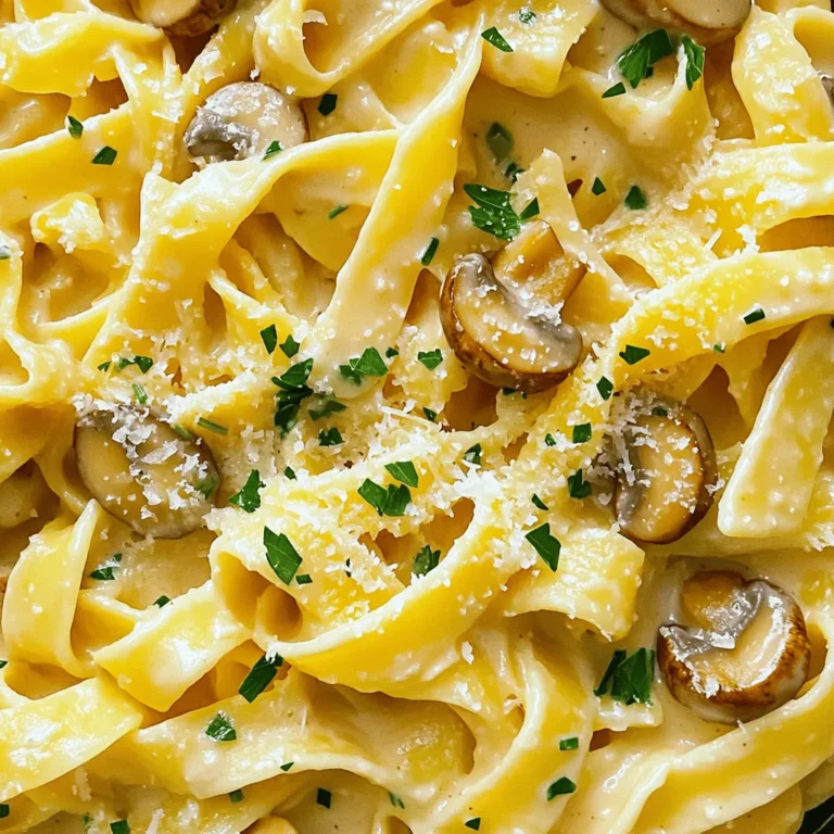 To make creamy garlic mushroom pasta, gather these items: - 12 oz (340g) fettuccine pasta - 2 tablespoons extra virgin olive oil - 3 cups fresh button mushrooms, sliced - 4 cloves garlic, finely minced - 1 cup heavy cream - 1 cup low-sodium vegetable broth - 1 teaspoon dried thyme - ½ teaspoon crushed red pepper flakes (optional) - Sea salt to taste - Freshly ground black pepper to taste - ½ cup freshly grated parmesan cheese - Fresh parsley, finely chopped (for garnish) You can swap some ingredients if needed: - Use penne or spaghetti instead of fettuccine. - Replace heavy cream with coconut cream for a dairy-free option. - Try shiitake or cremini mushrooms for a different flavor. - Use chicken broth in place of vegetable broth for a richer taste. - Nutritional yeast can replace parmesan cheese for a vegan dish. This creamy garlic mushroom pasta is rich and filling. Here’s a quick look at its nutrition: - Calories: About 600 per serving - Protein: Approximately 15g per serving - Carbs: Around 60g per serving - Fat: Roughly 30g per serving - Fiber: About 3g per serving This dish offers a good balance of flavors and nutrients. You can enjoy a hearty meal without guilt. For the full recipe, check out the cooking instructions above! Start by boiling a large pot of water. Make sure to add a good amount of salt; this helps the pasta taste better. Once the water is boiling, add 12 oz of fettuccine pasta. Cook according to the package directions until it is al dente. This usually takes about 8-10 minutes. When it’s done, drain the pasta but save about ½ cup of the water. Set the pasta aside. Next, grab a large skillet and heat 2 tablespoons of extra virgin olive oil over medium heat. When the oil is hot, add 3 cups of sliced button mushrooms. Sauté these for about 5-7 minutes. Stir them often until they turn golden brown and tender. Once they look good, add 4 cloves of finely minced garlic. Sauté for another 1-2 minutes. Be careful not to burn the garlic; it can get bitter. Now, it’s time to make the sauce. Pour in 1 cup of low-sodium vegetable broth and stir it into the mushrooms. Slowly add 1 cup of heavy cream while stirring. Bring the mixture to a gentle simmer. Then, season the sauce with 1 teaspoon of dried thyme, sea salt, and freshly ground black pepper. You can also add ½ teaspoon of crushed red pepper flakes if you want some heat. Let it simmer for about 5 minutes until it thickens a little. Stir in ½ cup of freshly grated parmesan cheese next. Let it melt into the sauce. Then, add the cooked fettuccine to the skillet. Toss gently to coat the pasta with the creamy sauce. If the sauce is too thick, mix in some reserved pasta water until it’s just right for you. Taste the dish and adjust the salt and pepper as needed. Serve the pasta right away. Garnish with fresh parsley and extra parmesan if you like. Enjoy your delicious creamy garlic mushroom pasta! For the full recipe, check [Full Recipe]. To get a smooth sauce, keep the heat low. When you add the cream, stir gently. This helps avoid lumps. If your sauce gets too thick, use reserved pasta water. This starchy water adds creaminess. Aim for a silky feel that clings to the pasta. One common mistake is cooking garlic too long. Garlic burns quickly and turns bitter. Add it only after mushrooms are golden. Another mistake is not seasoning enough. Taste your sauce before serving. Adjust salt and pepper to enhance flavor. Lastly, don't rush the simmering process. A good simmer allows flavors to meld. Add fresh herbs like basil or oregano for a pop of flavor. You can also sprinkle fresh thyme on top before serving. If you enjoy a hint of heat, try adding fresh chili or more red pepper flakes. These little tweaks can make a big difference in taste. {{image_4}} You can easily make this dish vegetarian or vegan. For a vegetarian twist, just skip the chicken or shrimp. Use vegetable broth for a rich flavor. To make it vegan, swap heavy cream for coconut cream or a plant-based cream. Nutritional yeast can replace parmesan for a cheesy taste without dairy. You can also add extra veggies like spinach or peas for more color and nutrients. Want to add protein? You can mix in cooked chicken or shrimp. For chicken, sauté bite-sized pieces until golden and cooked through. For shrimp, add them when you sauté the garlic to cook them just right. Both options add heartiness and flavor. You can even use cooked sausage or bacon for a different taste. If you're looking for a lighter pasta dish, consider some simple swaps. Use whole wheat fettuccine for more fiber. Swap heavy cream for Greek yogurt or a light cream. You can also cut down on cheese or use a lower-fat version. Adding more veggies, like zucchini or bell peppers, can keep it light while still being filling. These changes can help you enjoy a creamy dish without the extra calories. For the full recipe, check out Creamy Garlic Mushroom Fettuccine 🧄. To keep your creamy garlic mushroom pasta fresh, first let it cool. Then, place the leftovers in an airtight container. Store it in your fridge. It will stay good for up to three days. Make sure to label the container with the date. This helps you track how long it has been stored. When you're ready to enjoy the pasta again, reheat it gently. You can use the stove or microwave. If using the stove, add a splash of water or broth to the pan. This keeps the pasta creamy. Heat over low to medium heat, stirring often. If you prefer the microwave, cover the bowl with a lid or wrap. Heat in short bursts, stirring in between. If you want to store the pasta for longer, freezing is a great option. Place the cooled pasta in a freezer-safe container. You can also use freezer bags. Remove as much air as possible before sealing. This keeps the pasta safe from freezer burn. It can last up to three months in the freezer. When you’re ready to eat, thaw it overnight in the fridge before reheating. For the best taste and texture, avoid freezing the pasta with the sauce. Instead, freeze the sauce and pasta separately. This way, they stay fresh and flavorful. For the full recipe, check out the detailed steps above! Yes, you can use different pasta shapes. This recipe works well with penne, linguine, or spaghetti. Each type offers a unique texture. Just be sure to adjust the cooking time based on the pasta you choose. Absolutely! You can use gluten-free pasta made from rice or another grain. These options cook similarly to regular pasta. Make sure to check the package for cooking times. To add heat, sprinkle in more crushed red pepper flakes. You can also use spicy sausage or add a dash of hot sauce. Start with small amounts, then taste as you go. This creamy garlic mushroom pasta pairs well with a simple green salad. Garlic bread is also a great choice. For something light, serve steamed broccoli or sautéed spinach alongside. For the complete recipe, check [Full Recipe]. This blog post covered key ingredients, step-by-step cooking, and helpful tips for your dish. You learned about ingredient substitutions and how to store leftovers. Variations allow you to customize for any diet or taste preference. Remember to avoid common mistakes for the best results. With these guidelines, you can create a delightful pasta dish that suits your needs. Enjoy experimenting and making it your own!