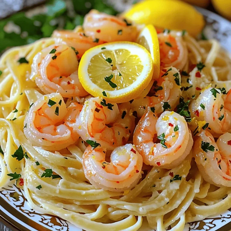 To make easy shrimp scampi, gather these items: - 1 pound large shrimp, peeled and deveined - 8 ounces linguine or spaghetti - 4 tablespoons unsalted butter, divided - 3 tablespoons olive oil, divided - 4 cloves garlic, minced - 1 teaspoon red pepper flakes - Zest of 1 lemon - 3 tablespoons fresh lemon juice - Salt and freshly ground black pepper, to taste - Fresh parsley, finely chopped for garnish - Lemon slices, for serving When selecting shrimp, look for these signs of freshness: - Bright, clear shells without dark spots - Firm flesh that springs back when pressed - A mild, ocean-like scent; avoid strong fishy odors - If buying frozen, check for a clean look and no ice buildup For shrimp scampi, I recommend these pasta types: - Linguine: Its flat shape holds the sauce well. - Spaghetti: A classic choice that pairs nicely with shrimp. - Fettuccine: If you prefer a wider noodle, this is a great option. Choose any of these to enhance your dish! For the full recipe, you can check out the complete cooking instructions. To make shrimp scampi, follow these simple steps. First, heat a large skillet over medium-high heat. Add 2 tablespoons of olive oil and 2 tablespoons of butter. Wait until the mixture shimmers. This shows it's ready for the shrimp. Carefully lay the shrimp in a single layer. Season them with salt and pepper. Cook for 2-3 minutes until they turn pink and opaque. Remove the shrimp and set them aside on a plate. Next, reduce the heat to medium. In the same skillet, add 1 tablespoon of olive oil and 2 tablespoons of butter. Allow the butter to melt and bubble. This step is key for flavor. Now, add the minced garlic and red pepper flakes. Stir continuously for about 1 minute. Be careful not to burn the garlic. Cooking pasta is easy! Start by bringing a large pot of salted water to a boil. Add 8 ounces of linguine or spaghetti. Cook according to the package directions until the pasta is al dente. This means it should be firm but cooked through. Once done, drain the pasta. Don’t forget to save 1/2 cup of the pasta water. This water helps make the sauce creamy later. When sautéing shrimp, timing is crucial. Do not crowd the shrimp in the skillet. This allows them to cook evenly. If you have a lot of shrimp, cook them in batches. Always check for doneness. The shrimp should be pink, firm, and opaque. Remember, they cook quickly! Once you sauté the shrimp, keep an eye on the heat. Too high will burn the garlic later. Always add shrimp back to the pan with the sauce. This way, they soak up all the great flavors. For the full recipe, check out the complete instructions above. When making shrimp scampi, avoid a few common mistakes. First, do not overcook the shrimp. Cook them just until pink and opaque. Overcooked shrimp turns tough and rubbery. Next, be careful with the garlic. Cooking it too long can make it bitter. Keep an eye on it and stir often. Lastly, remember to reserve some pasta water. It helps create a smooth sauce. If your sauce is thick, add a splash of this water for the right consistency. To boost the flavor of your shrimp scampi, try adding fresh herbs. Fresh basil or chives can add a nice touch. You can also play with spices. A dash of smoked paprika or Old Bay seasoning can elevate the dish. Another great tip is to use high-quality olive oil and butter. These ingredients make a big difference in taste. Finally, squeeze some fresh lemon juice right before serving for a bright finish. When serving shrimp scampi, consider pairing it with a crisp green salad. A light Caesar or arugula salad works well. Garlic bread is another perfect side. It helps soak up the tasty sauce. For drinks, white wine like Sauvignon Blanc pairs nicely. It complements the dish without overpowering it. Want a twist? Serve it over rice or zucchini noodles for a fun variation. For the full recipe, check out the details above! {{image_4}} You can easily boost the flavor of your shrimp scampi. Consider adding fresh herbs like basil or thyme. These herbs will give your dish a lovely aroma. You might also try sun-dried tomatoes for a sweet twist. If you love cheese, a sprinkle of Parmesan adds a rich touch. Don't forget about adding a splash of white wine. This will deepen the taste and make each bite special. If you want to try something different, you can make shrimp scampi with cream. This version is rich and creamy. You just add heavy cream to the sauce after cooking the garlic. Stir it in before adding the shrimp. This creates a velvety texture that many people love. You can also swap linguine for zoodles or spaghetti squash for a fun twist. If you need gluten-free options, just use gluten-free pasta. Many brands offer great alternatives that taste just as good. For those on a low-carb diet, zoodles work perfectly. They are low in carbs and full of flavor. You can even enjoy the shrimp without pasta. Serve it over a bed of fresh veggies for a light meal. Remember, shrimp scampi is flexible, so feel free to adapt it to your needs! After you enjoy your shrimp scampi, store leftovers right away. Let it cool to room temp. Then, place the dish in an airtight container. This helps keep it fresh. Store it in the fridge for up to three days. If you want to save it longer, consider freezing. When you want to enjoy leftovers, reheating is easy. Use a skillet on low heat. Add a splash of water or broth to keep it moist. Stir gently until it's heated through. You can also use a microwave. Place it in a microwave-safe bowl and cover it. Heat in short bursts, stirring in between. If you have extra shrimp scampi, freezing is a great option. To freeze, place it in a freezer-safe container. Make sure to leave some space at the top for expansion. It will stay good for up to three months. When ready to eat, thaw it overnight in the fridge. Then, reheat as mentioned above. Enjoy your delicious shrimp scampi anytime! For the full recipe, check out the earlier section. Shrimp scampi can last in the fridge for about 3 days. Make sure to store it in an airtight container. This keeps the shrimp fresh and safe to eat. When you're ready to enjoy it again, just reheat it gently on the stove or in the microwave. Yes, you can use frozen shrimp for this recipe. Just remember to thaw them first. You can do this by placing them in the fridge overnight or running them under cold water. Once thawed, they cook just as well as fresh shrimp. Shrimp scampi pairs well with several sides. Here are some great options: - Garlic bread: It’s perfect for soaking up the yummy sauce. - A fresh salad: A light mix of greens adds crunch and color. - Steamed vegetables: Broccoli or asparagus bring healthy balance to the meal. - Rice or quinoa: These grains absorb the sauce nicely. Each of these sides complements the flavors of the shrimp scampi. Enjoy mixing and matching to find your favorite pairings! You learned how to make shrimp scampi with ease. We covered key ingredients, cooking steps, and tips. You now know how to choose quality shrimp and perfect your pasta. Remember to avoid common mistakes and try different variations for fun. Storing leftovers properly also keeps your meal fresh. Use these insights to enjoy delicious shrimp scampi anytime. Happy cooking!