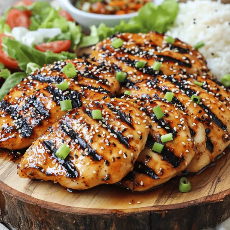 - 4 boneless, skinless chicken breasts - 1/4 cup soy sauce - 2 tablespoons sesame oil - 2 tablespoons honey - 2 garlic cloves, finely minced - 1 tablespoon fresh ginger, grated - 1 tablespoon rice vinegar - 1 teaspoon black sesame seeds - 1 teaspoon white sesame seeds - 1 green onion, finely chopped When I make Sesame Soy Grilled Chicken, I focus on fresh and simple ingredients. The chicken breasts are the star of the dish. They soak up the marinade well and cook beautifully on the grill. The soy sauce adds a rich umami flavor. Sesame oil brings a toasty note that elevates the dish. Honey sweetens the marinade and helps to caramelize the chicken. Garlic and ginger give the chicken a warm and aromatic taste. Rice vinegar balances the flavors, making it bright and fresh. To finish, I sprinkle black and white sesame seeds on the chicken. They add a lovely crunch and look great as a garnish. I also like to chop green onions for a pop of color. These ingredients make a simple yet flavorful meal. You can find the full recipe in this guide. Enjoy experimenting with these flavors! - In a medium mixing bowl, combine these ingredients: - 1/4 cup soy sauce - 2 tablespoons sesame oil - 2 tablespoons honey - 2 minced garlic cloves - 1 tablespoon grated fresh ginger - 1 tablespoon rice vinegar - Whisk until blended. This will create a rich and tasty marinade. - Place your chicken breasts in a large resealable plastic bag or a shallow dish. - Pour the marinade over the chicken. Make sure each piece gets coated. - Seal the bag tightly or cover the dish with plastic wrap. Refrigerate for at least 1 hour. For better flavor, let it marinate overnight. - Preheat your grill to medium-high heat. This step is key for good cooking. - Take the chicken out of the marinade. Let any extra sauce drip off. Discard the remaining marinade for safety. - Grill the chicken for about 6-7 minutes on each side. Use a meat thermometer to check for doneness. The chicken should reach an internal temperature of 165°F (75°C). - In the last minute of grilling, sprinkle black and white sesame seeds over the chicken. They will toast and add a nice crunch. - Remove the chicken from the grill and let it rest for about 5 minutes. This keeps the juices inside when you slice it. - Before serving, garnish the chicken with finely chopped green onions for a pop of color and freshness. For the complete method, check the Full Recipe. To get the best taste, marinate the chicken for at least one hour. This lets the flavors soak in. If you want deep flavor, let it sit overnight. The longer marination time makes the chicken tender and tasty. Set your grill to medium-high heat. This temperature helps to sear the chicken well. When grilling, flip the chicken only once. This method gives you those nice grill marks and locks in the juices. Use a meat thermometer to check the chicken. The best temperature is 165°F (75°C). You can tell it’s done when the juices run clear. Look for a golden color on the outside and no pink inside. {{image_4}} You can change the taste of your marinade. Add chili flakes for a spicy kick. If you want a less sweet dish, limit or skip the honey. This gives your chicken a more savory flavor. Want a vegetarian meal? Use tofu instead of chicken. Simply marinate and grill it the same way. You can also grill shrimp or fish for a seafood twist. Both options soak up the marinade well. Pair your grilled chicken with tasty side dishes. Steamed rice or a fresh salad works great! Got leftovers? Use them in salads or wraps. This adds flavor and makes meal prep easy. For all the details, check out the Full Recipe. To keep your grilled chicken fresh, store it properly. Place the chicken in an airtight container. Make sure it cools to room temperature first. This keeps it from getting soggy. You can store it in the fridge for up to 3 days. If you have leftovers, it’s best to eat them soon. They taste best when fresh. If you want to save the chicken for later, freezing works great. First, wrap each piece in plastic wrap. Then, place them in a freezer bag. This helps prevent freezer burn. You can freeze the chicken for up to 3 months. When you’re ready to eat, thaw the chicken in the fridge overnight. To reheat grilled chicken, use the oven or skillet. Avoid the microwave as it can make the chicken dry. In the oven, set it to 350°F (175°C). Heat for about 15-20 minutes. In a skillet, add a little oil and heat over medium. Cook for 5-7 minutes on each side. This keeps the flavor and texture just right. Enjoy your meal! To boost flavor, try adding fresh herbs. Chopped cilantro or basil adds a nice touch. You can also mix in some chili flakes for heat. If you want a tangier taste, add more rice vinegar. Letting the chicken marinate overnight gives it great flavor. Yes, you can use other proteins! Tofu works great for a vegetarian option. You can also try shrimp or fish with the same marinade. Each protein will soak up the flavors well. Just adjust grill times for different meats. Serve the chicken with steamed rice or a fresh salad. Grilled veggies also pair well, adding color and crunch. For a heartier meal, consider a stir-fry. You can use leftover chicken in wraps or salads for lunch. This blog post covered how to make Sesame Soy Grilled Chicken. We discussed the key ingredients, including chicken, soy sauce, and sesame oil. The marinade with honey, garlic, and ginger adds depth. I shared tips for marinating, grilling, and perfecting those grill marks. We also explored fun variations with tofu or shrimp. In conclusion, this chicken dish is simple and tasty. With these steps, you can impress your family and friends. Enjoy grilling and experimenting with flavors! Your next meal will stand out.