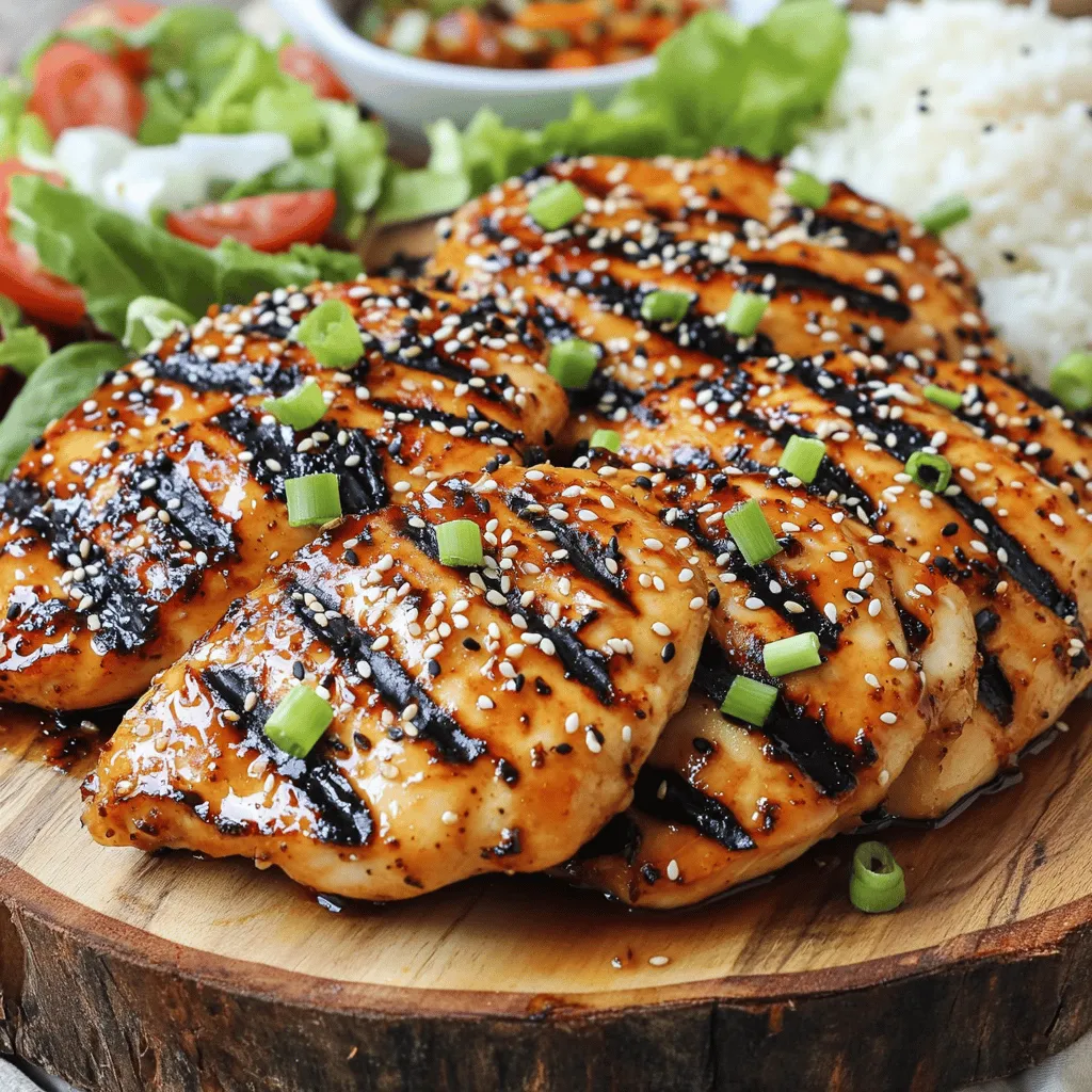 - 4 boneless, skinless chicken breasts - 1/4 cup soy sauce - 2 tablespoons sesame oil - 2 tablespoons honey - 2 garlic cloves, finely minced - 1 tablespoon fresh ginger, grated - 1 tablespoon rice vinegar - 1 teaspoon black sesame seeds - 1 teaspoon white sesame seeds - 1 green onion, finely chopped When I make Sesame Soy Grilled Chicken, I focus on fresh and simple ingredients. The chicken breasts are the star of the dish. They soak up the marinade well and cook beautifully on the grill. The soy sauce adds a rich umami flavor. Sesame oil brings a toasty note that elevates the dish. Honey sweetens the marinade and helps to caramelize the chicken. Garlic and ginger give the chicken a warm and aromatic taste. Rice vinegar balances the flavors, making it bright and fresh. To finish, I sprinkle black and white sesame seeds on the chicken. They add a lovely crunch and look great as a garnish. I also like to chop green onions for a pop of color. These ingredients make a simple yet flavorful meal. You can find the full recipe in this guide. Enjoy experimenting with these flavors! - In a medium mixing bowl, combine these ingredients: - 1/4 cup soy sauce - 2 tablespoons sesame oil - 2 tablespoons honey - 2 minced garlic cloves - 1 tablespoon grated fresh ginger - 1 tablespoon rice vinegar - Whisk until blended. This will create a rich and tasty marinade. - Place your chicken breasts in a large resealable plastic bag or a shallow dish. - Pour the marinade over the chicken. Make sure each piece gets coated. - Seal the bag tightly or cover the dish with plastic wrap. Refrigerate for at least 1 hour. For better flavor, let it marinate overnight. - Preheat your grill to medium-high heat. This step is key for good cooking. - Take the chicken out of the marinade. Let any extra sauce drip off. Discard the remaining marinade for safety. - Grill the chicken for about 6-7 minutes on each side. Use a meat thermometer to check for doneness. The chicken should reach an internal temperature of 165°F (75°C). - In the last minute of grilling, sprinkle black and white sesame seeds over the chicken. They will toast and add a nice crunch. - Remove the chicken from the grill and let it rest for about 5 minutes. This keeps the juices inside when you slice it. - Before serving, garnish the chicken with finely chopped green onions for a pop of color and freshness. For the complete method, check the Full Recipe. To get the best taste, marinate the chicken for at least one hour. This lets the flavors soak in. If you want deep flavor, let it sit overnight. The longer marination time makes the chicken tender and tasty. Set your grill to medium-high heat. This temperature helps to sear the chicken well. When grilling, flip the chicken only once. This method gives you those nice grill marks and locks in the juices. Use a meat thermometer to check the chicken. The best temperature is 165°F (75°C). You can tell it’s done when the juices run clear. Look for a golden color on the outside and no pink inside. {{image_4}} You can change the taste of your marinade. Add chili flakes for a spicy kick. If you want a less sweet dish, limit or skip the honey. This gives your chicken a more savory flavor. Want a vegetarian meal? Use tofu instead of chicken. Simply marinate and grill it the same way. You can also grill shrimp or fish for a seafood twist. Both options soak up the marinade well. Pair your grilled chicken with tasty side dishes. Steamed rice or a fresh salad works great! Got leftovers? Use them in salads or wraps. This adds flavor and makes meal prep easy. For all the details, check out the Full Recipe. To keep your grilled chicken fresh, store it properly. Place the chicken in an airtight container. Make sure it cools to room temperature first. This keeps it from getting soggy. You can store it in the fridge for up to 3 days. If you have leftovers, it’s best to eat them soon. They taste best when fresh. If you want to save the chicken for later, freezing works great. First, wrap each piece in plastic wrap. Then, place them in a freezer bag. This helps prevent freezer burn. You can freeze the chicken for up to 3 months. When you’re ready to eat, thaw the chicken in the fridge overnight. To reheat grilled chicken, use the oven or skillet. Avoid the microwave as it can make the chicken dry. In the oven, set it to 350°F (175°C). Heat for about 15-20 minutes. In a skillet, add a little oil and heat over medium. Cook for 5-7 minutes on each side. This keeps the flavor and texture just right. Enjoy your meal! To boost flavor, try adding fresh herbs. Chopped cilantro or basil adds a nice touch. You can also mix in some chili flakes for heat. If you want a tangier taste, add more rice vinegar. Letting the chicken marinate overnight gives it great flavor. Yes, you can use other proteins! Tofu works great for a vegetarian option. You can also try shrimp or fish with the same marinade. Each protein will soak up the flavors well. Just adjust grill times for different meats. Serve the chicken with steamed rice or a fresh salad. Grilled veggies also pair well, adding color and crunch. For a heartier meal, consider a stir-fry. You can use leftover chicken in wraps or salads for lunch. This blog post covered how to make Sesame Soy Grilled Chicken. We discussed the key ingredients, including chicken, soy sauce, and sesame oil. The marinade with honey, garlic, and ginger adds depth. I shared tips for marinating, grilling, and perfecting those grill marks. We also explored fun variations with tofu or shrimp. In conclusion, this chicken dish is simple and tasty. With these steps, you can impress your family and friends. Enjoy grilling and experimenting with flavors! Your next meal will stand out.