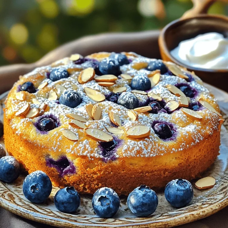 - 1 cup all-purpose flour - 1/2 cup almond flour - 1/2 teaspoon baking powder - 1/2 teaspoon baking soda - 1/4 teaspoon salt - 1/2 cup unsalted butter, softened to room temperature - 3/4 cup granulated sugar - 2 large eggs, at room temperature - 1 teaspoon vanilla extract - 1/2 cup Greek yogurt, preferably plain - 1 cup fresh blueberries, rinsed and dried - 1/4 cup sliced almonds, for topping - Powdered sugar, for dusting (optional) Each ingredient plays a key role in the cake's flavor and texture. All-purpose flour gives structure. Almond flour adds moisture and a nutty taste. Baking powder and baking soda help the cake rise, making it fluffy. Salt brings out sweetness. Butter adds richness. Sugar sweetens and helps with browning. Eggs bind the ingredients and add moisture. Vanilla gives aroma. Greek yogurt keeps the cake moist and tender. Fresh blueberries add natural sweetness and a burst of flavor. Finally, sliced almonds add a nice crunch on top. If you have allergies, here are some great swaps. For the all-purpose flour, use a gluten-free blend. Almond flour can be replaced with oat flour for a nut-free option. Instead of butter, use coconut oil or vegan butter. For eggs, try flaxseed meal mixed with water or applesauce. If yogurt is not an option, use a dairy-free version like almond yogurt. These substitutions can help you enjoy the cake without worry! To make this cake, follow these steps closely. Start by preheating your oven to 350°F (175°C). Grease an 8-inch round cake pan. You can use flour or parchment paper to help the cake come out easily. Next, grab a medium bowl and mix together the all-purpose flour, almond flour, baking powder, baking soda, and salt. Whisk them well and set aside. In a large bowl, beat the softened butter and sugar with an electric mixer. Do this until the mixture is light and fluffy, which takes about 3-4 minutes. Add the eggs one at a time, mixing well after each. Then, pour in the vanilla extract and Greek yogurt. Mix until everything is smooth. Now, gently fold the dry flour mixture into the wet mixture. Be careful not to overmix. This keeps the cake soft and tender. Next, fold in the fresh blueberries. You want to spread them evenly without mashing them. Pour the batter into the prepared pan and smooth the top. Sprinkle sliced almonds on top for extra crunch. Bake the cake for 30-35 minutes. To check if it’s done, insert a toothpick in the center. It should come out clean or with a few moist crumbs. After baking, let the cake cool in the pan for 10 minutes. Then, transfer it to a wire rack to cool completely. If you want, dust the cooled cake with powdered sugar for a nice touch. To get the best results, use room temperature ingredients. This includes butter, eggs, and yogurt. Room temperature helps them mix better. Don’t skip the folding step when adding blueberries. This keeps them whole and juicy. For a moist cake, avoid overmixing. Mix just until the ingredients blend together. If you want a richer flavor, let the cake cool fully before serving. This helps the flavors meld together. A common mistake is using cold ingredients. Always use room temperature items for better mixing. Another mistake is overmixing the batter. This can lead to a tough cake. Mix just enough to combine the ingredients. Lastly, make sure to check the cake for doneness. Rely on the toothpick test. If it is too wet, bake a few more minutes. Using these tips will help you enjoy a delicious Blueberry Almond Breakfast Cake. For the full recipe, check the earlier section. Using fresh blueberries makes your cake bright and tasty. Here are some tips: - Choose ripe blueberries: Look for plump, dark blue berries. Avoid any with green spots. - Wash gently: Rinse blueberries under cool water and dry them. This keeps them from getting mushy. - Toss with flour: Before adding to the batter, coat them lightly with a bit of flour. This helps them stay suspended in the cake. A nice crust adds a great texture. Follow these steps: - Preheat your oven: Always start with a preheated oven at 350°F (175°C). This helps your cake rise evenly. - Grease the pan well: Use butter or cooking spray to coat the cake pan. This prevents sticking. - Use sliced almonds: Sprinkling almonds on top adds a crunchy crust and visual appeal. Serving your cake can be fun and creative. Here are some ideas: - Garnish with mint: A sprig of fresh mint makes the dish pop. - Add Greek yogurt: A dollop of yogurt adds creaminess and pairs well with the cake. - Serve with extra berries: Fresh blueberries on the side enhance flavor and look great. For the full recipe, check out the complete instructions above. {{image_4}} You can make a gluten-free version of this cake. Use gluten-free flour instead of all-purpose flour. This swap keeps the cake light and fluffy. Combine it with almond flour for a rich taste. Just follow the same steps in the Full Recipe. You can enhance the cake with extra ingredients. Consider adding chopped walnuts or pecans. These nuts add a nice crunch. You can also mix in spices like cinnamon or nutmeg. A pinch will give a warm flavor. Be creative and find what you like best! To make this cake vegan, swap the eggs for flax eggs. Mix one tablespoon of flaxseed meal with three tablespoons of water. Let it sit for five minutes to thicken. Use coconut oil instead of butter. Replace Greek yogurt with plant-based yogurt. These changes keep the cake tasty and fluffy while making it vegan-friendly! To keep your Blueberry Almond Breakfast Cake fresh, store it in an airtight container. This helps maintain moisture and flavor. You can leave it at room temperature for up to three days. If you want it to last longer, refrigerate the cake. Just remember to cover it well to avoid drying out. If you have extra cake, freezing is a great option. Wrap the cake tightly in plastic wrap. Then, place it in a freezer-safe bag or container. This will protect it from freezer burn. You can freeze the cake for up to three months. Thaw it in the fridge when you're ready to enjoy it again. To reheat your cake, use the oven for the best results. Preheat your oven to 350°F (175°C). Place the cake on a baking sheet and cover it with foil. Heat for about 10-15 minutes until warm. This will help keep the cake moist and delicious. If you prefer, you can also microwave individual slices for about 20-30 seconds. Just be careful not to overheat, as it can make the cake dry. Enjoy your cake warm! Yes, you can make this cake in advance. I often bake it the night before. Once cooled, wrap it tightly in plastic wrap. This keeps it fresh. Store it at room temperature for up to two days. If you need it longer, refrigerate it. Just remember to take it out an hour before serving. This way, it comes back to room temperature and tastes great. If you can't use almond flour, try using all-purpose flour. It works well and keeps the cake soft. You can also use oat flour or coconut flour. Just remember that coconut flour absorbs more moisture. So, if you use it, add an extra egg or some liquid. These options still give a nice flavor to your cake. You can check if the cake is done by using a toothpick. Insert it into the center of the cake. If it comes out clean or with a few moist crumbs, it's ready. Another sign is the edges pulling away from the pan. The top should be lightly golden. If it looks too soft, bake it for a few more minutes. Trust your senses; they guide you well in baking. This article covered making a Blueberry Almond Breakfast Cake. We explored the ingredients, their importance, and substitute options for dietary needs. Step-by-step instructions and tips helped ensure perfect baking results. I highlighted variations like gluten-free and vegan options. We also tackled storage and reheating for delicious leftovers. In the end, baking is a fun way to create tasty treats. Use these tips to make your cake delightful every time. Enjoy the process, and savor each bite!