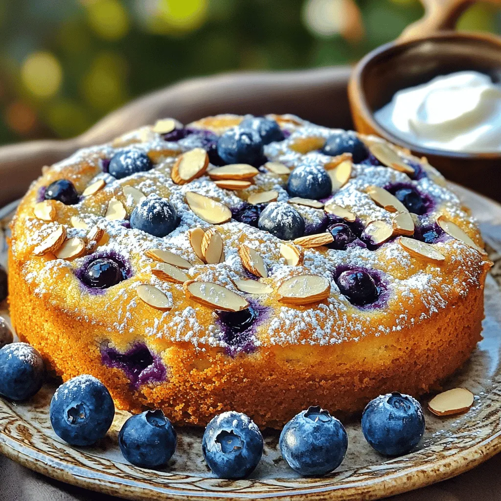 - 1 cup all-purpose flour - 1/2 cup almond flour - 1/2 teaspoon baking powder - 1/2 teaspoon baking soda - 1/4 teaspoon salt - 1/2 cup unsalted butter, softened to room temperature - 3/4 cup granulated sugar - 2 large eggs, at room temperature - 1 teaspoon vanilla extract - 1/2 cup Greek yogurt, preferably plain - 1 cup fresh blueberries, rinsed and dried - 1/4 cup sliced almonds, for topping - Powdered sugar, for dusting (optional) Each ingredient plays a key role in the cake's flavor and texture. All-purpose flour gives structure. Almond flour adds moisture and a nutty taste. Baking powder and baking soda help the cake rise, making it fluffy. Salt brings out sweetness. Butter adds richness. Sugar sweetens and helps with browning. Eggs bind the ingredients and add moisture. Vanilla gives aroma. Greek yogurt keeps the cake moist and tender. Fresh blueberries add natural sweetness and a burst of flavor. Finally, sliced almonds add a nice crunch on top. If you have allergies, here are some great swaps. For the all-purpose flour, use a gluten-free blend. Almond flour can be replaced with oat flour for a nut-free option. Instead of butter, use coconut oil or vegan butter. For eggs, try flaxseed meal mixed with water or applesauce. If yogurt is not an option, use a dairy-free version like almond yogurt. These substitutions can help you enjoy the cake without worry! To make this cake, follow these steps closely. Start by preheating your oven to 350°F (175°C). Grease an 8-inch round cake pan. You can use flour or parchment paper to help the cake come out easily. Next, grab a medium bowl and mix together the all-purpose flour, almond flour, baking powder, baking soda, and salt. Whisk them well and set aside. In a large bowl, beat the softened butter and sugar with an electric mixer. Do this until the mixture is light and fluffy, which takes about 3-4 minutes. Add the eggs one at a time, mixing well after each. Then, pour in the vanilla extract and Greek yogurt. Mix until everything is smooth. Now, gently fold the dry flour mixture into the wet mixture. Be careful not to overmix. This keeps the cake soft and tender. Next, fold in the fresh blueberries. You want to spread them evenly without mashing them. Pour the batter into the prepared pan and smooth the top. Sprinkle sliced almonds on top for extra crunch. Bake the cake for 30-35 minutes. To check if it’s done, insert a toothpick in the center. It should come out clean or with a few moist crumbs. After baking, let the cake cool in the pan for 10 minutes. Then, transfer it to a wire rack to cool completely. If you want, dust the cooled cake with powdered sugar for a nice touch. To get the best results, use room temperature ingredients. This includes butter, eggs, and yogurt. Room temperature helps them mix better. Don’t skip the folding step when adding blueberries. This keeps them whole and juicy. For a moist cake, avoid overmixing. Mix just until the ingredients blend together. If you want a richer flavor, let the cake cool fully before serving. This helps the flavors meld together. A common mistake is using cold ingredients. Always use room temperature items for better mixing. Another mistake is overmixing the batter. This can lead to a tough cake. Mix just enough to combine the ingredients. Lastly, make sure to check the cake for doneness. Rely on the toothpick test. If it is too wet, bake a few more minutes. Using these tips will help you enjoy a delicious Blueberry Almond Breakfast Cake. For the full recipe, check the earlier section. Using fresh blueberries makes your cake bright and tasty. Here are some tips: - Choose ripe blueberries: Look for plump, dark blue berries. Avoid any with green spots. - Wash gently: Rinse blueberries under cool water and dry them. This keeps them from getting mushy. - Toss with flour: Before adding to the batter, coat them lightly with a bit of flour. This helps them stay suspended in the cake. A nice crust adds a great texture. Follow these steps: - Preheat your oven: Always start with a preheated oven at 350°F (175°C). This helps your cake rise evenly. - Grease the pan well: Use butter or cooking spray to coat the cake pan. This prevents sticking. - Use sliced almonds: Sprinkling almonds on top adds a crunchy crust and visual appeal. Serving your cake can be fun and creative. Here are some ideas: - Garnish with mint: A sprig of fresh mint makes the dish pop. - Add Greek yogurt: A dollop of yogurt adds creaminess and pairs well with the cake. - Serve with extra berries: Fresh blueberries on the side enhance flavor and look great. For the full recipe, check out the complete instructions above. {{image_4}} You can make a gluten-free version of this cake. Use gluten-free flour instead of all-purpose flour. This swap keeps the cake light and fluffy. Combine it with almond flour for a rich taste. Just follow the same steps in the Full Recipe. You can enhance the cake with extra ingredients. Consider adding chopped walnuts or pecans. These nuts add a nice crunch. You can also mix in spices like cinnamon or nutmeg. A pinch will give a warm flavor. Be creative and find what you like best! To make this cake vegan, swap the eggs for flax eggs. Mix one tablespoon of flaxseed meal with three tablespoons of water. Let it sit for five minutes to thicken. Use coconut oil instead of butter. Replace Greek yogurt with plant-based yogurt. These changes keep the cake tasty and fluffy while making it vegan-friendly! To keep your Blueberry Almond Breakfast Cake fresh, store it in an airtight container. This helps maintain moisture and flavor. You can leave it at room temperature for up to three days. If you want it to last longer, refrigerate the cake. Just remember to cover it well to avoid drying out. If you have extra cake, freezing is a great option. Wrap the cake tightly in plastic wrap. Then, place it in a freezer-safe bag or container. This will protect it from freezer burn. You can freeze the cake for up to three months. Thaw it in the fridge when you're ready to enjoy it again. To reheat your cake, use the oven for the best results. Preheat your oven to 350°F (175°C). Place the cake on a baking sheet and cover it with foil. Heat for about 10-15 minutes until warm. This will help keep the cake moist and delicious. If you prefer, you can also microwave individual slices for about 20-30 seconds. Just be careful not to overheat, as it can make the cake dry. Enjoy your cake warm! Yes, you can make this cake in advance. I often bake it the night before. Once cooled, wrap it tightly in plastic wrap. This keeps it fresh. Store it at room temperature for up to two days. If you need it longer, refrigerate it. Just remember to take it out an hour before serving. This way, it comes back to room temperature and tastes great. If you can't use almond flour, try using all-purpose flour. It works well and keeps the cake soft. You can also use oat flour or coconut flour. Just remember that coconut flour absorbs more moisture. So, if you use it, add an extra egg or some liquid. These options still give a nice flavor to your cake. You can check if the cake is done by using a toothpick. Insert it into the center of the cake. If it comes out clean or with a few moist crumbs, it's ready. Another sign is the edges pulling away from the pan. The top should be lightly golden. If it looks too soft, bake it for a few more minutes. Trust your senses; they guide you well in baking. This article covered making a Blueberry Almond Breakfast Cake. We explored the ingredients, their importance, and substitute options for dietary needs. Step-by-step instructions and tips helped ensure perfect baking results. I highlighted variations like gluten-free and vegan options. We also tackled storage and reheating for delicious leftovers. In the end, baking is a fun way to create tasty treats. Use these tips to make your cake delightful every time. Enjoy the process, and savor each bite!