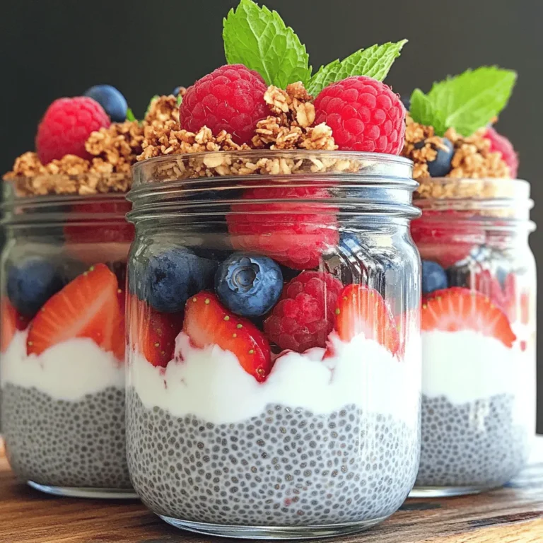 - Coconut milk and alternatives: You can use coconut milk for a rich taste. Almond or oat milk also works well. Each option gives a unique flavor and texture. - Chia seeds and their benefits: Chia seeds are tiny powerhouses. They are high in fiber, omega-3 fatty acids, and protein. These seeds swell in liquid, creating a thick, pudding-like mix. - Sweeteners: maple syrup vs. honey: Maple syrup adds a light flavor. Honey gives a more robust sweetness. Both sweeteners blend well with the chia pudding. - Mixed berries selection: Use fresh or frozen berries. Strawberries, blueberries, and raspberries create a lovely mix. Their tartness balances the creamy pudding. - Optional toppings: granola and mint: Granola adds a nice crunch. Fresh mint leaves bring a burst of freshness. These toppings make your parfait even more delightful. For the full recipe, check out the Berry Coconut Chia Parfait 🥥. Enjoy your tasty creation! 1. Mixing coconut milk and chia seeds Start by grabbing a medium mixing bowl. Pour in 1 cup of coconut milk. Add 1/4 cup of chia seeds. You can use any milk you like, but coconut adds a nice flavor. 2. Whisking for even consistency Use a whisk to blend the ingredients well. Make sure the chia seeds spread evenly throughout the milk. This step is key for a smooth pudding. 3. Chilling time for thickening Cover the bowl tightly with plastic wrap or a lid. Place it in the fridge for at least 2 hours. If you can, let it sit overnight. This helps the pudding thicken nicely. 1. Layering chia pudding and berries After chilling, take the chia pudding out. Stir it gently to break any clumps. Grab your serving glasses. Spoon a layer of chia pudding into each glass. Next, add a layer of mixed berries. Repeat these layers until the glasses are full. 2. Optional granola layer If you want some crunch, sprinkle granola on top of the berries. This adds a great texture. It’s optional, but it makes the parfait even more delicious. 3. Garnishing tips Finish your parfait with fresh mint leaves. They add color and a lovely aroma. This little touch makes your creation look and taste even better. For the full recipe, check the section above. Enjoy making this Berry Coconut Chia Parfait! How to avoid clumps in chia pudding To keep your chia pudding smooth, mix well. I like to whisk the coconut milk and chia seeds together. After mixing, cover and chill. This lets the chia seeds absorb liquid and thicken. If clumps form, stir gently before serving. Breaking them up ensures a creamy texture. Adjusting sweetness levels to taste Sweetness is key to enjoying this parfait. Start with the recipe's maple syrup. Taste the mixture before chilling. If you want it sweeter, add more syrup or honey. Mix again for even sweetness. Remember, you can always add more, but you can't take it out! Presentation styles for different occasions For a fancy brunch, layer your parfait in clear glasses. This shows off the pretty colors of berries and pudding. For casual meals, use mason jars for a rustic vibe. You can also make mini parfaits in shot glasses for fun bites. Creative glassware options Choosing the right glass can elevate your parfait. Tall, slender glasses look elegant. Wide bowls give a homely feel. You can even use fun mugs for a quirky touch. No matter the glass, make sure it lets the layers shine. This adds to the delight of your berry coconut chia parfait. For the full recipe, check out the Berry Coconut Chia Parfait section above. {{image_4}} You can easily change the flavor of your Berry Coconut Chia Parfait. Adding different fruits can create new tastes. Consider using mango, kiwi, or peaches. These fruits mix well with the creamy coconut. You can also try other flavors. A dash of cinnamon adds warmth. A splash of almond extract offers a nutty twist. For sweetness, you have options. Maple syrup is a great choice, but honey works too. You can use agave syrup for a lower-glycemic option. If you prefer a sugar-free sweetener, consider stevia or erythritol. Each option adds a unique touch to your parfait. Making this parfait vegan is simple. Just use plant-based milk like almond or oat milk. Chia seeds are naturally vegan, so you’re on the right track. For a gluten-free version, ensure your granola is gluten-free. Most granola brands offer gluten-free options now. Nutritional substitutions can boost health benefits. Swap maple syrup for mashed banana for natural sweetness. You can also add nuts or seeds for extra protein. This adds crunch and makes your parfait more filling. These changes keep the recipe healthy and flavorful. To keep your berry coconut chia parfait fresh, store it in the fridge. Use an airtight container to seal in the flavor. This helps prevent any unwanted odors from mixing in. You can keep the parfait for up to three days. After that, the berries may lose their freshness. If you want to save some parfait for later, you can freeze it! Use freezer-safe containers or bags for the best results. Make sure to leave some space for expansion as it freezes. When you’re ready to enjoy it, thaw in the fridge overnight. For a quick option, you can thaw it at room temperature for about an hour. Serve it chilled and enjoy the delightful layers of flavor! How long does chia pudding last in the fridge? Chia pudding lasts about 5 days in the fridge. Keep it in a sealed container. This way, it stays fresh and tasty for your next meal. Can I prepare the parfait ahead of time? Yes, you can make it ahead of time. I suggest preparing it the night before. The flavors blend beautifully when chilled overnight. What are the best types of berries to use? Any berries work well in this parfait. I love using strawberries, blueberries, and raspberries. You can mix them for color and flavor. Is this recipe suitable for meal prep? Absolutely! This parfait is perfect for meal prep. Just make several jars and store them in the fridge. Grab one when you need a quick and tasty snack. How many calories are in a Berry Coconut Chia Parfait? This parfait has about 250-350 calories per serving, depending on your ingredients. The coconut milk and sweeteners add to the calorie count. What are the health benefits of chia seeds? Chia seeds are tiny powerhouses! They are high in fiber, protein, and omega-3 fatty acids. They help keep you full and are great for digestion. Chia seeds also support heart health and provide energy. For the full recipe, check out the details above. This article covered how to make a delicious Berry Coconut Chia Parfait. We discussed ingredients like coconut milk, chia seeds, sweeteners, and berries. You learned the steps for mixing, chilling, and assembling the parfait. I hope the tips helped you improve texture and presentation. With variations for taste and dietary needs, you can make it your own. Proper storage will keep your parfait fresh. Enjoy making and sharing this healthy treat!