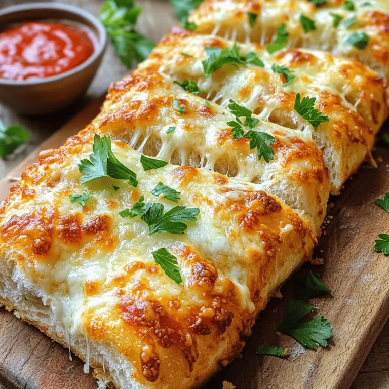 - French or Italian Bread - Unsalted Butter - Garlic - Mozzarella Cheese - Parmesan Cheese - Fresh Parsley - Red Pepper Flakes (optional) - Salt Choosing the Best Bread The bread is key to great cheesy garlic bread. I prefer using French or Italian bread. These breads have a nice crust and soft inside. They hold up well when you add toppings. Look for a loaf that feels fresh and has a good shape. Importance of Fresh Garlic Fresh garlic makes a big difference in taste. It brings a strong, bold flavor. I always use whole garlic cloves, not pre-minced. Freshly minced garlic adds that perfect punch. If you can, buy garlic that feels firm and dry. Selecting High-Quality Cheeses Good cheese elevates your dish. I recommend using fresh mozzarella and Parmesan. Fresh mozzarella melts beautifully, creating that gooey texture. Grated Parmesan adds a sharp flavor that pairs well. Try to choose cheeses from a deli or local market for the best taste. For the full recipe, check out Cheesy Garlic Bliss Bread. - Preheating the Oven First, preheat your oven to 375°F (190°C). This step is crucial for perfect baking. - Preparing the Bread Take a loaf of French or Italian bread. Slice it in half lengthwise using a serrated knife. Place the two halves cut side up on a baking sheet with parchment paper. This makes cleanup easy. - Combining Butter and Garlic In a small bowl, mix 1/2 cup of softened unsalted butter with 4 cloves of minced garlic. Use a fork to blend them until smooth. This garlic butter adds great flavor. - Spreading Garlic Butter Generously spread the garlic butter on the cut sides of the bread. Make sure to cover every bit for maximum taste. - Layering the Cheese Mixture In another bowl, mix 1 cup of grated mozzarella and 1/2 cup of grated Parmesan cheese. Add 2 tablespoons of chopped parsley and red pepper flakes if you want some heat. Stir well, then sprinkle this cheese mix on top of the garlic butter. - Baking Time and Temperature Place the baking sheet in your preheated oven. Bake for 12 to 15 minutes. Watch closely until the cheese melts and turns golden brown. - Achieving Perfect Cheese Melt Once done, remove the bread from the oven and let it cool for a few minutes. Slice it into pieces, but be careful; the cheese will be hot. Enjoy this cheesy garlic bliss! For a full recipe, check out the details above. Adjusting Garlic Levels You control the garlic flavor. If you want a milder taste, use fewer cloves. For a stronger punch, add more minced garlic. Experiment with this to find your perfect balance. Adding Additional Seasonings Try adding some herbs. Fresh basil or oregano can add a nice twist. You can also mix in spices like onion powder or black pepper for extra depth. These small changes can elevate your cheesy garlic bread. How to Achieve Crispy Edges For a crispy edge, use a broiler after baking. Watch the bread closely to avoid burning. You can also toast the bread lightly before spreading the garlic butter. This helps create that desired crunch. Toasting Methods There are different ways to toast your bread. You can use a skillet for quick results. Just heat the pan without oil, and toast the bread cut side down for a few minutes. This gives a nice golden layer before adding toppings. Serving Suggestions Serve the Cheesy Garlic Bliss Bread on a wooden board. This rustic look makes it more inviting. You can cut the bread into slices for easy sharing, allowing everyone to grab a piece. Pairing Ideas with Dips Pair your bread with dips for added flavor. Classic marinara sauce is a great choice. You can also try a creamy ranch or a spicy aioli for a fun twist. These dips can make every bite even more delightful. {{image_4}} What types of cheese can I use? You can use many cheeses for cheesy garlic bread. Mozzarella is the classic choice. It melts well and gives a gooey texture. Parmesan adds a nice, salty kick. A mix of both gives great flavor. You can also try cheddar for a sharper taste. Gouda or fontina can add a unique twist. How can I combine flavors? Combining cheeses can create a tasty blend. Try mixing mozzarella with smoked gouda for a rich flavor. Or add a bit of blue cheese for a bold taste. Mixing cheeses lets you explore new flavors. Experimenting can lead to your favorite cheesy bread. What fresh or dried herbs can I add? Herbs bring freshness to cheesy garlic bread. You can use fresh parsley, basil, or chives. Dried herbs like oregano or thyme also work well. Just sprinkle them into the cheese mix. This adds a pop of flavor and color. What creative spice blends can I use? Spice blends can kick up the flavor. Try adding Italian seasoning for a classic touch. A sprinkle of chili powder can add warmth. For something different, use za'atar or smoked paprika. These blends can make your cheesy garlic bread stand out. What are some gluten-free options? For gluten-free cheesy garlic bread, use gluten-free bread. Many stores offer good options. You can still use the same tasty toppings. Just follow the same method to make it delicious! What vegan alternatives can I try? To make a vegan version, swap butter for a plant-based spread. Use vegan cheese to keep it dairy-free. Nutritional yeast can add a cheesy flavor. You can enjoy cheesy garlic bread while sticking to your diet. For the complete recipe, check out the [Full Recipe]. Best Practices for Refrigeration After enjoying your cheesy garlic bread, let it cool. Wrap the leftovers in plastic wrap or foil. Store them in an airtight container. This keeps the bread moist and tasty. It will stay fresh in the fridge for up to three days. Freezing Cheesy Garlic Bread If you want to keep it longer, freezing works well. Slice the bread first. Wrap each piece tightly in plastic wrap. Then, place them in a freezer bag. This method prevents freezer burn. Frozen cheesy garlic bread lasts for about three months. Ideal Methods for Reheating Reheating can bring back that cheesy goodness. The oven is the best choice. Preheat your oven to 350°F (175°C). Place the bread on a baking sheet. Heat for about 10 minutes. This helps the cheese melt nicely again. You can also use a toaster oven for smaller pieces. Ensuring Flavor Preservation To keep the flavor strong, add a little butter before reheating. This boosts the taste and keeps it moist. Avoid using a microwave, as it can make the bread soggy. Stick to the oven or toaster oven for the best results. To make Cheesy Garlic Bread spicy, add red pepper flakes. Use about 1/2 teaspoon in the cheese mix. You can also add sliced jalapeños or a dash of hot sauce. These add heat and flavor. This twist makes your cheesy bread exciting and unique. Yes, you can prepare Cheesy Garlic Bread ahead of time. Mix the garlic butter and cheese blend. Spread them on the bread, then wrap it in plastic wrap. Store it in the fridge for up to 24 hours. When ready, just bake it. This saves time and keeps your flavors fresh. Great dips include marinara sauce, ranch, or pesto. Marinara offers a classic pairing. Ranch brings a creamy touch. Pesto adds a fresh, herby flavor. These dips complement the cheesy goodness and make each bite even better. Cheesy Garlic Bread stays fresh for about 2-3 days in the fridge. Store it in an airtight container. If frozen, it can last for about a month. Just wrap it well to avoid freezer burn. Reheat in the oven for the best taste. Cheesy Garlic Bread has cheese melted on top. Garlic Bread usually has just garlic and butter. The cheese adds creaminess and depth. This makes Cheesy Garlic Bread a richer option. Each has its charm, but cheesy is always a hit! For the full recipe, check out the Cheesy Garlic Bliss Bread. Cheesy garlic bread is simple yet delicious. We covered essential ingredients, like quality bread and cheese. You learned preparation steps, mixing garlic butter, and how to bake for the perfect melt. Tips for flavor, texture, and storage help you enjoy every bite. Try variations with different cheeses or herbs to keep it exciting. This dish is not just tasty; it’s flexible. Whether serving a meal or enjoying a snack, cheesy garlic bread will please everyone.