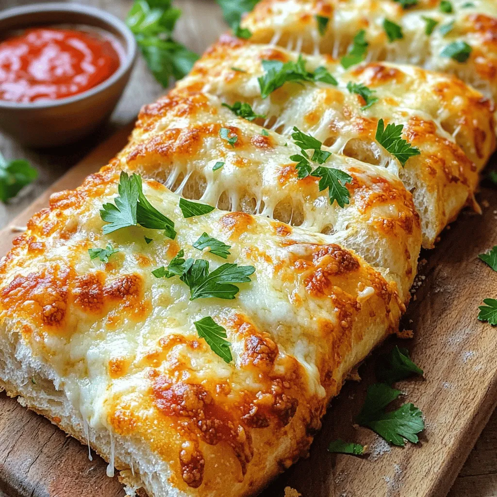 - French or Italian Bread - Unsalted Butter - Garlic - Mozzarella Cheese - Parmesan Cheese - Fresh Parsley - Red Pepper Flakes (optional) - Salt Choosing the Best Bread The bread is key to great cheesy garlic bread. I prefer using French or Italian bread. These breads have a nice crust and soft inside. They hold up well when you add toppings. Look for a loaf that feels fresh and has a good shape. Importance of Fresh Garlic Fresh garlic makes a big difference in taste. It brings a strong, bold flavor. I always use whole garlic cloves, not pre-minced. Freshly minced garlic adds that perfect punch. If you can, buy garlic that feels firm and dry. Selecting High-Quality Cheeses Good cheese elevates your dish. I recommend using fresh mozzarella and Parmesan. Fresh mozzarella melts beautifully, creating that gooey texture. Grated Parmesan adds a sharp flavor that pairs well. Try to choose cheeses from a deli or local market for the best taste. For the full recipe, check out Cheesy Garlic Bliss Bread. - Preheating the Oven First, preheat your oven to 375°F (190°C). This step is crucial for perfect baking. - Preparing the Bread Take a loaf of French or Italian bread. Slice it in half lengthwise using a serrated knife. Place the two halves cut side up on a baking sheet with parchment paper. This makes cleanup easy. - Combining Butter and Garlic In a small bowl, mix 1/2 cup of softened unsalted butter with 4 cloves of minced garlic. Use a fork to blend them until smooth. This garlic butter adds great flavor. - Spreading Garlic Butter Generously spread the garlic butter on the cut sides of the bread. Make sure to cover every bit for maximum taste. - Layering the Cheese Mixture In another bowl, mix 1 cup of grated mozzarella and 1/2 cup of grated Parmesan cheese. Add 2 tablespoons of chopped parsley and red pepper flakes if you want some heat. Stir well, then sprinkle this cheese mix on top of the garlic butter. - Baking Time and Temperature Place the baking sheet in your preheated oven. Bake for 12 to 15 minutes. Watch closely until the cheese melts and turns golden brown. - Achieving Perfect Cheese Melt Once done, remove the bread from the oven and let it cool for a few minutes. Slice it into pieces, but be careful; the cheese will be hot. Enjoy this cheesy garlic bliss! For a full recipe, check out the details above. Adjusting Garlic Levels You control the garlic flavor. If you want a milder taste, use fewer cloves. For a stronger punch, add more minced garlic. Experiment with this to find your perfect balance. Adding Additional Seasonings Try adding some herbs. Fresh basil or oregano can add a nice twist. You can also mix in spices like onion powder or black pepper for extra depth. These small changes can elevate your cheesy garlic bread. How to Achieve Crispy Edges For a crispy edge, use a broiler after baking. Watch the bread closely to avoid burning. You can also toast the bread lightly before spreading the garlic butter. This helps create that desired crunch. Toasting Methods There are different ways to toast your bread. You can use a skillet for quick results. Just heat the pan without oil, and toast the bread cut side down for a few minutes. This gives a nice golden layer before adding toppings. Serving Suggestions Serve the Cheesy Garlic Bliss Bread on a wooden board. This rustic look makes it more inviting. You can cut the bread into slices for easy sharing, allowing everyone to grab a piece. Pairing Ideas with Dips Pair your bread with dips for added flavor. Classic marinara sauce is a great choice. You can also try a creamy ranch or a spicy aioli for a fun twist. These dips can make every bite even more delightful. {{image_4}} What types of cheese can I use? You can use many cheeses for cheesy garlic bread. Mozzarella is the classic choice. It melts well and gives a gooey texture. Parmesan adds a nice, salty kick. A mix of both gives great flavor. You can also try cheddar for a sharper taste. Gouda or fontina can add a unique twist. How can I combine flavors? Combining cheeses can create a tasty blend. Try mixing mozzarella with smoked gouda for a rich flavor. Or add a bit of blue cheese for a bold taste. Mixing cheeses lets you explore new flavors. Experimenting can lead to your favorite cheesy bread. What fresh or dried herbs can I add? Herbs bring freshness to cheesy garlic bread. You can use fresh parsley, basil, or chives. Dried herbs like oregano or thyme also work well. Just sprinkle them into the cheese mix. This adds a pop of flavor and color. What creative spice blends can I use? Spice blends can kick up the flavor. Try adding Italian seasoning for a classic touch. A sprinkle of chili powder can add warmth. For something different, use za'atar or smoked paprika. These blends can make your cheesy garlic bread stand out. What are some gluten-free options? For gluten-free cheesy garlic bread, use gluten-free bread. Many stores offer good options. You can still use the same tasty toppings. Just follow the same method to make it delicious! What vegan alternatives can I try? To make a vegan version, swap butter for a plant-based spread. Use vegan cheese to keep it dairy-free. Nutritional yeast can add a cheesy flavor. You can enjoy cheesy garlic bread while sticking to your diet. For the complete recipe, check out the [Full Recipe]. Best Practices for Refrigeration After enjoying your cheesy garlic bread, let it cool. Wrap the leftovers in plastic wrap or foil. Store them in an airtight container. This keeps the bread moist and tasty. It will stay fresh in the fridge for up to three days. Freezing Cheesy Garlic Bread If you want to keep it longer, freezing works well. Slice the bread first. Wrap each piece tightly in plastic wrap. Then, place them in a freezer bag. This method prevents freezer burn. Frozen cheesy garlic bread lasts for about three months. Ideal Methods for Reheating Reheating can bring back that cheesy goodness. The oven is the best choice. Preheat your oven to 350°F (175°C). Place the bread on a baking sheet. Heat for about 10 minutes. This helps the cheese melt nicely again. You can also use a toaster oven for smaller pieces. Ensuring Flavor Preservation To keep the flavor strong, add a little butter before reheating. This boosts the taste and keeps it moist. Avoid using a microwave, as it can make the bread soggy. Stick to the oven or toaster oven for the best results. To make Cheesy Garlic Bread spicy, add red pepper flakes. Use about 1/2 teaspoon in the cheese mix. You can also add sliced jalapeños or a dash of hot sauce. These add heat and flavor. This twist makes your cheesy bread exciting and unique. Yes, you can prepare Cheesy Garlic Bread ahead of time. Mix the garlic butter and cheese blend. Spread them on the bread, then wrap it in plastic wrap. Store it in the fridge for up to 24 hours. When ready, just bake it. This saves time and keeps your flavors fresh. Great dips include marinara sauce, ranch, or pesto. Marinara offers a classic pairing. Ranch brings a creamy touch. Pesto adds a fresh, herby flavor. These dips complement the cheesy goodness and make each bite even better. Cheesy Garlic Bread stays fresh for about 2-3 days in the fridge. Store it in an airtight container. If frozen, it can last for about a month. Just wrap it well to avoid freezer burn. Reheat in the oven for the best taste. Cheesy Garlic Bread has cheese melted on top. Garlic Bread usually has just garlic and butter. The cheese adds creaminess and depth. This makes Cheesy Garlic Bread a richer option. Each has its charm, but cheesy is always a hit! For the full recipe, check out the Cheesy Garlic Bliss Bread. Cheesy garlic bread is simple yet delicious. We covered essential ingredients, like quality bread and cheese. You learned preparation steps, mixing garlic butter, and how to bake for the perfect melt. Tips for flavor, texture, and storage help you enjoy every bite. Try variations with different cheeses or herbs to keep it exciting. This dish is not just tasty; it’s flexible. Whether serving a meal or enjoying a snack, cheesy garlic bread will please everyone.