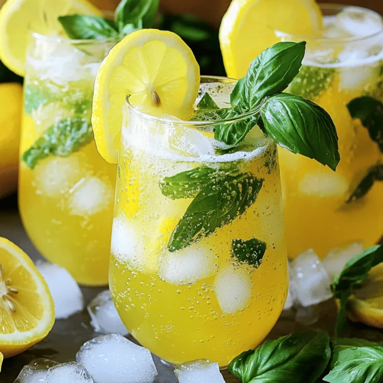 - 1 cup freshly squeezed lemon juice - 1/2 cup fresh basil leaves - 3 tablespoons honey or agave syrup - 4 cups chilled sparkling water - Ice cubes - Lemon slices and fresh basil sprigs for garnishing Lemon Basil Spritz starts with bright flavors. You need fresh lemons for the juice. I recommend using about four to five medium-sized lemons for one cup of juice. Fresh basil leaves give this drink its unique taste. Make sure to pack them tightly in your measuring cup. Honey or agave syrup adds sweetness to balance the tangy lemon. You can adjust the sweetness to your liking. For the additional ingredients, chilled sparkling water brings a refreshing fizz. Ice cubes cool down the drink and make it extra refreshing. Finally, lemon slices and fresh basil sprigs add a lovely touch when you serve. These garnishes not only look nice but also enhance the aroma of your drink. If you want to see how to put it all together, check out the Full Recipe. To start, gather your basil leaves, honey or agave syrup, and water. Combine them in a small saucepan. Heat the mixture over medium heat. Bring it to a gentle simmer and stir. This helps the sweetener dissolve fully. Once it’s all mixed well, remove the saucepan from the heat. Let it steep for about 10 to 15 minutes. This step draws out the fresh basil flavor. Next, carefully pour the basil syrup through a fine mesh sieve. Make sure to catch all the leaves. Discard the leaves after straining. Now, let the syrup cool down to room temperature. This cooling step is important before mixing it with the lemon juice and sparkling water. In a large pitcher, combine the cooled basil syrup with the freshly squeezed lemon juice. Stir well to mix the flavors. Then, gradually pour in the chilled sparkling water. Stir gently to keep the fizz. Now, fill each glass with ice cubes. Pour the Lemon Basil Spritz over the ice. This drink is perfect for a hot summer day. Enjoy the refreshing taste right away. For that extra pop, garnish each drink with a slice of lemon and a sprig of fresh basil. - Select fresh lemons for best flavor: Look for lemons that are bright yellow and firm. A good lemon should feel heavy for its size. This means it has more juice. Avoid any that are dull or have blemishes. - Tips on finding quality basil: Choose basil with vibrant green leaves. It should smell strong and fresh. Avoid wilted or brown leaves. You can also grow basil at home for the freshest flavor. - Adjust sweetness to taste: Start with three tablespoons of honey or agave syrup. Taste as you mix. If you like it sweeter, add more syrup bit by bit. - Balance lemon and basil for flavor harmony: The lemon gives a tart kick, while basil adds a sweet, herbal note. Aim for a 2:1 ratio of lemon to basil. This keeps both flavors shining without one overpowering the other. - Attractive garnishing ideas: Use lemon slices and fresh basil sprigs to beautify your drink. Place a lemon slice on the rim and drop a basil sprig right in. This enhances aroma and looks great. - Glassware tips for serving: Use tall glasses to show off the bubbles. Clear glasses work best to showcase the vibrant colors. You can also chill the glasses beforehand to keep your drink colder longer. For the full recipe, check out the Lemon Basil Spritz . {{image_4}} You can make your Lemon Basil Spritz even more fun by adding fruits. Berries like strawberries, raspberries, or blueberries give a nice splash of color and flavor. Just muddle a handful of fresh berries at the bottom of your glass before pouring in the spritz. You can also slice up peaches or mangoes for a tropical twist. Infusing other herbs can boost flavor, too. Try adding mint or rosemary for a fresh touch. The extra flavors will make your drink pop! If you want an adult version, adding spirits can be exciting. Gin works great because its herbal notes blend well with basil. Vodka is another option; it adds a smooth kick without changing the flavor too much. Simply mix in a shot of your chosen spirit when you combine the ingredients in your pitcher. This adds a nice buzz to the crisp and refreshing taste of your spritz. Making a mocktail version is simple and just as tasty. Skip the alcohol and focus on the lemon and basil flavors. You can even add more fruit juice, like peach or orange juice, to enhance the sweetness. Just mix your lemon juice, basil syrup, and sparkling water as usual. This drink is perfect for family gatherings or hot summer days when you want a refreshing sip. No matter how you make it, the Lemon Basil Spritz will always be a delight. For the full recipe, check out the Lemon Basil Spritz section above! To keep leftover basil syrup fresh, store it in an airtight container. Glass jars work best. Make sure the syrup is completely cool before sealing the jar. This helps avoid moisture buildup. Basil syrup stays fresh in the fridge for about one week. If you notice any changes in smell or color, it’s best to toss it. If you have leftover Lemon Basil Spritz, store it in a sealed pitcher. This helps keep it fresh. To maintain its fizz, avoid shaking the pitcher. The bubbles can go flat if you mix it too much. For the best taste, drink the spritz within 24 hours. If it sits longer, you'll lose some of the flavor and sparkle. You can find the full recipe for the Lemon Basil Spritz above. You can use several alternatives to honey or agave syrup. Here are a few options: - Maple syrup - Coconut sugar - Simple syrup - Stevia Each sweetener has a unique taste. Maple syrup adds a rich flavor, while stevia is very sweet. Adjust the amount to match your taste. Yes, you can prepare this drink ahead of time. Here are some tips: - Make the basil syrup a day before serving. - Store it in the fridge for up to one week. - Mix the lemon juice and sparkling water just before serving. This keeps your drink fizzy and fresh. I love serving this drink at summer parties or picnics. It’s light and refreshing. Here are some serving suggestions: - Use tall glasses filled with ice. - Garnish with lemon slices and basil sprigs. - Pair it with light snacks like cheese or fruit. This drink is perfect for warm days or gatherings with friends. You can find the Full Recipe to make this refreshing drink. This blog shared a fun recipe for a Lemon Basil Spritz. I broke down the main ingredients and showed how to make basil syrup. You learned ways to adjust flavors and serve well. I also included tips on storing your syrup and spritz. As you explore this spritz, feel free to get creative with flavors. Add fruits or herbs that you love. Enjoy this refreshing drink, whether it’s a sunny day or a cozy evening.