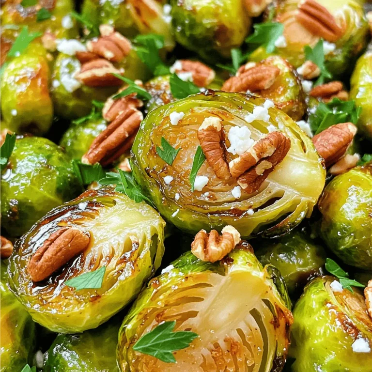To make Balsamic Glazed Brussels Sprouts, you will need a few simple ingredients. These will help create a dish full of flavor and texture. Here’s what you need: - 1 pound Brussels sprouts, halved - 1/4 cup balsamic vinegar - 2 tablespoons honey or maple syrup - 2 tablespoons olive oil - Salt and freshly ground pepper to taste - 1/4 cup toasted pecans, coarsely chopped - 1/4 cup crumbled feta cheese (optional) - Fresh parsley, finely chopped for garnish These ingredients work together to bring out the natural sweetness of the Brussels sprouts. The balsamic vinegar adds a tangy depth, while honey or maple syrup gives it a nice sweetness. Olive oil helps the sprouts roast beautifully in the oven. The toasted pecans add a great crunch, and the feta cheese can give a creamy touch if you choose to add it. Fresh parsley brightens the dish and makes it look appealing. Each element plays a big role, so make sure to gather them before you start cooking. You can find the Full Recipe online to guide you through the cooking process step by step. First, set your oven to 400°F (200°C). This temperature gives the Brussels sprouts a nice, crispy texture. In a big bowl, mix together the balsamic vinegar, honey (or maple syrup), and olive oil. Add a pinch of salt and pepper. Whisk until the mixture looks smooth. Now, add the halved Brussels sprouts to the glaze. Toss them carefully so every sprout gets covered. This ensures they soak up all that yummy flavor. Take a baking sheet and line it with parchment paper. Spread the coated Brussels sprouts in a single layer. Make sure they have space to roast well. Place the baking sheet in the oven. Roast for 20 to 25 minutes. Halfway through cooking, stir the sprouts. This helps them cook evenly and get that nice caramel color. After roasting, take the baking sheet out. Mix in the toasted pecans for a crunchy touch. If you like cheese, sprinkle some crumbled feta on top while they are still warm. Finish by adding fresh parsley on top. This gives the dish a pop of color and freshness. Serve the Brussels sprouts warm. Enjoy them straight from the baking sheet or on a nice plate. For an extra touch, drizzle any leftover balsamic glaze on top. For the full recipe, check out Balsamic Bliss Brussels Sprouts. To get the best Brussels sprouts, start with a hot oven at 400°F (200°C). This heat helps to caramelize the sprouts, making them sweet and tender. Spread them out on the baking sheet. Leave space between each sprout to allow hot air to circulate. This method ensures they roast evenly. Stir them halfway through cooking for an even golden color. If you want your dish sweeter, add a bit more honey or maple syrup. Taste the glaze before you coat the sprouts. You can also use a bit less vinegar if you prefer a milder flavor. Balance is key. The sweetness should complement the sprouts without overpowering them. These Brussels sprouts pair well with roasted meats or fish. Serve them alongside a juicy chicken or a savory salmon for a complete meal. They also go great with quinoa or brown rice for a vegetarian option. For an extra crunch, sprinkle more toasted pecans on top. To make your dish look appealing, serve the Brussels sprouts warm. You can use a shallow bowl or keep them on the baking sheet for a rustic touch. Drizzle some leftover balsamic glaze on top for a glossy finish. Add a sprinkle of fresh parsley for color and freshness. This simple touch brightens the whole dish. {{image_4}} Bacon brings a savory crunch to balsamic glazed Brussels sprouts. Use thick-cut bacon for best results. Cut it into small pieces and cook in a pan until crispy. Then, mix the cooked bacon with the roasted sprouts in the final step. This adds a smoky taste that pairs well with the sweet balsamic glaze. The combination elevates the dish and makes it even more delicious. If you want to change up the crunch factor, try adding different nuts or seeds. Almonds, walnuts, or sunflower seeds work great. Toast them lightly before adding to your dish. Each nut brings its own flavor. Almonds offer a buttery taste, while walnuts add earthiness. Sunflower seeds give a nice, light crunch. Feel free to experiment and find your favorite mix. For a vegan version, simply skip the feta cheese. Instead, add a sprinkle of nutritional yeast for a cheesy flavor without dairy. This keeps the dish plant-based while still tasting great. You can also increase the toasted nuts to add more richness. This way, you still enjoy a delightful blend of textures and tastes, making the dish satisfying without using any animal products. You can find the full recipe to guide you through making this dish at home. After you make Balsamic Bliss Brussels Sprouts, let them cool. Place the sprouts in an airtight container. Store them in the fridge for up to 3 days. Make sure the lid seals tightly to keep them fresh. If you find the sprouts lose some crispness, a quick reheating will help restore their texture. You can freeze the Brussels sprouts if you want to keep them longer. First, let them cool completely. Spread them on a baking sheet in a single layer. Freeze for about 1-2 hours until they are firm. Then, transfer the sprouts to freezer bags. Remove as much air as possible before sealing. They can last in the freezer for up to 3 months. When you're ready to use them, thaw in the fridge overnight before reheating. To reheat, preheat your oven to 350°F (175°C). Spread the sprouts on a baking sheet. Drizzle a little olive oil over them to help regain moisture. Heat for about 10-15 minutes until warmed through. If you prefer, you can microwave them for 2-3 minutes, but the oven keeps them crispier. Enjoy your flavorful side dish again! Brussels sprouts are small, round vegetables. They belong to the cabbage family. These green gems have a unique flavor that is slightly nutty. They grow on tall stalks and are packed with nutrients. You can enjoy them roasted, sautéed, or steamed. They are rich in vitamins K and C, making them a healthy choice. Yes, you can use frozen Brussels sprouts. They are convenient and save time. However, fresh sprouts have a better texture and flavor. If you use frozen ones, thaw them before cooking. Be sure to pat them dry to remove excess moisture. This helps achieve a nice, crispy roast. Brussels sprouts are cooked when they are tender and golden brown. You can check by piercing them with a fork. If the fork goes in easily, they are ready. Roasting them for 20 to 25 minutes usually does the trick. Stir them halfway through to ensure even cooking. Balsamic glazed Brussels sprouts pair well with many dishes. Here are some great options: - Roasted meats, such as chicken or pork - Grilled fish for a light touch - Quinoa or rice for a hearty meal - Nutty grains like farro or barley - A fresh salad for a balanced plate To make the best balsamic glaze, you need three key ingredients: balsamic vinegar, honey, and olive oil. Start by heating the balsamic vinegar in a small pot. Bring it to a simmer over medium heat. Then, stir in the honey until it dissolves. Allow the mixture to cook down until it thickens. This usually takes about 10 minutes. The glaze should coat the back of a spoon. Drizzle it over your Brussels sprouts for a sweet and tangy flavor. For the full recipe, check out Balsamic Bliss Brussels Sprouts. This article covered how to prepare delicious balsamic glazed Brussels sprouts. You learned about the key ingredients, helpful tips, and various options for serving. Cooking can be fun and tasty, especially with these tips on roasting and glazing. You can even try variations to suit your taste. I hope you feel excited to make this dish. Enjoy cooking and sharing this healthy meal with others!