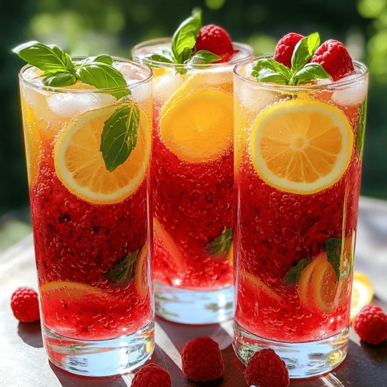 - 1 cup fresh raspberries - 1/2 cup freshly squeezed lemon juice - 1/4 cup fresh basil leaves, torn - 2 tablespoons honey or agave syrup (to taste) - Lemon slices (for garnish) - Additional fresh raspberries (for garnish) - 1 cup sparkling water (chilled) The key to a great Raspberry Lemon Basil Fizz lies in using fresh ingredients. Fresh raspberries bring a sweet, tangy flavor. Squeeze lemons right before you use them for that bright, zesty taste. The torn basil leaves add a lovely herbal note that lifts the drink. You can adjust the sweetness with honey or agave syrup. Why do we need sweeteners? They balance the tartness of the lemons and raspberries. You can add more or less based on your taste. Don't forget to garnish! Lemon slices and extra raspberries make your drink look pretty and inviting. The sparkling water is crucial too. It adds a bubbly lift that makes this drink refreshing. Chill it beforehand for the best fizz. With these ingredients, you're ready to create a drink that's perfect for summer days. For the complete recipe, check the full recipe. - Combine 1 cup of fresh raspberries, 1/2 cup of lemon juice, and 2 tablespoons of honey or agave syrup in a blender. - Blend until smooth, creating a bright red mixture. - Strain the blended mixture through a fine mesh sieve into a pitcher. - Press the mixture with a spatula to remove seeds. This step gives your drink a smooth texture. - Add 1/4 cup of torn basil leaves to the strained liquid. - Right before serving, stir in 1 cup of chilled sparkling water. This adds bubbles and excitement to your drink. To enjoy this refreshing drink, check out the Full Recipe for all the details and tips! To adjust the sweetness of your Raspberry Lemon Basil Fizz, start with less honey. You can always add more to suit your taste. Try using agave syrup if you want a lighter sweetener. Both options mix well with the tartness of raspberries. For the best fresh basil, I recommend using sweet basil. It has a mild flavor that pairs wonderfully with the lemon and raspberries. If you like a stronger taste, you might try Thai basil. It has a hint of spice that can add depth to your drink. Garnishing is key to a beautiful drink. Use thin lemon slices and place them on the rim of the glass. Scatter a few extra fresh raspberries inside the glass for a pop of color. This makes your drink look as good as it tastes! As for serving glasses, clear glass tumblers work best. They show off the vibrant colors of the drink. If you're feeling fancy, use stemless wine glasses for an elegant touch. You can make the raspberry mixture ahead of time. Just store it in the fridge for up to a day. Add the sparkling water just before serving to keep it fizzy and fresh. For blending, use a high-speed blender for a smooth mix. When straining, use a fine mesh sieve. Press the mixture gently with a spatula. This helps to get every drop of liquid while leaving the seeds behind. Enjoy this refreshing drink as a perfect summer treat! {{image_4}} You can swap fruits in this drink for fun new flavors. Try using strawberries instead of raspberries. Their sweetness adds a delightful twist. Blueberries work well too, giving a rich color. Mixing berries can create a unique taste. Combine raspberries, strawberries, and blueberries for a berry explosion! You can also use peaches or watermelon for a refreshing summer vibe. Each fruit brings its own charm to the drink. You can make this drink either a mocktail or a cocktail. For a cocktail version, add vodka or gin to the mix. Just a splash will enhance the drink without overpowering it. If you want a non-alcoholic version, skip the alcohol. This refreshing drink shines on its own, perfect for everyone. You can add extra soda for a fizzier mocktail, keeping it light and fun. You can adjust this recipe for different seasons. In fall, add cinnamon for a warm spice. In winter, consider using spiced apple cider instead of sparkling water. This creates a cozy drink that warms you up. You can also switch basil for mint in summer. Mint gives a refreshing taste that pairs well with lemon. Each season brings new flavors to explore in your Raspberry Lemon Basil Fizz! To keep your Raspberry Lemon Basil Fizz fresh, store it in a clean glass jar. Make sure the lid is tight. This drink tastes best within two days. After that, the flavors may fade. Keep it in the fridge to enjoy cold and refreshing sips. If you have extra mixture, you can freeze it. Pour it into ice cube trays for easy use later. Once frozen, pop the cubes into a bag. When you want a drink, just thaw a few cubes. To maintain flavor, thaw them in the fridge overnight. Don't waste those leftover raspberries! You can make a quick jam or add them to yogurt. The fresh basil can brighten up salads or pasta dishes. If you have extra lemons, slice them up and freeze them. They work great in tea or water later. Yes, you can prep this drink in advance. Mix the raspberry and lemon juice base first. Strain it and store it in the fridge. Wait to add the basil and sparkling water until just before serving. This keeps everything fresh and fizzy. To cut calories, use natural sweeteners like stevia or monk fruit. These options provide sweetness without the extra calories. You can also reduce the amount of honey or agave syrup in the recipe. Start with less and taste it. Adjust as needed. Mint is a great choice. It offers a fresh taste that complements raspberry. You can also try thyme, which adds a nice earthiness. Experimenting with different herbs can create unique flavor profiles. Each herb brings its own twist to the drink. Yes, frozen raspberries work well. They add a chill to your drink. Just blend them straight from the freezer. You may need to adjust the sweetness, as frozen fruit can taste less sweet than fresh. Keep that in mind when mixing. Absolutely! This drink is great for gatherings. To serve a crowd, double or triple the recipe. Prepare the base and store it in a large pitcher. Add the sparkling water and basil just before pouring. This keeps your drink bubbly and fresh. For a fun touch, use big glasses with lots of ice! You can find the full recipe [here](#). This blog post showed you how to make a refreshing Raspberry Lemon Basil Fizz. You learned about the fresh ingredients, sweeteners, and beverage base. The step-by-step guide made blending and straining easy. Tips offered ways to enhance flavor and present it well. You also discovered fun variations for any season. In the end, this drink is simple, tasty, and perfect for sharing. Enjoy creating your own unique twist!