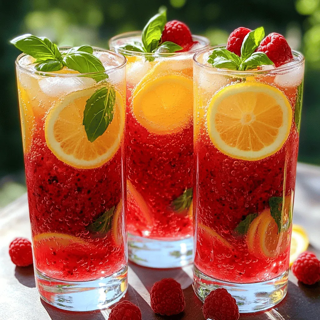 - 1 cup fresh raspberries - 1/2 cup freshly squeezed lemon juice - 1/4 cup fresh basil leaves, torn - 2 tablespoons honey or agave syrup (to taste) - Lemon slices (for garnish) - Additional fresh raspberries (for garnish) - 1 cup sparkling water (chilled) The key to a great Raspberry Lemon Basil Fizz lies in using fresh ingredients. Fresh raspberries bring a sweet, tangy flavor. Squeeze lemons right before you use them for that bright, zesty taste. The torn basil leaves add a lovely herbal note that lifts the drink. You can adjust the sweetness with honey or agave syrup. Why do we need sweeteners? They balance the tartness of the lemons and raspberries. You can add more or less based on your taste. Don't forget to garnish! Lemon slices and extra raspberries make your drink look pretty and inviting. The sparkling water is crucial too. It adds a bubbly lift that makes this drink refreshing. Chill it beforehand for the best fizz. With these ingredients, you're ready to create a drink that's perfect for summer days. For the complete recipe, check the full recipe. - Combine 1 cup of fresh raspberries, 1/2 cup of lemon juice, and 2 tablespoons of honey or agave syrup in a blender. - Blend until smooth, creating a bright red mixture. - Strain the blended mixture through a fine mesh sieve into a pitcher. - Press the mixture with a spatula to remove seeds. This step gives your drink a smooth texture. - Add 1/4 cup of torn basil leaves to the strained liquid. - Right before serving, stir in 1 cup of chilled sparkling water. This adds bubbles and excitement to your drink. To enjoy this refreshing drink, check out the Full Recipe for all the details and tips! To adjust the sweetness of your Raspberry Lemon Basil Fizz, start with less honey. You can always add more to suit your taste. Try using agave syrup if you want a lighter sweetener. Both options mix well with the tartness of raspberries. For the best fresh basil, I recommend using sweet basil. It has a mild flavor that pairs wonderfully with the lemon and raspberries. If you like a stronger taste, you might try Thai basil. It has a hint of spice that can add depth to your drink. Garnishing is key to a beautiful drink. Use thin lemon slices and place them on the rim of the glass. Scatter a few extra fresh raspberries inside the glass for a pop of color. This makes your drink look as good as it tastes! As for serving glasses, clear glass tumblers work best. They show off the vibrant colors of the drink. If you're feeling fancy, use stemless wine glasses for an elegant touch. You can make the raspberry mixture ahead of time. Just store it in the fridge for up to a day. Add the sparkling water just before serving to keep it fizzy and fresh. For blending, use a high-speed blender for a smooth mix. When straining, use a fine mesh sieve. Press the mixture gently with a spatula. This helps to get every drop of liquid while leaving the seeds behind. Enjoy this refreshing drink as a perfect summer treat! {{image_4}} You can swap fruits in this drink for fun new flavors. Try using strawberries instead of raspberries. Their sweetness adds a delightful twist. Blueberries work well too, giving a rich color. Mixing berries can create a unique taste. Combine raspberries, strawberries, and blueberries for a berry explosion! You can also use peaches or watermelon for a refreshing summer vibe. Each fruit brings its own charm to the drink. You can make this drink either a mocktail or a cocktail. For a cocktail version, add vodka or gin to the mix. Just a splash will enhance the drink without overpowering it. If you want a non-alcoholic version, skip the alcohol. This refreshing drink shines on its own, perfect for everyone. You can add extra soda for a fizzier mocktail, keeping it light and fun. You can adjust this recipe for different seasons. In fall, add cinnamon for a warm spice. In winter, consider using spiced apple cider instead of sparkling water. This creates a cozy drink that warms you up. You can also switch basil for mint in summer. Mint gives a refreshing taste that pairs well with lemon. Each season brings new flavors to explore in your Raspberry Lemon Basil Fizz! To keep your Raspberry Lemon Basil Fizz fresh, store it in a clean glass jar. Make sure the lid is tight. This drink tastes best within two days. After that, the flavors may fade. Keep it in the fridge to enjoy cold and refreshing sips. If you have extra mixture, you can freeze it. Pour it into ice cube trays for easy use later. Once frozen, pop the cubes into a bag. When you want a drink, just thaw a few cubes. To maintain flavor, thaw them in the fridge overnight. Don't waste those leftover raspberries! You can make a quick jam or add them to yogurt. The fresh basil can brighten up salads or pasta dishes. If you have extra lemons, slice them up and freeze them. They work great in tea or water later. Yes, you can prep this drink in advance. Mix the raspberry and lemon juice base first. Strain it and store it in the fridge. Wait to add the basil and sparkling water until just before serving. This keeps everything fresh and fizzy. To cut calories, use natural sweeteners like stevia or monk fruit. These options provide sweetness without the extra calories. You can also reduce the amount of honey or agave syrup in the recipe. Start with less and taste it. Adjust as needed. Mint is a great choice. It offers a fresh taste that complements raspberry. You can also try thyme, which adds a nice earthiness. Experimenting with different herbs can create unique flavor profiles. Each herb brings its own twist to the drink. Yes, frozen raspberries work well. They add a chill to your drink. Just blend them straight from the freezer. You may need to adjust the sweetness, as frozen fruit can taste less sweet than fresh. Keep that in mind when mixing. Absolutely! This drink is great for gatherings. To serve a crowd, double or triple the recipe. Prepare the base and store it in a large pitcher. Add the sparkling water and basil just before pouring. This keeps your drink bubbly and fresh. For a fun touch, use big glasses with lots of ice! You can find the full recipe [here](#). This blog post showed you how to make a refreshing Raspberry Lemon Basil Fizz. You learned about the fresh ingredients, sweeteners, and beverage base. The step-by-step guide made blending and straining easy. Tips offered ways to enhance flavor and present it well. You also discovered fun variations for any season. In the end, this drink is simple, tasty, and perfect for sharing. Enjoy creating your own unique twist!
