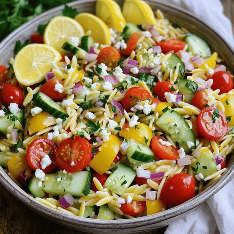 To make this vibrant Lemon Garlic Orzo Salad, gather the following ingredients: - 1 cup orzo pasta - 2 cups vegetable broth (or water) - 1 cup cherry tomatoes, halved - 1 small cucumber, diced - 1/4 red onion, finely chopped - 1 bell pepper (any color), diced - 1/4 cup fresh parsley, finely chopped - 1/4 cup feta cheese, crumbled (optional) - 3 tablespoons extra virgin olive oil - Juice of 2 fresh lemons - 2 cloves garlic, minced - Salt and freshly ground black pepper to taste - 1/4 teaspoon red pepper flakes (optional) You can add extra flavors and textures with these options: - 1/2 cup olives, sliced - 1/2 cup cooked chickpeas for protein - A handful of arugula or spinach for more greens - A sprinkle of sunflower seeds for crunch To make preparation easy, use these tools: - A medium-sized pot for cooking orzo - A colander for draining pasta - A large mixing bowl for combining ingredients - A small bowl for whisking the dressing - A whisk or fork for mixing This recipe will help you create a fresh and flavorful dish. For the full experience, check the Full Recipe. Start by boiling two cups of vegetable broth or water in a medium pot. Once it boils, add one cup of orzo pasta. Cook the orzo for about 8-10 minutes until it is al dente. This means it should be firm but not hard. After cooking, drain the orzo in a colander. Set it aside to cool down completely. Cooling the pasta helps keep it from getting mushy in the salad. While the orzo cooks, let’s make the dressing. In a small bowl, mix three tablespoons of extra virgin olive oil, the juice of two fresh lemons, and two minced garlic cloves. Add a pinch of salt and black pepper. If you like some heat, throw in a bit of red pepper flakes. Whisk all these together until they blend well. This dressing is zesty and will bring your salad to life. In a large mixing bowl, combine one cup of halved cherry tomatoes, one small diced cucumber, one finely chopped red onion, and one diced bell pepper. This mix gives your salad bright colors and fresh tastes. Once the orzo is cool, add it to the veggie mix. Pour the dressing over everything and toss it gently. Ensure every bit is coated in that delicious dressing. Next, fold in a quarter cup of finely chopped parsley and a quarter cup of crumbled feta cheese if you want it. Taste the salad and adjust the seasoning with more salt or pepper if needed. For the best flavor, cover the salad and chill it in the fridge for at least 30 minutes. This lets all the flavors blend together. For the full recipe, check out the lemon garlic orzo salad section. To cook orzo well, start with boiling water or broth. Use two cups of liquid for every cup of orzo. Stir it gently to avoid clumping. Cook for about 8-10 minutes. Test it by tasting; it should be firm, not mushy. Drain it well and let it cool before mixing it with other ingredients. To boost the salad's flavor, use fresh ingredients. Fresh lemon juice gives a zesty kick. Garlic adds depth, so don’t skip it! For a spicy twist, try red pepper flakes. Fresh herbs like parsley brighten the dish. If you like cheese, crumble some feta on top. It adds creaminess and saltiness. For a stunning presentation, choose a big bowl or individual plates. Arrange the salad neatly. Top it with extra feta and a lemon wedge for a pop of color. You can also sprinkle some olives for added flavor and beauty. This makes your salad fun to eat and share! For the full recipe, check out the details above. Enjoy your vibrant and tasty Lemon Garlic Orzo Salad! {{image_4}} You can change the veggies in this salad based on what you have. In spring, add asparagus or peas for a fresh crunch. In summer, try zucchini or bell peppers for sweetness. Fall calls for roasted squash or Brussels sprouts. Each season brings new flavors, making your orzo salad fun and tasty. If you want to make this dish heartier, add protein. Grilled chicken or shrimp works well. For a plant-based option, try chickpeas or black beans. These options boost the meal and keep you full longer. You can also mix in sliced hard-boiled eggs for an extra layer of flavor. You can easily make this salad fit your diet. For a vegan version, skip the feta cheese. Use a plant-based cheese or just leave it out. To make it gluten-free, swap the orzo for gluten-free pasta. Quinoa also makes a great base and adds protein. Enjoy these options to keep everyone happy at your table. To keep your Lemon Garlic Orzo Salad fresh, place it in an airtight container. This step helps to lock in the flavors and moisture. Store it in the fridge for up to three days. Ensure the salad is fully cooled before sealing it. This will prevent condensation, which can make the salad soggy. Reheating is not always needed for this salad. If you prefer it warm, you can gently heat it in a pan over low heat. Add a splash of olive oil or a bit of water to keep it moist. Stir frequently to prevent sticking. Heat just until warm, not hot. This keeps the fresh flavors intact. - Orzo pasta: Uncooked orzo lasts for years in the pantry. Cooked orzo should be eaten within three days. - Fresh vegetables: Tomatoes and cucumbers last about four to five days in the fridge. Use them fresh for the best taste. - Feta cheese: Unopened feta can last up to six months; opened, it lasts about five days. Store it in brine for freshness. - Olive oil: Has a long shelf life when stored in a cool, dark place. Use it within a year for the best flavor. For the full recipe, check out the details above. Enjoy creating this fresh and flavorful dish! Orzo pasta is a small, rice-shaped pasta. It cooks quickly and is versatile. You can use orzo in salads, soups, and casseroles. It absorbs flavors well, making it perfect for dishes like Lemon Garlic Orzo Salad. The texture is smooth and delightful, which makes it great for both warm and cold meals. Yes, you can make this salad ahead of time! I recommend preparing it a few hours before serving. This allows the flavors to mix well. Simply cover the salad and place it in the fridge. Just remember to add fresh herbs or cheese just before serving for the best taste. You can customize this salad in many ways! Here are a few ideas: - Seasonal Veggies: Use veggies like bell peppers, zucchini, or even artichokes. - Protein Additions: Add grilled chicken, shrimp, or chickpeas for more protein. - Dietary Modifications: Make it vegan by skipping the feta cheese. Use quinoa for a gluten-free option. Feel free to experiment with flavors! The basic recipe is flexible and fun to modify. For the full recipe, be sure to check the previous sections! This blog post covered how to create a delicious Lemon Garlic Orzo Salad. We explored the complete ingredient list and optional items to enhance flavor. I provided simple steps for cooking orzo, preparing the dressing, and assembling your salad. You learned helpful tips for perfecting your dish and various ways to customize it. Lastly, I shared storage tips to keep your leftovers fresh. This salad is tasty, easy to make, and great for any occasion. Enjoy making it your own!