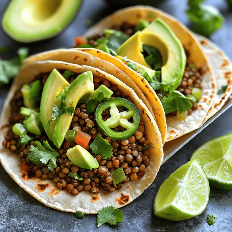 - 1 cup dried green or brown lentils, thoroughly rinsed - 2 ½ cups vegetable broth or water - 1 tablespoon extra-virgin olive oil - 1 small onion, finely chopped - 2 garlic cloves, minced - 1 colorful bell pepper, chopped - 1 fresh jalapeño, finely chopped For the main ingredients, I love using dried lentils. They are full of protein and fiber. You can choose green or brown lentils based on your taste. I recommend using vegetable broth to cook the lentils. It adds a lot of flavor. Olive oil helps sauté the aromatics. I use onion and garlic for a great base. Peppers add a nice crunch and a hint of heat. - 2 teaspoons ground cumin - 1 teaspoon smoked paprika - 1 teaspoon chili powder - Salt and freshly cracked black pepper to taste The seasonings are key to making these tacos tasty. Ground cumin gives a warm, earthy flavor. Smoked paprika adds a touch of smokiness. Chili powder brings a nice kick. Don't forget to season with salt and pepper to bring all the flavors together. - 8 small corn or flour tortillas - Fresh cilantro leaves, chopped (for garnish) - Lime wedges (for serving) - Avocado slices (optional, for topping) - Salsa or hot sauce (optional, for serving) When it comes to toppings, I like to keep it simple yet fresh. Warm tortillas are a must. They cradle the filling nicely. Fresh cilantro adds a pop of color and flavor. Lime wedges are great for squeezing juice on top. Avocado slices can make your tacos even creamier. You can also add salsa or hot sauce for extra zest. For the complete recipe, check out the [Full Recipe]. To start, combine the rinsed lentils with the vegetable broth in a medium pot. Bring this mix to a gentle boil over medium-high heat. Once it starts to boil, reduce the heat to low. Cover the pot and let the lentils simmer for about 20 to 25 minutes. They should become tender, and most of the liquid will be absorbed. Stir them occasionally to help them cook evenly. While the lentils are cooking, heat the olive oil in a large skillet over medium heat. Once the oil is hot, add the finely chopped onion. Sauté the onion for about 5 minutes until it turns translucent and slightly golden. Next, add the minced garlic, chopped bell pepper, and finely chopped jalapeño to the skillet. Sauté this mixture for another 3 to 4 minutes until the peppers are soft and fragrant. Now, it's time to mix everything together. Stir in the cooked lentils along with the ground cumin, smoked paprika, chili powder, and a pinch of salt and pepper. Mix everything together thoroughly. Cook this mixture for another 5 minutes over medium heat. This step allows the spices to infuse the lentils, creating rich and bold flavors. For the full recipe, check out the details above. To get the best texture from your lentils, avoid overcooking them. Lentils should be soft but not mushy. Keep an eye on the timer; about 20 to 25 minutes works well. The right liquid ratio is key too. Use 2 ½ cups of broth for 1 cup of lentils. This helps them cook evenly and absorb flavor. Want to adjust spice levels? Try adding more chili powder or jalapeño for heat. If you prefer it milder, leave out the seeds from the jalapeño. You can also mix in ingredients like corn or black beans for extra flavor. Toppings like avocado and fresh salsa add freshness and balance to each bite. Warming tortillas makes a big difference. You can use a skillet or grill. Heat them for 1 to 2 minutes on each side. This keeps them soft and pliable. To keep them warm, wrap them in a clean kitchen towel after warming. This helps them stay soft until you’re ready to serve. You can find the full recipe in the earlier sections to get started on these tasty tacos! {{image_4}} You can easily switch up the protein in these tacos. Adding beans or other legumes works great. For example, black beans or chickpeas can add more texture and flavor. If you want to keep it plant-based, try quinoa or tempeh for a hearty bite. These options make the dish even more filling and fun. They also boost the protein content. Feel free to get creative with the spices. You can use chili flakes for extra heat or coriander for a fresh touch. Try adding herbs like oregano to change the taste profile. Seasonal vegetables also make a big difference. In summer, fresh corn adds sweetness. In fall, roasted squash gives a cozy flavor. Mixing in these ingredients keeps your tacos exciting and new. You don't have to stick to just tacos! You can make a taco salad by putting the lentil mix over greens. Top it with salsa and avocado for a fresh bite. Another fun option is to wrap the lentil mix in a burrito. Just use larger tortillas and add rice for more bulk. Both styles are tasty and fun to eat. Check the Full Recipe for more ideas on how to serve these tacos! To store your spicy lentil tacos, first, let them cool completely. Place them in an airtight container. They last in the fridge for about 3-5 days. If you want to keep them longer, consider freezing. For freezing, store the lentil filling separate from the tortillas. This way, the tortillas stay fresh. You can freeze the filling for up to 3 months. When it's time to eat, you need the right way to reheat. The best method is to use a skillet. Heat it over medium-low heat. Place the lentil filling in the skillet and warm it up. Stir gently to avoid burning. For the tortillas, warm them in the same skillet for a few seconds on each side. To avoid soggy tortillas, do not cover them while reheating. This keeps them crispy and delicious. You can make the lentil filling ahead of time. Cook it on the weekend and store it in the fridge. This makes quick weeknight meals easy. When you are ready to eat, just warm the filling. Assemble the tacos with tortillas and toppings. This saves time and makes dinner a breeze. Yes, you can prepare these tacos in advance. Cook the lentils and store them in an airtight container. Keep them in the fridge for up to three days. When you are ready to eat, reheat the lentil mixture. You can use a skillet or microwave for quick warming. Just make sure you heat it until hot all the way through. These tacos pair well with many side dishes. Here are some great options: - Mexican rice - Black beans - Fresh corn salad - Guacamole - A simple green salad with lime dressing These sides add more flavor and texture to your meal. Yes, this recipe is vegan. It uses lentils, veggies, and spices without any animal products. If you want to make it gluten-free, use corn tortillas. You can swap the olive oil for avocado oil if needed. To reduce the spice in your lentils, remove the seeds from the jalapeño. You can also cut the amount of jalapeño used. Adding more vegetables like bell peppers can help tone down the heat. Another tip is to mix in some dairy-free sour cream or avocado to balance the spice. You can make these tacos your own with various toppings. Try: - Shredded lettuce - Diced tomatoes - Sliced radishes - Vegan cheese - Green onions - Hot sauce for extra heat Feel free to mix and match your favorite toppings! This blog post covered how to make Spicy Lentil Tacos from start to finish. We explored key ingredients, step-by-step cooking, tips for texture and flavor, variations, and storage options. Remember, lentils are nutritious and versatile. You can adjust spice levels or add your favorite toppings. Whether you enjoy a simple meal or a creative twist, these tacos fit the bill. Dive into this fun and healthy recipe to please your taste buds!