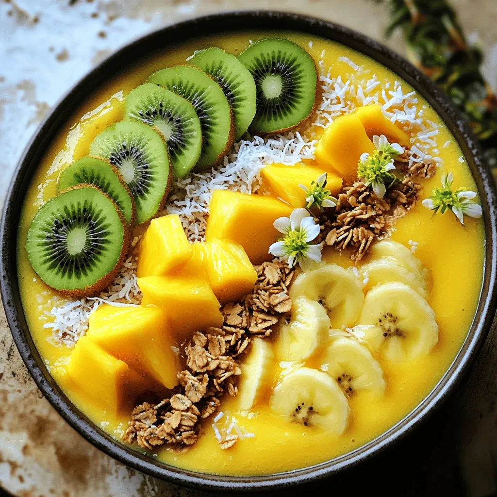 To make your Mango Pineapple Smoothie Bowl, gather these main ingredients: - 1 ripe mango, peeled and diced - 1 cup fresh pineapple chunks - 1 frozen banana - 1/2 cup coconut milk (or any milk of your choice) - 1 tablespoon honey or maple syrup (optional, adjust to taste) - 1/2 teaspoon vanilla extract - 1 tablespoon chia seeds (for added texture and nutrition) These ingredients create a sweet and creamy base. The ripe mango adds a rich flavor, while the pineapple gives a bright, tangy note. The frozen banana makes the texture smooth and thick. You can enhance your smoothie bowl with these optional add-ins: - A scoop of protein powder for extra energy - A pinch of cinnamon for warmth - A handful of spinach for added greens - A tablespoon of nut butter for creaminess Adding these ingredients can boost nutrition and taste. Each option brings a unique flavor, so feel free to mix and match based on what you like. Presentation is key! Here are some great toppings to make your bowl look stunning: - Sliced kiwi for a pop of green - A generous handful of granola for crunch - A sprinkle of shredded coconut for tropical flair - A few edible flowers for a beautiful touch Toppings not only add charm but also improve texture and taste. Aim for a colorful mix to make the bowl eye-catching and fun to eat. For the full recipe, check the details above. To start, gather all your ingredients. You need: - 1 ripe mango, peeled and diced - 1 cup fresh pineapple chunks - 1 frozen banana - 1/2 cup coconut milk (or any milk of your choice) - 1 tablespoon honey or maple syrup (optional) - 1/2 teaspoon vanilla extract - 1 tablespoon chia seeds - Toppings: sliced kiwi, granola, shredded coconut, and edible flowers Make sure your mango is ripe. A ripe mango has a sweet smell. Chop it into small, even pieces. Fresh pineapple should be juicy and sweet. Cut it into chunks. Your frozen banana adds creaminess. If you don’t have frozen banana, freeze a ripe banana overnight. Place the mango, pineapple, frozen banana, coconut milk, honey, and vanilla extract in a blender. Blend on high speed. You want a smooth and creamy texture. If it’s too thick, add more coconut milk slowly. Blend again until smooth. Now, add the chia seeds. Pulse the blender a few times. This keeps the seeds slightly whole for texture. Pour the smoothie mixture into a large bowl. Let it settle evenly in the bowl. Now comes the fun part—decorating! Arrange sliced kiwi on top. Add a big handful of granola for crunch. Sprinkle shredded coconut for sweetness. Finally, add a few edible flowers to make it pretty. Serve your mango pineapple smoothie bowl right away. Enjoy the bright and fresh flavors! For a detailed recipe, check the Full Recipe. To get the best smoothness, use ripe mango and fresh pineapple. These fruits blend well and add natural creaminess. Start with the coconut milk. If your smoothie is too thick, add more milk slowly. Blend until smooth. I like to pulse it a few times after adding chia seeds. This keeps the seeds whole, giving a nice texture. The sweetness can change based on your taste. If you want it sweeter, add honey or maple syrup. Start with one tablespoon, then taste. You can always add more. Fresh fruits can also change the flavor. If your mango is very sweet, you might not need any extra sweeteners. Chia seeds add nutrition and a fun texture. When you blend them, they expand. This makes the smoothie thicker. Add them last to keep some seeds whole. Let the smoothie sit for a few minutes after mixing. This helps the seeds soak up moisture and plump up nicely. You’ll enjoy the crunch in every bite! For more ideas and a full recipe, check out the Mango Pineapple Paradise Smoothie Bowl. {{image_4}} You can have fun with this smoothie bowl. Try adding other fruits. Berries like strawberries or blueberries create a beautiful color. Sliced bananas or peaches also work well. Each fruit brings its own flavor. Mix and match to find your favorite combo. You can even add some citrus for a zesty kick. Lemons or limes can brighten the taste. Just remember, keep the fruit fresh for the best flavor. Not everyone likes dairy, and that's okay! You can make this bowl dairy-free easily. Use almond milk, oat milk, or any plant-based milk you enjoy. Coconut milk adds a lovely creaminess. You can also skip milk altogether. Just add more frozen fruit and blend until smooth. This way, you still get that thick texture without any dairy. Want to make your smoothie bowl even healthier? Consider adding superfoods! Chia seeds are a great choice. They give extra fiber and protein. You can also try adding spinach or kale. They blend well and add nutrients without changing the taste much. If you like, sprinkle some hemp seeds or flaxseeds on top. These add healthy fats and protein. Get creative and boost your bowl with these options! If you have leftover smoothie bowl, store it in an airtight container. This helps keep it fresh. Place it in the fridge. Use it within one to two days for the best taste. The smoothie may thicken as it sits. If so, add a bit of milk before serving. You can freeze the mango, pineapple, and banana for later use. Cut the fruit into small pieces. Spread them on a baking sheet and freeze until firm. Then, transfer them to a freezer bag. This keeps your fruit fresh and ready for your next smoothie bowl. Remember, frozen fruit makes your smoothie thicker and creamier. To keep your toppings fresh, store them separately. Place sliced kiwi in a sealed bag. Keep granola in a cool, dry place. Shredded coconut can also go into a sealed container. This way, your toppings stay crunchy and tasty. Use them within a week for the best flavor and texture. For more tips, check out the Full Recipe. Yes, you can use frozen mango and pineapple. They work well in smoothies. Frozen fruits give a nice chill to your bowl. They also add a creamy texture. If you use frozen fruit, skip the frozen banana. Adjust the coconut milk to keep it smooth. The mango and pineapple in this smoothie bowl are packed with vitamins. Mango helps with digestion and boosts your immune system. Pineapple has bromelain, which aids in reducing inflammation. Chia seeds add fiber and healthy fats. Coconut milk provides a dairy-free source of creaminess. Overall, this bowl is a nutritious choice. To change the thickness, add more or less coconut milk. Start with a half cup, then blend. If it's too thick, add a splash more milk. If it's too thin, add a bit more frozen fruit. Keep blending until you get your perfect texture. Enjoy your bowl just how you like it! This blog post covers how to make a tasty mango pineapple smoothie bowl. We explored key ingredients, from fruits to toppings. I shared step-by-step instructions to help you blend and arrange your bowl perfectly. You learned tips to achieve the right consistency and personalize sweetness. We also discussed creative variations and smart storage methods. Enjoy making this smoothie bowl your own by trying different flavors. Remember, you can easily adjust it to fit your taste. Dive in and savor every bite!
