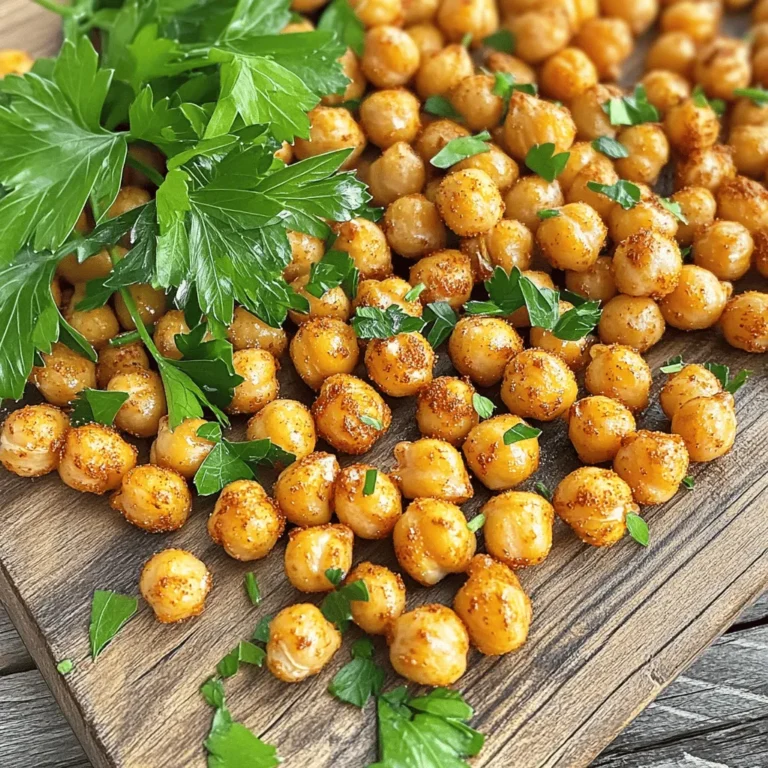 To make a tasty roasted chickpea snack, you'll need these simple ingredients: - 1 can (15 oz) chickpeas, thoroughly drained and rinsed - 2 tablespoons extra virgin olive oil - 1 teaspoon smoked paprika - 1 teaspoon garlic powder - 1 teaspoon ground cumin - ½ teaspoon cayenne pepper (or to taste for spiciness) - Sea salt, to taste - Fresh parsley, finely chopped (for garnish) These ingredients come together to create a crispy and healthy treat. Chickpeas are packed with protein and fiber, making them a great snack choice. The spices add flavor, while the olive oil helps achieve that crunchy texture. When you gather your ingredients, make sure to choose high-quality olive oil. It enhances the flavor and health benefits of the dish. You can also adjust the spices to suit your taste. Like it spicy? Add more cayenne! Prefer it milder? Skip the heat. Using fresh parsley as a garnish not only looks nice but also adds a burst of freshness. This roasted chickpea snack is easy to prepare and perfect for sharing. For the full recipe, check the earlier section. Enjoy your cooking! - Preheat your oven to 400°F (200°C). - Drain and rinse the chickpeas thoroughly. Start by turning on your oven. It needs to be hot for roasting. Grab a can of chickpeas. Drain it well and rinse under cold water. This helps wash away any canning liquid. A clean chickpea is a happy chickpea! - Pat chickpeas dry and mix with olive oil and spices. Now, take a clean kitchen towel. Spread the chickpeas on it. Pat them dry gently. This step helps them get crispy when roasting. Next, grab a mixing bowl. Add the dried chickpeas, olive oil, and spices. Use smoked paprika, garlic powder, ground cumin, cayenne pepper, and sea salt. Mix well until every chickpea is coated with flavor. - Spread chickpeas on a baking sheet and roast until crispy. Grab a baking sheet and spread the seasoned chickpeas on it. Make sure they are in a single layer. If they are too close, they won’t crisp up. Place the baking sheet in the oven. Roast for 25-30 minutes. Stir the chickpeas halfway through. This helps them roast evenly. When they turn golden brown, they are ready! Take them out and let them cool. They will get even crunchier as they cool. Enjoy your roasted chickpea snack! For the full recipe, check the section above. To get that perfect crunch, drying the chickpeas is key. After rinsing them, use a clean kitchen towel to pat them dry. This step removes excess moisture, which can make them soggy. The drier the chickpeas, the better they crisp up in the oven. Another important point is spacing on the baking sheet. Spread the chickpeas out in a single layer. If they touch, they will steam instead of roast. Proper spacing ensures each chickpea gets hot air around it, leading to crispy goodness. You can swap oils or spices in this recipe. Olive oil gives a nice flavor, but you can use avocado oil or coconut oil, too. Each oil adds a unique taste. For spices, try different mixes like curry powder or Italian herbs. Adjust the spice levels based on your taste. If you like it hot, add more cayenne pepper. Want milder? Just skip it or use less. Roasting times are important for perfect chickpeas. Aim for 25 to 30 minutes at 400°F (200°C). About halfway through, give them a stir. This helps them brown evenly. To check for doneness, look for a golden color. They should feel hard and crunchy when you taste them. If they’re still soft, roast them a bit longer. Enjoy your crunchy snack! {{image_4}} You can easily switch up the taste of your roasted chickpeas. Here are two fun ideas: - Spicy Sriracha roasted chickpeas: Toss your chickpeas with Sriracha sauce before roasting. This adds a nice kick. You can adjust the amount based on your spice level. - Sweet and savory cinnamon and sugar roasted chickpeas: Mix a little brown sugar and cinnamon with your chickpeas. This gives a sweet twist that kids love. You can make your roasted chickpeas even healthier. Here are some options: - Low-sodium seasonings: Use herbs like oregano or thyme instead of salt. This keeps the flavor strong without extra sodium. - Gluten-free and vegan variations: Chickpeas are already gluten-free and vegan. You can add your favorite gluten-free spices to keep it tasty and safe. Get creative with how you enjoy your roasted chickpeas. Here are some fun ways to serve them: - Adding to salads or grain bowls: Sprinkle them on salads or grain bowls for a crunchy texture. They make a great topping. - Snacking ideas and pairings: Enjoy them as a snack on their own or with dips like hummus. They also pair well with popcorn for movie night. For a full recipe on how to make these tasty treats, check out the Full Recipe section! To keep your roasted chickpeas fresh, store them in an airtight container. Glass jars work great. You can also use plastic containers with tight lids. Make sure to let them cool first. If you store them while still warm, they can get soggy. Keep them in a cool, dry place like a pantry or cupboard. This way, they stay crispy longer. Yes, you can freeze roasted chickpeas! Just put them in a freezer-safe bag or container. Remove as much air as possible to prevent freezer burn. When you're ready to eat them, take them out and let them thaw. For the best taste, heat them in the oven at 350°F (175°C) for about 10 minutes. This helps bring back their crunch. Roasted chickpeas can last about a week when stored properly. If you see any signs of spoilage, like a bad smell or a soft texture, throw them away. Always check your snack before munching. Keeping an eye on your roasted chickpeas ensures you enjoy the best flavors from this crunchy treat. For the full recipe, refer to the above.* To make roasted chickpeas, start with a can of chickpeas. Drain and rinse them well. Pat them dry with a towel. Then, mix the chickpeas with olive oil and spices. Spread them out on a baking sheet. Roast at 400°F for 25-30 minutes until crispy. You can find the detailed steps in the Full Recipe. Yes, roasted chickpeas are very healthy. They are high in protein and fiber. This makes them great for snacks. They also contain vitamins and minerals like iron and magnesium. Plus, you can control the oil and salt, making them a better choice than chips. You can find roasted chickpeas in many grocery stores. Look in the snack aisle or the health food section. They are also available online. Brands like Biena and The Good Bean sell tasty options. To make chickpeas crispy, dry them well before roasting. Use a clean towel to remove moisture. Spread them in a single layer on the baking sheet. This helps them cook evenly. Stir them halfway through roasting for perfect crispiness. Some popular brands are Biena, The Good Bean, and Hippeas. Each offers various flavors. They are easy to find in stores or online. Roasting chickpeas is simple and fun. You can create tasty snacks with just a few ingredients. The right spices and roasting methods make all the difference. Remember to dry the chickpeas well for that perfect crunch. Try different flavors like spicy or sweet, and enjoy them in salads or as snacks. Use good storage methods to keep them fresh. With these tips, you can impress your friends and family with your new skills. Dive into this healthy treat—it’s worth it!