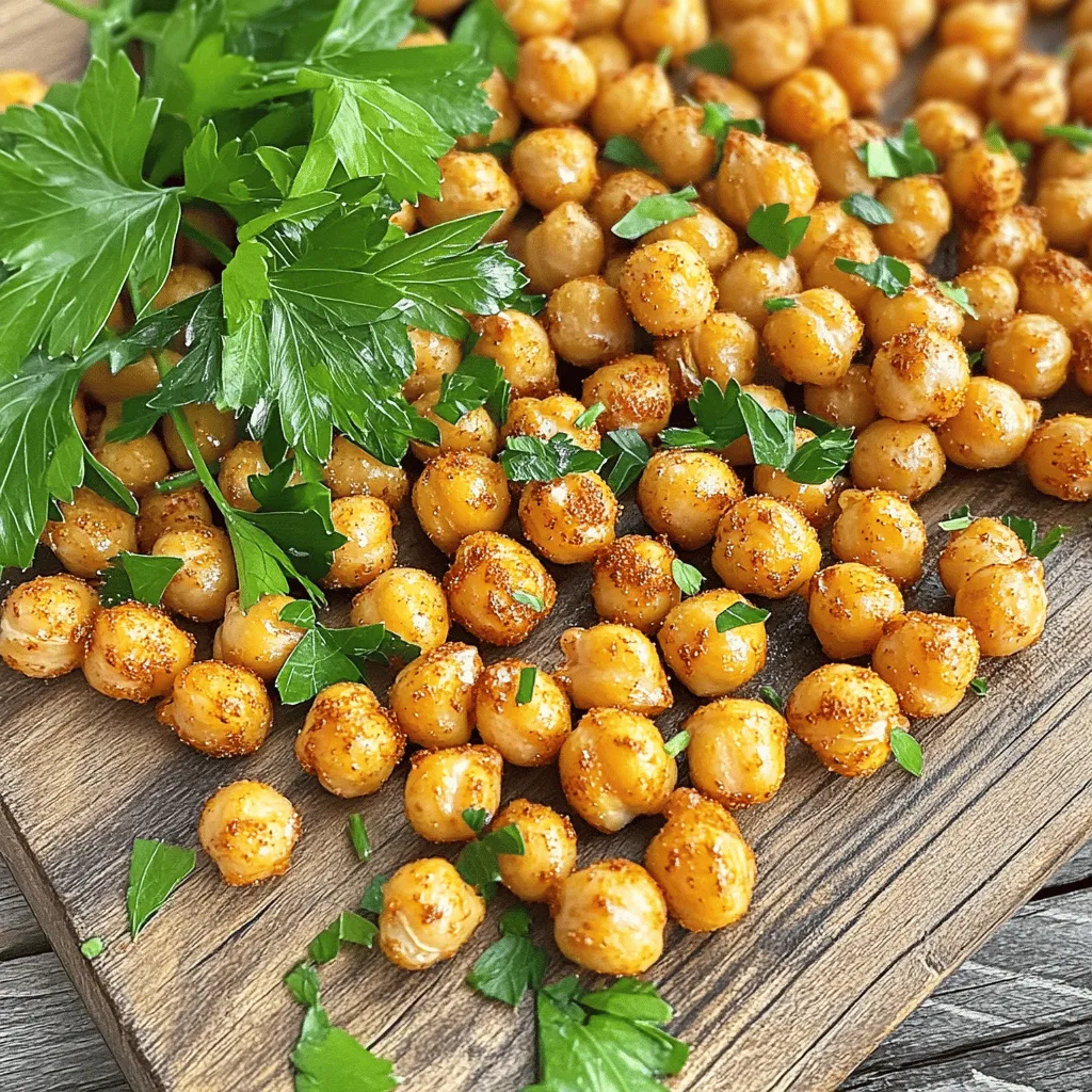 To make a tasty roasted chickpea snack, you'll need these simple ingredients: - 1 can (15 oz) chickpeas, thoroughly drained and rinsed - 2 tablespoons extra virgin olive oil - 1 teaspoon smoked paprika - 1 teaspoon garlic powder - 1 teaspoon ground cumin - ½ teaspoon cayenne pepper (or to taste for spiciness) - Sea salt, to taste - Fresh parsley, finely chopped (for garnish) These ingredients come together to create a crispy and healthy treat. Chickpeas are packed with protein and fiber, making them a great snack choice. The spices add flavor, while the olive oil helps achieve that crunchy texture. When you gather your ingredients, make sure to choose high-quality olive oil. It enhances the flavor and health benefits of the dish. You can also adjust the spices to suit your taste. Like it spicy? Add more cayenne! Prefer it milder? Skip the heat. Using fresh parsley as a garnish not only looks nice but also adds a burst of freshness. This roasted chickpea snack is easy to prepare and perfect for sharing. For the full recipe, check the earlier section. Enjoy your cooking! - Preheat your oven to 400°F (200°C). - Drain and rinse the chickpeas thoroughly. Start by turning on your oven. It needs to be hot for roasting. Grab a can of chickpeas. Drain it well and rinse under cold water. This helps wash away any canning liquid. A clean chickpea is a happy chickpea! - Pat chickpeas dry and mix with olive oil and spices. Now, take a clean kitchen towel. Spread the chickpeas on it. Pat them dry gently. This step helps them get crispy when roasting. Next, grab a mixing bowl. Add the dried chickpeas, olive oil, and spices. Use smoked paprika, garlic powder, ground cumin, cayenne pepper, and sea salt. Mix well until every chickpea is coated with flavor. - Spread chickpeas on a baking sheet and roast until crispy. Grab a baking sheet and spread the seasoned chickpeas on it. Make sure they are in a single layer. If they are too close, they won’t crisp up. Place the baking sheet in the oven. Roast for 25-30 minutes. Stir the chickpeas halfway through. This helps them roast evenly. When they turn golden brown, they are ready! Take them out and let them cool. They will get even crunchier as they cool. Enjoy your roasted chickpea snack! For the full recipe, check the section above. To get that perfect crunch, drying the chickpeas is key. After rinsing them, use a clean kitchen towel to pat them dry. This step removes excess moisture, which can make them soggy. The drier the chickpeas, the better they crisp up in the oven. Another important point is spacing on the baking sheet. Spread the chickpeas out in a single layer. If they touch, they will steam instead of roast. Proper spacing ensures each chickpea gets hot air around it, leading to crispy goodness. You can swap oils or spices in this recipe. Olive oil gives a nice flavor, but you can use avocado oil or coconut oil, too. Each oil adds a unique taste. For spices, try different mixes like curry powder or Italian herbs. Adjust the spice levels based on your taste. If you like it hot, add more cayenne pepper. Want milder? Just skip it or use less. Roasting times are important for perfect chickpeas. Aim for 25 to 30 minutes at 400°F (200°C). About halfway through, give them a stir. This helps them brown evenly. To check for doneness, look for a golden color. They should feel hard and crunchy when you taste them. If they’re still soft, roast them a bit longer. Enjoy your crunchy snack! {{image_4}} You can easily switch up the taste of your roasted chickpeas. Here are two fun ideas: - Spicy Sriracha roasted chickpeas: Toss your chickpeas with Sriracha sauce before roasting. This adds a nice kick. You can adjust the amount based on your spice level. - Sweet and savory cinnamon and sugar roasted chickpeas: Mix a little brown sugar and cinnamon with your chickpeas. This gives a sweet twist that kids love. You can make your roasted chickpeas even healthier. Here are some options: - Low-sodium seasonings: Use herbs like oregano or thyme instead of salt. This keeps the flavor strong without extra sodium. - Gluten-free and vegan variations: Chickpeas are already gluten-free and vegan. You can add your favorite gluten-free spices to keep it tasty and safe. Get creative with how you enjoy your roasted chickpeas. Here are some fun ways to serve them: - Adding to salads or grain bowls: Sprinkle them on salads or grain bowls for a crunchy texture. They make a great topping. - Snacking ideas and pairings: Enjoy them as a snack on their own or with dips like hummus. They also pair well with popcorn for movie night. For a full recipe on how to make these tasty treats, check out the Full Recipe section! To keep your roasted chickpeas fresh, store them in an airtight container. Glass jars work great. You can also use plastic containers with tight lids. Make sure to let them cool first. If you store them while still warm, they can get soggy. Keep them in a cool, dry place like a pantry or cupboard. This way, they stay crispy longer. Yes, you can freeze roasted chickpeas! Just put them in a freezer-safe bag or container. Remove as much air as possible to prevent freezer burn. When you're ready to eat them, take them out and let them thaw. For the best taste, heat them in the oven at 350°F (175°C) for about 10 minutes. This helps bring back their crunch. Roasted chickpeas can last about a week when stored properly. If you see any signs of spoilage, like a bad smell or a soft texture, throw them away. Always check your snack before munching. Keeping an eye on your roasted chickpeas ensures you enjoy the best flavors from this crunchy treat. For the full recipe, refer to the above.* To make roasted chickpeas, start with a can of chickpeas. Drain and rinse them well. Pat them dry with a towel. Then, mix the chickpeas with olive oil and spices. Spread them out on a baking sheet. Roast at 400°F for 25-30 minutes until crispy. You can find the detailed steps in the Full Recipe. Yes, roasted chickpeas are very healthy. They are high in protein and fiber. This makes them great for snacks. They also contain vitamins and minerals like iron and magnesium. Plus, you can control the oil and salt, making them a better choice than chips. You can find roasted chickpeas in many grocery stores. Look in the snack aisle or the health food section. They are also available online. Brands like Biena and The Good Bean sell tasty options. To make chickpeas crispy, dry them well before roasting. Use a clean towel to remove moisture. Spread them in a single layer on the baking sheet. This helps them cook evenly. Stir them halfway through roasting for perfect crispiness. Some popular brands are Biena, The Good Bean, and Hippeas. Each offers various flavors. They are easy to find in stores or online. Roasting chickpeas is simple and fun. You can create tasty snacks with just a few ingredients. The right spices and roasting methods make all the difference. Remember to dry the chickpeas well for that perfect crunch. Try different flavors like spicy or sweet, and enjoy them in salads or as snacks. Use good storage methods to keep them fresh. With these tips, you can impress your friends and family with your new skills. Dive into this healthy treat—it’s worth it!