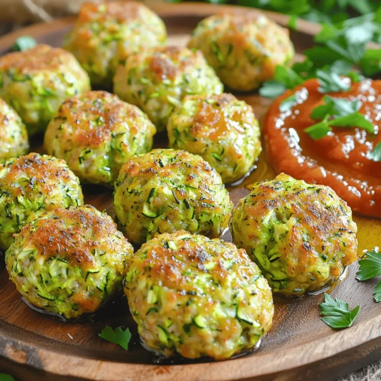 To make baked zucchini meatballs, you need fresh and simple ingredients. Here’s the list: - 2 medium zucchinis, grated - 1 cup ground turkey or chicken - 1/2 cup breadcrumbs - 1/4 cup grated Parmesan cheese - 1/4 cup fresh parsley - 1 teaspoon garlic powder - 1 teaspoon onion powder - 1 teaspoon Italian seasoning - 1 large egg - Salt and pepper - Olive oil for drizzling - Marinara sauce for serving These ingredients work together to create tasty meatballs that are moist and flavorful. The grated zucchini adds a great texture and a hint of sweetness. Choose ground turkey for a lighter option or chicken for a slightly richer taste. Make sure to squeeze out the excess water from the zucchini. This step is key! It helps the meatballs hold their shape. The breadcrumbs and cheese bind everything together. Fresh parsley gives a burst of color and taste. Don’t forget to season well with salt and pepper! You can find the full recipe for these delicious meatballs to guide you step by step. Enjoy your cooking! 1. Preheat oven to 400°F (200°C): Start by setting your oven to the right temperature. This helps the meatballs cook evenly. 2. Squeeze excess moisture from grated zucchini: Take your grated zucchini and use a clean kitchen towel. Squeeze it hard to get rid of extra moisture. This step is key to making sure the meatballs hold together well. 3. Combine all ingredients in a mixing bowl: In a large bowl, add your squeezed zucchini. Then, mix in the ground turkey or chicken, breadcrumbs, Parmesan cheese, chopped parsley, garlic powder, onion powder, Italian seasoning, egg, salt, and pepper. Use your hands or a spoon to mix everything until it forms one big, yummy mixture. 1. Roll mixture into meatballs: With clean hands, grab some of the mixture and roll it into balls about 1.5 inches wide. This size is perfect for cooking through evenly. 2. Place meatballs on a baking sheet: Line a baking sheet with parchment paper. Space the meatballs about 2 inches apart on the sheet. This helps them cook without sticking together. 3. Drizzle olive oil over meatballs and bake: Pour a little olive oil over the meatballs. This adds flavor and helps them brown nicely as they bake. Put the baking sheet in the oven and let them bake for 20-25 minutes. They are done when they turn a nice golden brown. 1. Heat marinara sauce while meatballs bake: While your meatballs are baking, heat some marinara sauce in a pot on low heat. Stir it now and then to keep it smooth. 2. Serve meatballs with marinara sauce: When the meatballs are ready, take them out of the oven. Serve them warm with the marinara sauce on the side for dipping or drizzling. Enjoy your delicious meal! For the complete recipe, check the Full Recipe link. To make the best baked zucchini meatballs, start by squeezing the zucchini. This step is key. If you skip it, your meatballs may turn out soggy. Use a clean kitchen towel to wring out the excess moisture. Trust me, this makes a big difference! Next, adjust the seasonings based on your taste. Love garlic? Add more garlic powder. Prefer a hint of spice? Toss in some red pepper flakes. Customizing flavors helps you create meatballs that suit your palate perfectly. You can easily swap ground turkey or chicken for ground beef. If you want a vegetarian option, use lentils or chickpeas. Both choices work well and add a nice texture. When it comes to baking, every oven is different. Keep an eye on your meatballs. If your oven runs hot, check them after 20 minutes. They should turn golden brown and reach an internal temperature of 165°F. Adjust baking times as needed for your oven's quirks. To make your meatballs look extra tasty, garnish them with fresh parsley or a sprinkle of cheese. You can also use different serving dishes. A colorful plate or bowl can make your meal pop. For a fun twist, serve the meatballs on skewers for a party. This adds a playful touch to your table and invites guests to dig in. For the full recipe, check out the provided details and enjoy making these delicious bites! {{image_4}} You can easily change some ingredients in this recipe. If you need gluten-free options, use gluten-free breadcrumbs. They will work just as well. For cheese, try using mozzarella instead of Parmesan. It melts nicely and gives a different flavor. To make your meatballs even tastier, add fresh herbs like basil or oregano. These herbs add a bright, fresh taste. If you want a little heat, consider adding some red pepper flakes. It will give your meatballs a nice kick. You can have fun serving these meatballs in different ways. Serve them on a plate with pasta and marinara sauce for a classic meal. Alternatively, you can put them in a sub sandwich. Top the sandwich with marinara sauce and cheese for a tasty treat. You can also think about creative dips for these meatballs. Try ranch, garlic aioli, or even pesto. They all work great! For the full recipe, check the link above. To keep your baked zucchini meatballs fresh, place them in an airtight container. This method helps maintain their flavor and texture. They can last in the fridge for about 3 to 4 days. If you want to enjoy them later, just make sure they cool down before sealing the container. For longer storage, freezing is a great option. First, let the meatballs cool completely. Arrange them in a single layer on a baking sheet and freeze until solid. Once frozen, transfer them to a freezer-safe bag or container. This method prevents them from sticking together. They can last for up to 3 months in the freezer. When you're ready to eat, thaw them in the fridge overnight. Reheat them in the oven at 350°F (175°C) for about 15 minutes for the best taste. These meatballs are perfect for meal prep. You can pack them in individual containers for quick lunches. They pair well with various sides like rice, salad, or steamed veggies. This way, you have ready-to-eat meals that are both tasty and healthy. Plus, they are great for kids or busy days. For an easy lunch, add a meatball sub with marinara sauce and cheese. It makes a fun twist on a classic! To make baked zucchini meatballs vegan, you can swap some key ingredients. Replace the ground turkey or chicken with a plant-based meat alternative like lentils, chickpeas, or a store-bought vegan meat. Instead of egg, use a flaxseed meal or chia seed mixture. Just combine 1 tablespoon of flaxseed meal or chia seeds with 2.5 tablespoons of water. Let it sit until it thickens. You can also use nutritional yeast instead of Parmesan cheese for a cheesy flavor. These changes keep the meatballs tasty and plant-based. Yes, you can prepare zucchini meatballs in advance! Make the mixture and shape the meatballs. Then, store them in the fridge for up to 24 hours before baking. For longer storage, freeze the raw meatballs. Place them on a baking sheet to freeze individually, then transfer to a freezer bag. This way, you can bake them straight from the freezer when you’re ready to eat. Just add a few extra minutes to the baking time. While marinara sauce is a classic choice, there are many other tasty dips for zucchini meatballs. You might try ranch dressing for a creamy kick or a tangy tzatziki sauce for freshness. A spicy sriracha mayo also pairs well if you like heat. You can mix Greek yogurt with some herbs and lemon juice for a zesty dip. Don't be afraid to experiment with different flavors! To add some heat to baked zucchini meatballs, try adding red pepper flakes or cayenne pepper to the mixture. Start with a small amount, about 1/4 teaspoon, and adjust according to your taste. You can also mix in some diced jalapeños or hot sauce. For an extra spicy kick, serve with a spicy dipping sauce like a chipotle mayo. These spice options will give your meatballs a nice warmth without overpowering the flavor. You now know how to make tasty baked zucchini meatballs. We explored the ingredients, step-by-step instructions, and storage tips. You can even try different flavors and variations! Use what you learned to impress your family or friends. Meatballs are not just for spaghetti; they can fit into many meals. With these ideas, cooking can be fun and easy. Enjoy your cooking journey.