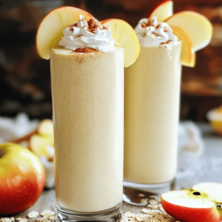 To make your Apple Pie Smoothie, gather these items: - 1 large sweet apple, cored and diced (Fuji or Honeycrisp preferred for optimal flavor) - 1/2 cup rolled oats - 1/2 cup Greek yogurt (or your favorite dairy-free alternative) - 1 cup unsweetened almond milk (or any milk variety you enjoy) - 1 teaspoon ground cinnamon - 1/2 teaspoon ground nutmeg - 1 tablespoon maple syrup (optional, adjust for desired sweetness) - A pinch of sea salt - Ice cubes (optional, for a refreshing chill) For the best taste, I recommend using sweet apples. Fuji and Honeycrisp work great. Their crunch and flavor make the smoothie taste like a slice of apple pie. If you want a tangy flavor, try Granny Smith apples. They add a nice twist to the recipe. If you want your smoothie sweeter, maple syrup is a good choice. You can also use honey or agave syrup. For an extra boost, add a scoop of protein powder or a handful of spinach. These mix-ins add nutrients without changing the taste much. Don't forget that a pinch of vanilla extract can enhance the flavor too! Start by picking a large, sweet apple. Fuji or Honeycrisp apples work best. Wash it well under running water. Core the apple and dice it into small cubes. This helps the apple blend evenly. Next, measure out 1/2 cup of rolled oats. Oats add fiber and make the smoothie filling. Then, gather 1/2 cup of Greek yogurt. This gives the smoothie a creamy texture and adds protein. In a high-speed blender, add the diced apple, rolled oats, Greek yogurt, and 1 cup of almond milk. You can use any milk you enjoy. Next, sprinkle in 1 teaspoon of ground cinnamon and 1/2 teaspoon of nutmeg. These spices give the smoothie that classic apple pie flavor. If you like it sweeter, add 1 tablespoon of maple syrup. A pinch of sea salt enhances the taste. If you want a chilled drink, toss in a few ice cubes. Blend the mixture on high speed, stopping to scrape down the sides. This ensures everything mixes well. Keep blending until the smoothie is smooth and creamy. After blending, taste your smoothie. If it needs more sweetness, add more maple syrup. Blend briefly to combine any extra ingredients. If the smoothie feels too thick, add a bit more almond milk. Blend again until you reach your desired consistency. Pour the smoothie into tall glasses and fill generously. Enjoy your healthy Apple Pie Smoothie! Check out the Full Recipe for more details. To get a smooth and creamy apple pie smoothie, use ripe apples. Apples that are too firm can make the smoothie gritty. Blend your ingredients well, but don’t overdo it. If your smoothie is too thick, add a little more almond milk. This helps achieve a perfect balance. If you have leftover smoothie, store it in an airtight container. Place it in the fridge for up to 24 hours. When ready to drink, give it a good shake or stir. Smoothies can separate, so mixing helps restore their texture. Spices can make your smoothie shine. Ground cinnamon and nutmeg add warmth and depth. You can also try adding ginger for a zing. For a hint of sweetness, consider a dash of vanilla extract. These little changes can elevate your apple pie smoothie. {{image_4}} If you prefer a dairy-free or vegan option, swap Greek yogurt for coconut yogurt. This adds a rich, creamy texture while keeping it plant-based. You can also use almond milk or oat milk instead of regular milk. Both options work great and enhance the flavor. Try unsweetened versions to keep it healthy. To turn this smoothie into a protein-packed meal, add a scoop of protein powder. Plant-based protein powder works well. Alternatively, you can include nut butter like almond or peanut for extra creaminess. This way, you make your smoothie more filling and nutritious. You can switch up the flavors by adding seasonal fruits. In summer, toss in some berries for a fresh twist. In fall, try adding a banana or even pumpkin puree. Each fruit brings its unique taste and keeps the smoothie exciting. Just blend them into your mixture for a delightful change. For the full recipe, check out the details above. If you have leftover smoothie, pour it into a glass or jar. Seal it tightly with a lid. Store it in the fridge for up to 24 hours. The smoothie may separate, so give it a good shake before drinking. Freezing your smoothie is a great way to save time. Pour your smoothie into ice cube trays or silicone molds. Freeze them for easy use later. You can blend the cubes with fresh milk for a quick treat. This method keeps your smoothie fresh for up to three months. Choose airtight containers for storing smoothies. Glass jars with lids work well. They keep the smoothie fresh and avoid spills. You can also use BPA-free plastic containers. Make sure they are safe for freezing if you plan to freeze your smoothie. An Apple Pie Smoothie has about 250 calories per serving. This can vary based on the ingredients you choose. Using Greek yogurt and almond milk keeps it light. You can check the full recipe for exact numbers based on your choices. Yes, you can make this smoothie ahead of time. Just blend it and store it in a sealed jar. It stays fresh for up to 24 hours in the fridge. If you want it cold, add ice right before you drink it. This keeps the smoothie smooth and tasty. The ingredients in this smoothie offer many health benefits: - Apples are rich in fiber and vitamins. They support heart health and digestion. - Rolled oats provide whole grains, keeping you full longer. They help with heart health too. - Greek yogurt adds protein. It helps with muscle repair and gut health. - Almond milk is low in calories and dairy-free. It has healthy fats. - Cinnamon can help lower blood sugar levels. It adds a warm flavor. - Nutmeg may aid digestion and boost mood. This blend makes a delicious and nutritious drink! In this blog post, we explored how to make a delicious Apple Pie Smoothie. We looked at key ingredients, suggested apple types, and sweeteners. The step-by-step instructions helped you blend the perfect drink. Tips for texture and storage make enjoying this smoothie easy. I shared variations for different diets and seasons. In closing, this smoothie is a fun way to enjoy a classic flavor. You can make it your own with simple tweaks. Enjoy your smoothie journey!