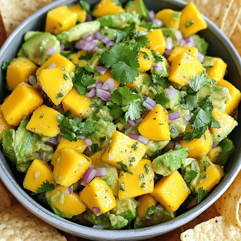 - 2 ripe avocados, diced into bite-sized pieces - 1 ripe mango, diced into small cubes - 1 small red onion, finely chopped - 1 jalapeño pepper, deseeded and minced (optional) - 1/4 cup fresh cilantro, chopped - Juice of 2 limes, freshly squeezed - Salt and black pepper to taste - 1 teaspoon ground cumin (optional) Gather these fresh ingredients. Choose avocados that yield slightly when pressed. A ripe mango should smell sweet and have a slight give. The red onion adds a crisp bite, while the jalapeño brings heat. Cilantro adds freshness, and lime juice gives a zesty kick. Salt and pepper balance the flavors. Ground cumin adds warmth but is optional. These ingredients come together to create a salsa bursting with flavor! For more detailed instructions, check out the Full Recipe. - Begin by preparing the main ingredients in a medium-sized mixing bowl. - Mix the diced avocados and mango carefully to retain their shape. - Add chopped red onion and minced jalapeño based on heat preference. - Incorporate cilantro and lime juice gently. - Season with salt, black pepper, and optional ground cumin. - Adjust seasoning as needed for taste. To make your salsa burst with flavor, take your time during each step. Start by dicing the avocados and mangoes. I love the way the colors pop in the bowl. Next, remember to chop the red onion finely. It adds a nice crunch and a hint of sweetness. If you want some heat, add jalapeño. Just remember to remove the seeds for less spice. After mixing the main ingredients, it’s time for the magic touch. Gently fold in the cilantro and lime juice. The lime brightens the dish and gives it a fresh taste. Don't forget to season with salt and black pepper. For a warm hint, sprinkle in ground cumin. Take a moment to taste your creation. You might want to add more lime juice or salt. This salsa should sing with flavor! Enjoy the beautiful mix of textures and tastes that will make your meal shine. For the full recipe, you can refer to the guide above. - Use ripe avocados and mango for the best flavor and texture. - Avoid mashing the avocado; use a folding technique. When you pick avocados, look for ones that feel slightly soft. They should yield a bit when you gently press them. This means they are ready to eat! Mangoes should be firm but not hard. If they are soft, they are ripe. Instead of mashing the avocado, gently fold the ingredients together. This keeps the avocado pieces intact and makes your salsa look fresh and inviting. Mixing too hard can turn your salsa into mush. - Serve in a colorful bowl garnished with fresh cilantro. - Pair with tortilla chips or grilled fish/chicken. To make your salsa pop, choose a bright bowl that matches the vibrant colors of the ingredients. A sprinkle of fresh cilantro on top adds a nice touch. This salsa goes great with crunchy tortilla chips. It also makes a fantastic topping for grilled fish or chicken. The fresh flavors complement these dishes perfectly. For a fun twist, add it to tacos for an extra burst of taste! {{image_4}} You can easily change up this salsa to suit your taste. If you want less heat, swap jalapeño for a milder pepper, like a bell pepper. This keeps the salsa fresh and flavorful without the spice. For a zesty kick, use lime zest instead of lime juice. This adds brightness and enhances the fruity notes of the mango and avocado. To add crunch, consider adding diced bell peppers. This not only boosts texture but also adds a pop of color. You can also mix in fruits like pineapple or papaya. These tropical flavors blend well and create a refreshing twist. Each variation allows you to make this salsa your own. Enjoy experimenting! Store any leftover Avocado Mango Salsa in an airtight container in the fridge for up to 1 day. This keeps the flavors fresh and vibrant. I recommend using a container that seals tightly to prevent air from making the avocado brown. Avoid freezing your salsa. Freezing can change the texture of the avocado and mango. It’s best to prepare fresh salsa as needed. This way, you always enjoy the bright taste and lovely crunch of the ingredients. To keep your avocado fresh, use lime juice. The acid in lime juice slows browning. After adding lime juice, cover your salsa tightly. This helps limit air exposure. You can serve this salsa with many dishes. It is ideal with crunchy tortilla chips. You can also enjoy it with tacos or grilled meats. Another great option is to top your salad with it. For the best taste, eat this salsa within 1 day. After that, the flavors may change. The avocado may also brown, which affects the look. I recommend making this salsa just before serving. This way, you keep the fresh taste and texture. Preparing it too early may lead to sogginess and dull flavors. This blog post shared a simple and tasty Avocado Mango Salsa recipe. You learned about ingredients, preparation steps, and helpful tips. Remember to mix the main ingredients gently, and adjust flavors to fit your taste. Enjoy this salsa fresh for the best taste, served with chips or grilled meats. Don’t forget to get creative with variations! The right mix can elevate your dish. Make this healthy salsa, share it with friends, and enjoy every bite.
