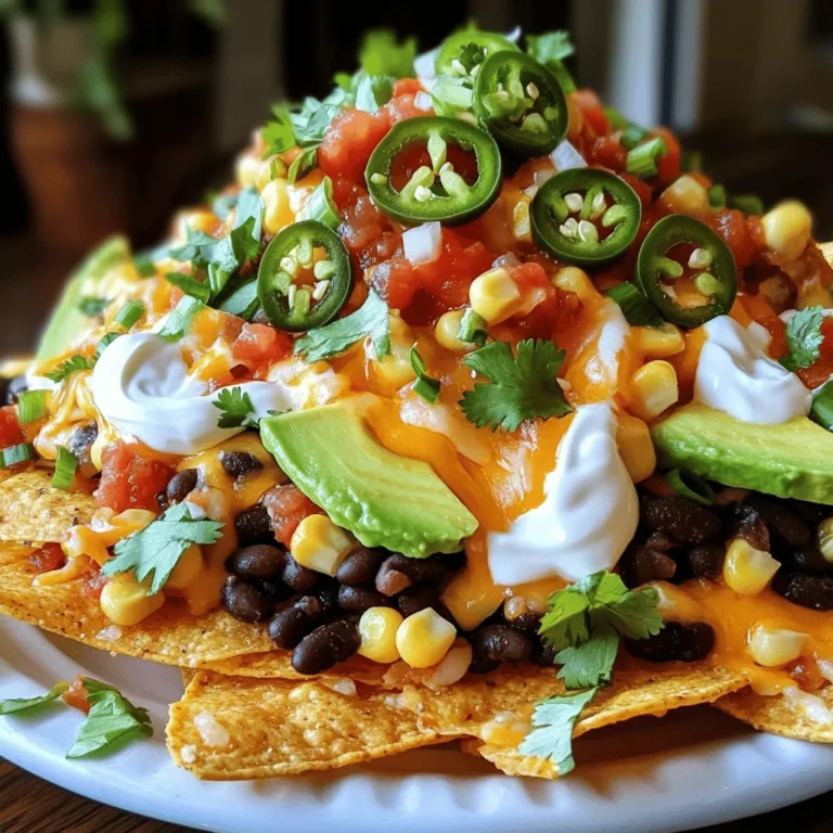 - 1 large bag of tortilla chips - 1 can (15 oz) black beans, drained and rinsed - 1 cup corn kernels, freshly cooked or thawed if frozen - 2 cups shredded sharp cheddar cheese - 1 cup shredded Monterey Jack cheese - 1 jalapeño, thinly sliced - 1 ripe avocado, diced into bite-sized pieces - 1 cup your favorite salsa - ½ cup sour cream - 2 green onions, finely chopped - Fresh cilantro leaves, for garnish - Olive oil for drizzling - Salt and pepper, to taste These ingredients come together to create a tasty dish. Tortilla chips form the crunchy base. Black beans add protein and fiber. Corn kernels bring sweetness and color. Cheese varieties make it rich and gooey. Jalapeños give that spicy kick. The avocado adds creaminess. Salsa and sour cream provide zest. Green onions and cilantro add freshness. Olive oil adds shine and flavor. When you gather these ingredients, you prepare for a flavor explosion. Each element plays a role in making your Loaded Nacho Supreme a hit. Feel free to tweak the ingredients to match your taste. You can find the full recipe for more details. Enjoy the process! - Preheat the oven to 350°F (175°C). This helps the cheese melt just right. - Arrange tortilla chips in a single layer on a baking sheet. Spread them out well. - In a bowl, combine black beans and corn. Drain the beans first, then rinse them. - Add a pinch of salt and pepper for flavor. Mix until everything is well combined. - Layer this mixture over the tortilla chips. Make sure to spread it evenly for great taste. - Sprinkle shredded cheddar and Monterey Jack cheeses over the top. This makes it cheesy and delicious. - Add thin jalapeño slices based on your spice level. More slices mean more heat! - Place the tray in the oven and bake for 10-15 minutes. Watch closely until the cheese is melted and bubbly. - Remove the nachos from the oven and let them cool for a minute. - Top with diced avocado, salsa, and sour cream. Each bite should have a bit of topping! - Finish with chopped green onions and fresh cilantro for color and flavor. - Drizzle a little olive oil on top for a shiny finish. Serve warm and enjoy your Loaded Nacho Supreme! For the Full Recipe, check back to get all the details. For the best cheese melt, use a mix of sharp cheddar and Monterey Jack. These cheeses melt well and create a rich flavor. When you layer the cheese, sprinkle it evenly over the nachos. This ensures every chip gets cheesy goodness. Preheat your oven to 350°F (175°C). This temperature helps the cheese melt evenly. Place your nachos on the middle rack. This spot gets the best heat for cooking. Keep an eye on them. You want the cheese gooey and bubbly, not burnt. Want more heat? Add extra jalapeños or try spicy salsa. For a milder taste, use fewer jalapeños or choose a mild salsa. You can also make your nachos vegan. Swap the cheese for a vegan cheese alternative. Use guacamole instead of sour cream for a tasty twist. Pair your Loaded Nacho Supreme with a cold drink. A light beer or soda works well. You can also serve it with water infused with lime for a fresh taste. For plating, use a colorful platter to make the dish pop. Arrange the nachos in a circle, like a fun taco ring. Add extra toppings like cilantro or green onions on top. This not only looks good but also adds fresh flavor. {{image_4}} You can change the cheese mix for more flavor. - Adding pepper jack cheese gives a nice spice kick. - Mixing in goat cheese creates a creamy texture and tangy taste. Feel free to swap some ingredients to suit your taste. - Instead of black beans, try pinto beans or kidney beans. - You can use sweet corn or even roasted corn for a twist. - Different types of salsa can change the flavor. Try pineapple or mango salsa for sweetness. Make your nachos even better with extra toppings. - Adding protein options, like grilled chicken or ground beef, makes it heartier. - Creative vegetarian toppings can include roasted peppers or sautéed mushrooms. - Consider adding pickled jalapeños for an extra zing! Explore these variations to create your own Loaded Nacho Supreme. Each change adds a fun twist to the dish. For the full recipe, check out the details above. To keep your loaded nachos fresh, store them in the fridge. Use an airtight container to prevent moisture. Layer the nachos with parchment paper if you stack them. This keeps the toppings from sticking together. When you want to enjoy your nachos again, reheat them in the oven. Preheat your oven to 350°F (175°C). Place the nachos on a baking sheet. Heat for about 10 minutes or until warm. To keep chips crispy, avoid the microwave. Leftover nachos can last about 3 days in the fridge. Check for signs of spoilage. If they smell bad or look dry, it’s best to toss them. Store them right after cooking for the best flavor. For Loaded Nacho Supreme, I recommend using thick tortilla chips. They hold toppings well and don’t get soggy. Look for brands that say “restaurant-style” or “thick-cut.” These chips bring a great crunch and flavor to your dish. If you prefer, you can also make your own chips by frying or baking corn tortillas. Yes, you can prep ingredients ahead. Chop veggies and cook beans in advance. Store them in the fridge until you’re ready to bake. Just remember, don’t layer the nachos too early. Layering too soon can make chips soggy. Bake just before serving for the best taste and texture. To make your nachos gluten-free, choose certified gluten-free tortilla chips. Most corn tortillas are gluten-free, but check the label. You can also use shredded cheese and beans without gluten. Always read labels to ensure all ingredients are safe for gluten-sensitive diets. Dips like guacamole, queso, and salsa work great with Loaded Nacho Supreme. They add extra flavor and creaminess. You can also try a zesty sour cream dip or a fresh pico de gallo. Each dip brings a new layer of yum to your nachos. Freezing nachos is not ideal. Chips can become soggy when thawed. However, you can freeze toppings like beans and cheese separately. When ready to eat, bake fresh chips and add the thawed toppings. This way, you keep that crunchy goodness! For full details, check the Full Recipe. You learned how to make Loaded Nacho Supreme, from ingredients to serving tips. Using tortilla chips, cheese, and fresh toppings creates a delicious dish. Remember to customize it with spices or protein. Store any leftovers properly to enjoy later. Whether for a party or a snack, nachos are always a hit. Now, gather your ingredients and start cooking. Your next savory treat awaits!