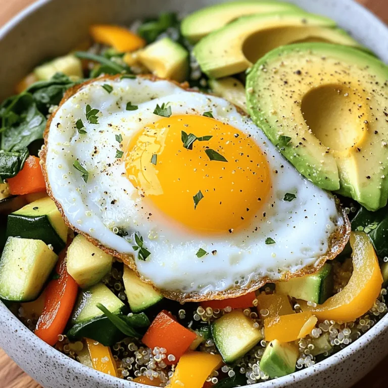 - 1 cup quinoa, thoroughly rinsed - 2 cups vegetable broth or water Quinoa is a great base for this breakfast bowl. It is packed with protein and fiber. Rinsing it helps remove any bitterness. You can use vegetable broth for extra flavor, or plain water. - 1 tablespoon olive oil - 1 small onion, finely diced - 1 garlic clove, minced - 1 bell pepper (any color), diced - 1 medium zucchini, diced - 1 cup fresh spinach, roughly chopped - Salt and pepper to taste - 1 teaspoon smoked paprika Using a mix of fresh veggies makes the bowl colorful and tasty. The smoked paprika adds a nice kick. Feel free to adjust the salt and pepper to your liking. - 2 large eggs - 1 ripe avocado, sliced - Fresh herbs (such as parsley or cilantro) for garnish Eggs are a fantastic choice for protein. You can fry them sunny-side up or over-easy. Sliced avocado gives creaminess, while fresh herbs add brightness. For the full recipe, check out the earlier section. Start by rinsing 1 cup of quinoa under cold water. This step removes the bitter coating. In a medium saucepan, bring 2 cups of vegetable broth or water to a boil. Once it bubbles, add the rinsed quinoa. Lower the heat to a simmer and cover the pan. Let it cook for about 15 minutes. After that, the liquid should be gone, and the quinoa will look fluffy. Turn off the heat and keep the lid on for 5 more minutes. Fluff it gently with a fork. While the quinoa cooks, heat 1 tablespoon of olive oil in a large skillet over medium heat. Once hot, add 1 small diced onion and 1 minced garlic clove. Sauté for 2-3 minutes until the onion turns translucent. Next, toss in 1 diced bell pepper and 1 diced medium zucchini. Cook for 5 more minutes, stirring often. After the veggies soften, add 1 cup of roughly chopped fresh spinach. Stir until the spinach wilts, which takes about 1 minute. Season this mix with salt, pepper, and 1 teaspoon of smoked paprika. In a separate small pan, cook 2 large eggs to your liking. You can fry them sunny-side up or over-easy. Cook until the whites are set and the yolks are still runny if you prefer. Now, you have all the elements ready for your Savory Quinoa Breakfast Bowl! You can find the full recipe [here](#). To save time, you can cook the quinoa in advance. Store it in an airtight container in the fridge. You can also chop your veggies the night before. This will make your morning prep quick and easy. Just grab the veggies and cook them with the quinoa. Want to add more flavor? Try using vegetable broth instead of water when cooking the quinoa. You can also toss in some spices like cumin or chili powder. They add a nice kick! Fresh herbs like cilantro or parsley brighten the dish. You can even drizzle a little lemon juice for extra zing. Use a medium saucepan for cooking quinoa. A large skillet works well for sautéing vegetables. A non-stick pan is best for frying eggs. This keeps the eggs from sticking and makes flipping easier. Having these tools makes your cooking smooth and fun. For the full recipe, check out the complete list of ingredients and instructions. {{image_4}} You can easily make a vegan version of this bowl. Omit the eggs and replace them with scrambled tofu. Use firm tofu for the best texture. Crumble the tofu and sauté it with your veggies. Add a splash of soy sauce for extra flavor. You can also use chickpeas for added protein. They are tasty and filling. The base of this breakfast bowl is quinoa, which is naturally gluten-free. Make sure your vegetable broth does not contain gluten. You can also swap in other gluten-free grains like brown rice or millet. Add any veggies you love, as most are gluten-free. Always check labels to ensure your ingredients are safe. Looking to boost your protein? Try adding some black beans or lentils. Both options mix well with quinoa and add great flavor. You can also sprinkle on some hemp seeds or chia seeds for healthy fats and extra protein. These seeds add crunch and nutrition to your bowl. For a heartier meal, add grilled chicken or shrimp. For the full recipe, check out the details above. After making your Savory Quinoa Breakfast Bowl, let it cool. Place leftovers in an airtight container. Store in the fridge for up to 3 days. Make sure to keep the fried eggs separate if possible. You can freeze this breakfast bowl, but it’s best to do so without the eggs. Once cooled, place the quinoa and veggies in a freezer-safe container. It will last up to 2 months. When ready to eat, let it thaw in the fridge overnight. To reheat, use a microwave or stove. If using a microwave, cover the bowl with a damp paper towel. Heat in 30-second bursts until warm. On the stove, add a splash of water in a pan and heat over low. Stir often until heated through. If you stored the eggs separately, fry fresh eggs while reheating. This keeps everything tasty and fresh. For the full recipe, check back to see how it all comes together! You can get creative with your toppings. Try adding: - Cherry tomatoes, halved - Black beans for protein - Feta cheese for creaminess - Roasted sweet potatoes for sweetness - Hot sauce for a kick These additions can enhance the flavor and texture of your bowl. Mix and match to find your perfect blend! Yes, you can prepare this bowl in advance. Cook the quinoa and veggies, then store them in the fridge. Keep the eggs separate until you’re ready to eat. This way, you can quickly warm everything up. It’s a great option for busy mornings! Absolutely! Quinoa is a great choice for breakfast. It is high in protein and fiber, which keeps you full. It also has many vitamins and minerals. Eating quinoa can help you start your day strong and energized. This blog post showed you how to make a Savory Quinoa Breakfast Bowl. You learned key ingredients like quinoa, veggies, and toppings. I detailed cooking steps and offered tips for meal prep and flavor. You also saw different variations, including vegan and gluten-free options. Lastly, we covered storage tips and answered common questions. Enjoy your tasty, healthy breakfast bowl! You now have all you need to create your own.