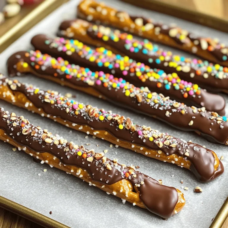 To make chocolate dipped pretzel rods, gather these items: - 12 pretzel rods - 1 cup semi-sweet chocolate chips - 1 tablespoon coconut oil You can add fun toppings to make them yours: - 1/4 cup crushed nuts (almonds, pecans, or peanuts) - 1/4 cup colorful sprinkles - Sea salt (optional, for garnish) Measuring accurately makes a big difference. Use a dry measuring cup for chips. For liquid coconut oil, use a liquid measuring cup. Level off each measuring cup to ensure exact amounts. This helps in achieving the right taste and texture. If you want a thicker chocolate layer, add more chocolate chips. If you are unsure, it’s okay to start with the basic amounts listed in the Full Recipe. Enjoy experimenting with your flavors! To start, you need to melt the chocolate. In a microwave-safe bowl, mix the semi-sweet chocolate chips with coconut oil. This oil helps the chocolate stay smooth. Heat it in the microwave. Set the timer for 30 seconds. After 30 seconds, take it out and stir. Repeat this until it is fully melted. This should take about 1 to 1.5 minutes. Be careful not to overheat. Next, prepare your pretzel rods. Take a baking sheet and line it with parchment paper. This step is key. The parchment keeps the pretzels from sticking. You want to make sure you can remove them easily later. Now it’s time to dip the pretzels. Grab one pretzel rod by one end. Dip it into the melted chocolate. Twist it as you submerge it to cover it evenly. Let the extra chocolate drip back into the bowl. Place the dipped pretzel on the parchment paper. While the chocolate is still wet, add your toppings. You can roll it in crushed nuts or sprinkle colorful sprinkles. Make sure each pretzel is well-coated. Finally, set the chocolate. Arrange the chocolate-covered pretzel rods on the baking sheet. If you want, sprinkle them lightly with sea salt for extra flavor. Place the baking sheet in the fridge. Let them chill for about 15 to 20 minutes. This will help the chocolate harden. Once set, enjoy your delicious chocolate-dipped pretzel rods! For the full recipe, check the earlier section. To get that perfect dip, start with good chocolate. Melt it slowly in the microwave. Use short bursts, stirring in between. This keeps the chocolate smooth and avoids burning. When dipping, twist the pretzel rod. This helps coat it evenly. Let excess chocolate drip back into the bowl. This step keeps your pretzels from getting too messy. I love using semi-sweet chocolate for its rich taste. Dark chocolate is great if you want a stronger flavor. You can also try milk chocolate for a sweeter snack. If you like white chocolate, it adds a fun twist too! Each type gives a different taste. Choose what you enjoy most. Get creative with toppings! Besides nuts and sprinkles, crushed cookies work well. Think about adding coconut flakes or mini marshmallows. You can even drizzle more chocolate on top for flair. Try using different colors of sprinkles to match themes or holidays. The fun is in making them your own! {{image_4}} You can use many types of chocolate for your pretzel rods. Semi-sweet chocolate is a favorite for its rich taste. However, you can easily switch to milk chocolate for a sweeter flavor. Dark chocolate gives a bold taste, perfect for chocolate lovers. You can even try white chocolate for a creamy twist. Each chocolate type brings a new taste and look to your snack. Toppings can change your pretzel rods from simple to stunning. You can use crushed nuts, like almonds or pecans, for a crunchy bite. Colorful sprinkles add fun and cheer. Try coconut flakes or mini chocolate chips for more variety. If you want a savory angle, sprinkle some sea salt on top. The mix of sweet and salty makes every bite exciting. Seasonal themes can make your pretzel rods special. For Halloween, use orange and black sprinkles. Christmas calls for red and green toppings or crushed candy canes. In the spring, pastel colors and floral designs brighten things up. You can even dip them in colored chocolate for a festive touch. This way, your chocolate-dipped pretzel rods fit any celebration! For the full recipe, check out the Chocolate Dipped Pretzel Rods recipe section. To keep your chocolate dipped pretzel rods fresh, store them in an airtight container. Use a container that fits them well, so they don’t move around. Place a piece of parchment paper between layers if stacking. This helps avoid any sticking. Keep the container in a cool, dry place away from sunlight. When stored properly, these pretzel rods last up to one week. You can also freeze them for longer storage. If you freeze them, they can last up to three months. Just remember to wrap them well in plastic wrap before freezing. This keeps them fresh and tasty. To maintain the best taste and texture, avoid exposing them to heat or moisture. Check the seals on your container regularly. If you notice any moisture, it’s best to eat them right away. You can also place a small packet of silica gel in the container to absorb any moisture. This helps keep your chocolate dipped pretzel rods crunchy and delightful! For the full recipe, check out the earlier section. Yes, you can use white chocolate instead of semi-sweet chocolate. It gives a sweet taste. Melt it the same way as the semi-sweet chocolate. The steps stay the same, so it is easy to switch! You can add many fun toppings! Here are some ideas: - Crushed nuts (almonds, pecans, or peanuts) - Colorful sprinkles - Mini chocolate chips - Crushed cookies - Coconut flakes These toppings add flavor and make your pretzels look festive! To make chocolate-dipped pretzel rods gluten-free, choose gluten-free pretzel rods. Look for brands that say "gluten-free" on the package. Check the ingredients to be safe. The rest of the recipe stays the same. You can find pre-made chocolate-dipped pretzel rods at many stores. Look in the snack aisle or bakery section. Online options also exist. Websites like Amazon or specialty food shops often have them. Yes, you can freeze chocolate-dipped pretzel rods! Place them in an airtight container or freezer bag. They can last for up to 2 months in the freezer. When you’re ready to enjoy, thaw them in the fridge. Enjoy that crunchy, sweet treat! You learned how to make delicious chocolate-dipped pretzel rods in this post. We covered key ingredients, step-by-step instructions, and helpful tips. I shared ways to change your recipe with different chocolates and toppings. We also looked at storage tips to keep your treats fresh. Now, you can impress friends and family with these simple snacks. Enjoy creating your own tasty treats with this easy guide!