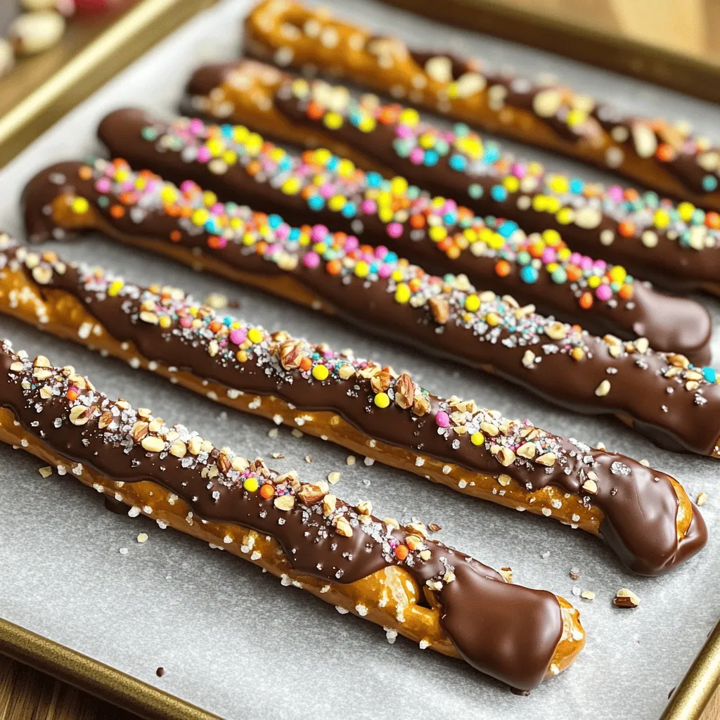 To make chocolate dipped pretzel rods, gather these items: - 12 pretzel rods - 1 cup semi-sweet chocolate chips - 1 tablespoon coconut oil You can add fun toppings to make them yours: - 1/4 cup crushed nuts (almonds, pecans, or peanuts) - 1/4 cup colorful sprinkles - Sea salt (optional, for garnish) Measuring accurately makes a big difference. Use a dry measuring cup for chips. For liquid coconut oil, use a liquid measuring cup. Level off each measuring cup to ensure exact amounts. This helps in achieving the right taste and texture. If you want a thicker chocolate layer, add more chocolate chips. If you are unsure, it’s okay to start with the basic amounts listed in the Full Recipe. Enjoy experimenting with your flavors! To start, you need to melt the chocolate. In a microwave-safe bowl, mix the semi-sweet chocolate chips with coconut oil. This oil helps the chocolate stay smooth. Heat it in the microwave. Set the timer for 30 seconds. After 30 seconds, take it out and stir. Repeat this until it is fully melted. This should take about 1 to 1.5 minutes. Be careful not to overheat. Next, prepare your pretzel rods. Take a baking sheet and line it with parchment paper. This step is key. The parchment keeps the pretzels from sticking. You want to make sure you can remove them easily later. Now it’s time to dip the pretzels. Grab one pretzel rod by one end. Dip it into the melted chocolate. Twist it as you submerge it to cover it evenly. Let the extra chocolate drip back into the bowl. Place the dipped pretzel on the parchment paper. While the chocolate is still wet, add your toppings. You can roll it in crushed nuts or sprinkle colorful sprinkles. Make sure each pretzel is well-coated. Finally, set the chocolate. Arrange the chocolate-covered pretzel rods on the baking sheet. If you want, sprinkle them lightly with sea salt for extra flavor. Place the baking sheet in the fridge. Let them chill for about 15 to 20 minutes. This will help the chocolate harden. Once set, enjoy your delicious chocolate-dipped pretzel rods! For the full recipe, check the earlier section. To get that perfect dip, start with good chocolate. Melt it slowly in the microwave. Use short bursts, stirring in between. This keeps the chocolate smooth and avoids burning. When dipping, twist the pretzel rod. This helps coat it evenly. Let excess chocolate drip back into the bowl. This step keeps your pretzels from getting too messy. I love using semi-sweet chocolate for its rich taste. Dark chocolate is great if you want a stronger flavor. You can also try milk chocolate for a sweeter snack. If you like white chocolate, it adds a fun twist too! Each type gives a different taste. Choose what you enjoy most. Get creative with toppings! Besides nuts and sprinkles, crushed cookies work well. Think about adding coconut flakes or mini marshmallows. You can even drizzle more chocolate on top for flair. Try using different colors of sprinkles to match themes or holidays. The fun is in making them your own! {{image_4}} You can use many types of chocolate for your pretzel rods. Semi-sweet chocolate is a favorite for its rich taste. However, you can easily switch to milk chocolate for a sweeter flavor. Dark chocolate gives a bold taste, perfect for chocolate lovers. You can even try white chocolate for a creamy twist. Each chocolate type brings a new taste and look to your snack. Toppings can change your pretzel rods from simple to stunning. You can use crushed nuts, like almonds or pecans, for a crunchy bite. Colorful sprinkles add fun and cheer. Try coconut flakes or mini chocolate chips for more variety. If you want a savory angle, sprinkle some sea salt on top. The mix of sweet and salty makes every bite exciting. Seasonal themes can make your pretzel rods special. For Halloween, use orange and black sprinkles. Christmas calls for red and green toppings or crushed candy canes. In the spring, pastel colors and floral designs brighten things up. You can even dip them in colored chocolate for a festive touch. This way, your chocolate-dipped pretzel rods fit any celebration! For the full recipe, check out the Chocolate Dipped Pretzel Rods recipe section. To keep your chocolate dipped pretzel rods fresh, store them in an airtight container. Use a container that fits them well, so they don’t move around. Place a piece of parchment paper between layers if stacking. This helps avoid any sticking. Keep the container in a cool, dry place away from sunlight. When stored properly, these pretzel rods last up to one week. You can also freeze them for longer storage. If you freeze them, they can last up to three months. Just remember to wrap them well in plastic wrap before freezing. This keeps them fresh and tasty. To maintain the best taste and texture, avoid exposing them to heat or moisture. Check the seals on your container regularly. If you notice any moisture, it’s best to eat them right away. You can also place a small packet of silica gel in the container to absorb any moisture. This helps keep your chocolate dipped pretzel rods crunchy and delightful! For the full recipe, check out the earlier section. Yes, you can use white chocolate instead of semi-sweet chocolate. It gives a sweet taste. Melt it the same way as the semi-sweet chocolate. The steps stay the same, so it is easy to switch! You can add many fun toppings! Here are some ideas: - Crushed nuts (almonds, pecans, or peanuts) - Colorful sprinkles - Mini chocolate chips - Crushed cookies - Coconut flakes These toppings add flavor and make your pretzels look festive! To make chocolate-dipped pretzel rods gluten-free, choose gluten-free pretzel rods. Look for brands that say "gluten-free" on the package. Check the ingredients to be safe. The rest of the recipe stays the same. You can find pre-made chocolate-dipped pretzel rods at many stores. Look in the snack aisle or bakery section. Online options also exist. Websites like Amazon or specialty food shops often have them. Yes, you can freeze chocolate-dipped pretzel rods! Place them in an airtight container or freezer bag. They can last for up to 2 months in the freezer. When you’re ready to enjoy, thaw them in the fridge. Enjoy that crunchy, sweet treat! You learned how to make delicious chocolate-dipped pretzel rods in this post. We covered key ingredients, step-by-step instructions, and helpful tips. I shared ways to change your recipe with different chocolates and toppings. We also looked at storage tips to keep your treats fresh. Now, you can impress friends and family with these simple snacks. Enjoy creating your own tasty treats with this easy guide!