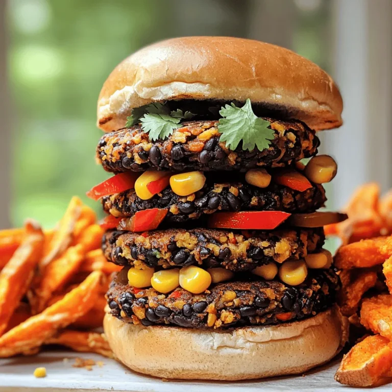 - 1 can (15 oz) black beans, thoroughly drained and rinsed - 1/2 cup whole wheat breadcrumbs - 1/2 cup corn kernels - 1/4 cup red bell pepper, finely diced - 1/4 cup red onion, finely chopped - 1 clove of garlic, minced - 1 teaspoon ground cumin - 1 teaspoon smoked paprika - 1/2 teaspoon cayenne pepper - 1 tablespoon fresh cilantro, finely chopped - 1 egg, beaten (or flaxseed meal for vegan) - Olive oil for sautéing - Salt and pepper to taste These ingredients create a hearty and tasty burger. Black beans are rich in protein and fiber. Whole wheat breadcrumbs add crunch and health benefits. Corn gives sweetness, while red bell pepper and onion add flavor and color. Garlic, cumin, and smoked paprika bring warmth and depth. The cayenne pepper adds heat, so adjust it to your taste. Fresh cilantro brightens the mix. For a vegan option, use flaxseed meal instead of egg. This swap works great and keeps the burgers binding well. You can also sauté your veggies in olive oil for extra flavor. Don't forget to season with salt and pepper. This list of ingredients supports a savory and satisfying meal that everyone can enjoy. For the full recipe, check out the cooking instructions section. - Mashing the black beans Start by draining and rinsing the black beans. Then, place them in a large bowl. Use a fork or potato masher to mash them well. Leave some small chunks for texture. This mix will hold the burger together. - Mixing ingredients Next, add the whole wheat breadcrumbs, corn, diced red bell pepper, and chopped red onion to the bowl. Then, mix in the minced garlic, ground cumin, smoked paprika, and cayenne pepper. Don't forget to add salt and pepper to taste. If using the egg, stir it in now. For a vegan option, use flaxseed meal mixed with water instead. Combine everything until it forms a thick mix. - Thickness and size recommendations Divide the mixture into four equal parts. Shape each part into a patty about 1 inch thick. Make sure they are not too thin; this helps keep them juicy. If the mixture feels sticky, add a bit more breadcrumbs until it is manageable. - Skillet temperature and oil usage Heat a skillet over medium heat. Add a small amount of olive oil to the skillet. Wait until the oil gets hot before adding the patties. This helps them crisp up nicely. - Cooking time for each side Cook each side of the patties for about 4-5 minutes. Look for a golden-brown color and a crispy edge. This timing ensures they are fully cooked and packed with flavor. Enjoy serving them hot on toasted buns with your favorite toppings. You can find the Full Recipe for extra details. To get the right texture in your spicy black bean burgers, you need to balance wet and dry ingredients. If the mixture is too wet, add more breadcrumbs. This helps create a firmer burger that holds together well. You want some beans mashed but still have a few chunks for bite. This combo gives you a nice texture. Want more or less heat? Adjust the cayenne pepper! Start with 1/2 teaspoon if you prefer mild. You can add more if you like it hot. Try adding other spices too, like chili powder or smoked paprika, to enhance the flavor. Taste as you go to find your perfect spice level. If you want a vegan burger, you can replace the egg with flaxseed meal. Mix 1 tablespoon of flaxseed meal with 2.5 tablespoons of water. Let it sit for a few minutes until it gets thick. This will bind the ingredients just like an egg does. You can also use other ingredients like mashed bananas or applesauce, but these will change the flavor a bit. For the full recipe, check out the details above. Enjoy making these burgers your own! {{image_4}} You can boost the nutrition of your spicy black bean burgers by adding more veggies. Bell peppers, onions, and zucchini work great. They add flavor and texture to your burger. Just chop them finely and mix them in. You can even use grated carrots for a sweet touch. This way, you make your meal even more colorful and healthy. Want to spice things up? Consider adding different spices. Chili powder can add a warm kick. Chipotle adds a smoky flavor that pairs well with black beans. You can mix and match spices to find your perfect blend. Don't be afraid to experiment! Each new spice makes the burgers unique. You have many options for how to serve your burgers. Whole grain buns are a healthy choice. You can also use wraps for a lighter option. For a low-carb meal, try lettuce wraps. Just use large leaves to hold your burger. Each option gives a different taste and texture. Feel free to mix and match your favorite toppings too. Check the Full Recipe for more ideas! To keep your spicy black bean burgers fresh, let them cool first. Place them in an airtight container. Store them in the fridge for up to three days. This keeps them tasty and safe to eat. If you put them in the fridge right away, they could lose their texture. If you want to save burgers for later, freezing is a great option. After the burgers cool, wrap each one tightly in plastic wrap. Then, place the wrapped burgers in a freezer bag or container. They can last up to three months in the freezer. When you want to eat them, just take them out and thaw in the fridge overnight. To reheat your burgers, use the oven or skillet for the best taste. If using an oven, set it to 350°F (175°C). Bake for about 10-15 minutes. This keeps them warm and crispy. If using a skillet, heat a little oil over medium heat. Cook each burger for 3-4 minutes on each side. This method helps maintain their flavor and texture. For the full recipe, check out the instructions earlier in the article. Enjoy your delicious spicy black bean burgers! Yes, you can! You have two great options: pre-cook or pre-mix. - Pre-cook: Cook the burgers and let them cool. Store them in the fridge. You can reheat them later. - Pre-mix: Mix all the ingredients and shape the patties. Keep them in the fridge for up to a day. Cook them fresh when you're ready. Look for a nice golden-brown color on both sides. The texture should be firm but not dry. Gently press the burger with your spatula. If it holds its shape and feels set, it's done. You can also check the inside; it should feel warm and not mushy. These burgers taste great with many sides! Here are some tasty options: - Sweet potato fries for a sweet crunch - A fresh side salad with tangy dressing - Coleslaw for a cool, creamy contrast - Grilled veggies for a smoky flavor boost Try mixing and matching to find your favorite combo! In this blog post, you learned how to make tasty Spicy Black Bean Burgers. We covered key ingredients, step-by-step cooking, and various tips to get it right. You also found ways to customize your burgers and store leftovers. Remember, the right mix of spices and veggies can make all the difference. Enjoy experimenting with your burgers to find your perfect flavor! Happy cooking!