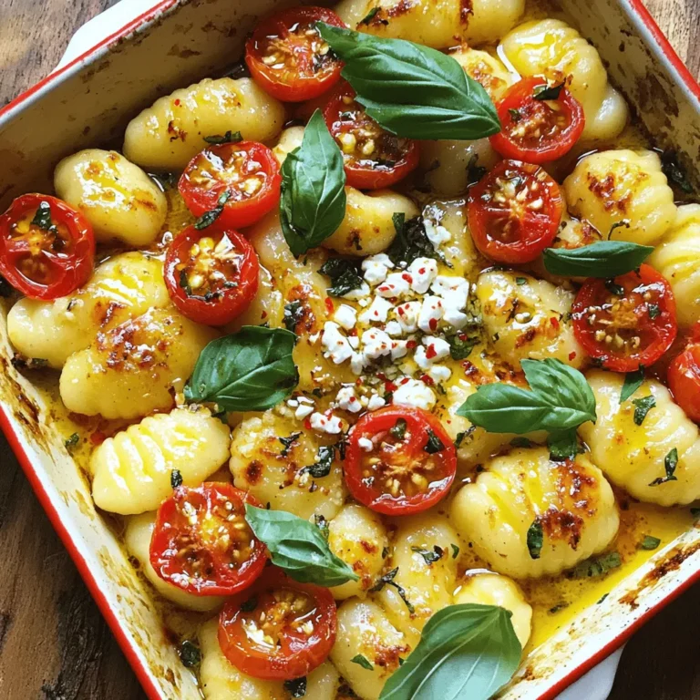 To make Feta and Tomato Baked Gnocchi, you need these key ingredients: - 500g gnocchi (store-bought or homemade) - 250g cherry tomatoes, halved - 200g feta cheese, crumbled - 2 tablespoons extra-virgin olive oil - 3 cloves garlic, minced - 1 teaspoon dried oregano - 1 teaspoon red chili flakes (optional for a spicy kick) - Sea salt and freshly cracked black pepper to taste - Fresh basil leaves, torn, for garnish When choosing ingredients, quality matters. For the best taste: - Gnocchi: Fresh gnocchi is softer and more flavorful than dried. - Feta cheese: Opt for good quality, preferably Greek feta. Look for creamy, tangy, and crumbly varieties. - Cherry tomatoes: Select ripe, vibrant tomatoes for sweetness. - Olive oil: Use high-quality extra-virgin olive oil for richness in flavor. You can easily swap some ingredients if needed: - Gnocchi: If you don't have gnocchi, you can use pasta, like penne or rigatoni. - Feta: Try goat cheese or ricotta for a different texture and taste. - Cherry tomatoes: If these are out of season, canned diced tomatoes work in a pinch. - Herbs: Use fresh herbs like thyme or parsley instead of dried oregano for a fresh twist. This recipe offers flexibility without losing its delicious flavor. If you want the full recipe, check out the provided details. Start by preheating your oven to 200°C (400°F). This step is key for even baking. A hot oven ensures that your dish cooks just right. Grab a large baking dish. In it, mix the halved cherry tomatoes, crumbled feta cheese, and minced garlic. Drizzle the olive oil over everything. Add dried oregano next. If you want a spicy kick, toss in the red chili flakes. Boil a large pot of lightly salted water. Once it boils, add the gnocchi. Cook them for 2-3 minutes, or until they float. This floating means they are ready. Drain the gnocchi and set them aside. Now, fold the cooked gnocchi into the baking dish with the tomato and feta mix. Stir gently until the gnocchi are well coated. This is where all the flavors come together. Transfer the dish to the oven and bake for about 20-25 minutes. You’ll see the tomatoes burst and the feta turn golden. Once baked, carefully pull the dish from the oven. Let it cool for a minute. Before serving, add freshly torn basil leaves for a pop of color and flavor. Enjoy your flavorful meal! For the full recipe, check out the details above. Cooking gnocchi is easy if you follow a few key steps. First, always use a large pot. This helps the gnocchi cook evenly. Make sure your water is at a rolling boil before adding the gnocchi. This helps them cook quickly and float to the top. Cook them until they rise, which usually takes about 2-3 minutes. Do not overcook them, or they may turn mushy. Drain them well and set aside to keep them from sticking. Herbs and spices can take your dish to the next level. I love adding fresh basil for a bright taste. You can also try thyme or rosemary for a more earthy flavor. If you want some heat, add red chili flakes. They give a nice kick without being too spicy. Mix these in when you prepare the baking dish. The flavors will blend while baking and make the dish even more delicious! To ensure your baked gnocchi comes out perfect, pay attention to your oven temperature. Preheat it to 200°C (400°F) for an even bake. Use a shallow baking dish. This allows the heat to circulate and helps the tomatoes burst beautifully. Keep an eye on the dish as it bakes. You want the feta to turn golden and the tomatoes to soften. This will give you the best texture and taste. For the final touch, add fresh basil just before serving for added color and flavor. {{image_4}} To make Feta and Tomato Baked Gnocchi even more tasty, you can add veggies. Spinach, zucchini, or bell peppers work great. Just chop them up and toss them in with the tomatoes. This adds color and nutrition to your dish. You can even mix in some artichoke hearts for a fun twist. If you want a meatier meal, consider adding chicken or sausage. Cook the meat first, then mix it in with the gnocchi and cheese. Ground turkey or Italian sausage gives a nice kick. You could also use diced ham or bacon for a savory touch. This makes your dish filling and satisfying. Though feta is the star, you can switch cheeses for different flavors. Try goat cheese for a tangy twist. Mozzarella melts nicely and gives a creamy texture. If you like sharpness, consider aged cheddar. Mixing different cheeses can create a unique taste that keeps everyone excited about dinner. You can explore more ideas in the Full Recipe. To keep your Feta and Tomato Baked Gnocchi fresh, let it cool first. Then, place any leftovers in an airtight container. Store it in the fridge for up to three days. If you want to enjoy it later, refrigerating works best. When you're ready to eat the leftovers, preheat your oven to 180°C (350°F). Transfer the gnocchi to an oven-safe dish. Cover it with foil to keep it moist. Heat for about 15-20 minutes. You can also microwave it, but the oven gives better results. To freeze the dish, let it cool completely. Portion it into freezer-safe bags or containers. Make sure to label them with the date. You can freeze it for up to three months. When you're ready to eat, thaw it overnight in the fridge. Then, reheat it as mentioned before. Enjoy your delicious meal anytime! For the full recipe, check out the [Full Recipe]. Yes, you can prepare Feta and Tomato Baked Gnocchi ahead of time. Assemble the dish but do not bake it. Cover it and store it in the fridge for up to 24 hours. When ready to eat, just preheat the oven and bake it as directed. It saves time and makes meal prep easier. This dish pairs well with a simple green salad. A light arugula or spinach salad adds freshness. You could also serve crusty bread to soak up the tasty sauce. Garlic bread is another great option for those who love bold flavors. To control the spice level, adjust the red chili flakes. For mild heat, use less than the recipe states. If you like more spice, add a bit more. You can also use fresh chili peppers for a different kick. Keeping it balanced will help enhance the overall flavor without overwhelming your taste buds. In this post, we explored essential ingredients for creating a delicious Feta and Tomato Baked Gnocchi. You learned how to choose quality ingredients and find alternatives. I provided step-by-step instructions, along with tips for perfecting your dish. We also discussed fun variations and how to store leftovers. Cooking is about enjoying the process and trying new flavors. Now, you can impress anyone with your skills. Get ready to bake and enjoy!