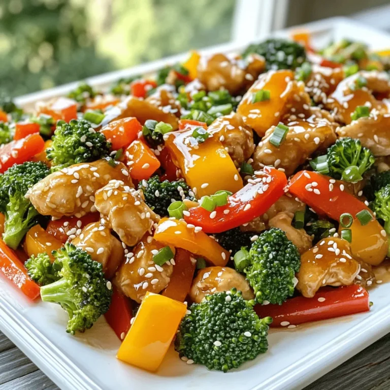 To make a tasty honey garlic chicken stir fry, gather these ingredients: - 1 lb boneless, skinless chicken thighs, sliced into thin strips - 1 cup broccoli florets - 1 bell pepper (any vibrant color), sliced into strips - 1 medium carrot, julienned - 2 cloves garlic, finely minced - 1 tablespoon fresh ginger, finely minced - 3 tablespoons honey - 2 tablespoons low-sodium soy sauce - 1 tablespoon cornstarch - 1 tablespoon vegetable oil - 2 green onions, chopped (for garnish) - Sesame seeds (for garnish) - Salt and pepper to taste You can swap some ingredients based on what you have. For chicken, try using chicken breast if you prefer leaner meat. You can mix up the veggies too! Snow peas, snap peas, or bell peppers all work well. If you want a different flavor, use maple syrup instead of honey. For a gluten-free option, choose tamari sauce instead of soy sauce. When buying chicken, look for bright pink meat with no smell. Fresh garlic should feel firm and have no sprouts. For veggies, choose bright broccoli with firm stems. The bell pepper should feel heavy and have a shiny skin. Always smell your produce; it should smell fresh and clean. Fresh ingredients make your honey garlic chicken stir fry taste even better. First, gather all your ingredients. You need chicken, vegetables, honey, and sauces. This makes the cooking flow smooth. Wash and cut the veggies before starting. This way, you save time while cooking. 1. Make the Sauce: In a small bowl, mix honey, soy sauce, and cornstarch. Whisk until smooth. This sauce adds flavor and sweetness to your stir fry. 2. Prepare the Chicken: Take your sliced chicken thighs. Season them with salt and pepper. Make sure every piece is coated well. This seasoning boosts the taste. 3. Heat the Oil: In a large skillet or wok, heat the vegetable oil over medium-high heat. Wait until it’s hot. This step is key for a good stir fry. 4. Cook the Chicken: Add the seasoned chicken to the skillet. Stir-fry it for about 5-7 minutes. You want the chicken to turn golden brown and fully cooked. 5. Sauté Garlic and Ginger: Remove the chicken and set it aside. In the same skillet, add minced garlic and ginger. Sauté for 30 seconds until fragrant. This adds a lovely aroma to your dish. 6. Add the Veggies: Toss in the broccoli, bell pepper, and carrot. Stir-fry for 3-4 minutes. The veggies should become vibrant and tender-crisp. 7. Combine Everything: Return the chicken to the skillet. Pour your honey-garlic sauce over the mix. Toss everything together. This allows the sauce to coat the chicken and veggies. Cook for about 2 minutes until heated through. 8. Garnish: Remove from heat. Sprinkle with green onions and sesame seeds. This adds color and crunch. Serve your honey garlic chicken stir fry on a big platter. Drizzle any leftover sauce over the top. For extra flair, add more green onions and sesame seeds. Pair it with steamed rice or noodles for a complete meal. Enjoy your tasty creation! Stir-frying is quick and fun! Here are some tips for best results: - Preheat Your Pan: Heat your skillet or wok before adding oil. A hot surface cooks food faster. - Cut Ingredients Evenly: Slice chicken and veggies in similar sizes. This helps them cook evenly. - Cook in Batches: Don’t overcrowd the pan. Cook chicken first, then add veggies. This keeps everything crisp. - Use High Heat: Stir-fry on high heat, so ingredients sear and keep their flavor. Avoid these common blunders to perfect your dish: - Skipping the Marinade: Always marinate chicken for flavor. Even a quick soak makes a difference. - Not Prepping Ingredients: Have all your ingredients ready before cooking. This keeps the stir-fry moving. - Overcooking the Veggies: Cook veggies just until they are bright and tender. You want them to stay crunchy. - Forgetting to Stir: Keep stirring! This prevents burning and ensures even cooking. You can make this dish truly yours. Here are some ideas: - Add Heat: Mix in some red pepper flakes or sriracha for a spicy kick. - Try Different Veggies: Swap broccoli with snap peas or add mushrooms for new textures. - Use Different Proteins: Chicken is great, but try shrimp or tofu for variety. - Garnish Creatively: Top with toasted nuts or fresh herbs like cilantro for extra flavor. For the full recipe, check out the [Full Recipe]. {{image_4}} To make a low-carb or keto version, swap chicken thighs for shrimp or tofu. Both options cook quickly and soak up the honey garlic sauce well. Use zucchini noodles or cauliflower rice instead of regular rice. These choices keep your meal low in carbs and high in flavor. Remember to check the honey amount; you can use a keto-friendly sweetener like erythritol to cut down on sugar. For a vegetarian dish, replace the chicken with firm tofu or tempeh. Cut the tofu into small cubes and pan-fry until golden. You can also use seitan for a meat-like texture. Ensure you use a plant-based honey substitute to keep it vegan. Mix in more colorful vegetables like snap peas or bell peppers for extra crunch and nutrition. This makes the stir fry vibrant and satisfying. If you like heat, add chili paste or flakes to the sauce. Start with a small amount and adjust to your taste. You can also toss in sliced jalapeños or serrano peppers during cooking. For an extra kick, serve with a drizzle of sriracha on top. The spice balances the sweetness of the honey, creating a delightful contrast in flavors. To keep your honey garlic chicken stir fry fresh, store it in an airtight container. Let the dish cool to room temperature before sealing. This helps prevent moisture buildup. Place it in the fridge if you plan to eat it in the next few days. It stays good for up to three days. Make sure to label the container with the date. When you’re ready to eat your leftovers, reheat them gently. You can use the microwave or a skillet. If using a microwave, heat it in short bursts. Stir the food between each burst for even heating. If using a skillet, add a splash of water or broth. This helps keep the chicken moist. Heat over low to medium heat until warmed through. You can freeze honey garlic chicken stir fry for later use. Place the cooled dish in a freezer-safe container. It can last up to three months in the freezer. When ready to eat, thaw it in the fridge overnight. Reheat it as described above. The flavors will still shine, just like when it was fresh! For the best taste, avoid freezing any garnishes. You can serve this dish with rice or noodles. Steamed jasmine rice pairs well. You can also use brown rice for a healthier option. If you want more veggies, try a side of stir-fried greens. A fresh salad can also balance the meal nicely. To thicken the sauce, add more cornstarch. Mix one tablespoon of cornstarch with cold water. Stir it into the sauce as it cooks. Let it simmer for a minute. This will help the sauce become glossy and thick. Yes, you can use frozen vegetables. They save time and are easy to use. Just add them straight to the pan. Cook them a little longer since they are frozen. This way, they will be tender and warm. You can prepare the chicken and sauce ahead of time. Store them separately in the fridge. When you’re ready to cook, just stir-fry the veggies and add the chicken and sauce. This keeps everything fresh and tasty. Leftovers can last in the fridge for about three days. Store them in an airtight container. Reheat in the microwave or on the stovetop. Add a splash of water to keep the chicken moist. You can use shrimp, beef, or tofu instead of chicken. Each option brings its own flavor. Shrimp cooks quickly and adds a nice touch. Beef gives a hearty taste, while tofu is great for a vegetarian option. This recipe is not spicy. It has a sweet and savory flavor. If you like heat, add red pepper flakes or chili sauce. You can adjust the heat to match your taste. Use pure honey for the best flavor. Raw honey has a rich taste and adds depth. Avoid honey blends or flavored honey for this recipe. They might alter the dish's overall taste. Absolutely! Feel free to add your favorite vegetables. Snap peas, zucchini, or mushrooms work well. Just make sure to cut them evenly for even cooking. This adds color and nutrients to your stir fry. You can view the full recipe [here](insert-link). In this blog post, I shared a complete guide for making honey garlic chicken stir fry. You learned about the best ingredients, helpful tips, and storage methods. I also covered tasty variations, like low-carb or vegan options. Remember, using fresh ingredients makes a big difference in taste. Avoid common mistakes to perfect your stir-frying skills. Now, you can create a delicious meal that fits your needs. Enjoy cooking this dish, and make it your own!