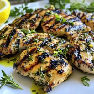 For Garlic Herb Grilled Chicken, you will need: - 4 boneless, skinless chicken breasts - 4 tablespoons extra virgin olive oil - 4 cloves garlic, finely minced - 1 tablespoon fresh rosemary, finely chopped - 1 tablespoon fresh thyme leaves, chopped - 1 tablespoon fresh parsley, chopped - Juice of 1 medium lemon - Sea salt and freshly cracked black pepper, to taste You can swap ingredients for this recipe. Here are some ideas: - Use chicken thighs instead of breasts for more flavor and moisture. - Swap olive oil with avocado oil for a different taste. - Use garlic powder if you don’t have fresh garlic. - Replace fresh herbs with dried herbs; just use less. - Lemon juice can be replaced with lime juice for a zesty twist. To make this dish, gather these tools: - A mixing bowl for the marinade - A whisk to blend the marinade - A resealable plastic bag or shallow dish for marinating - A grill for cooking the chicken - A meat thermometer to check the chicken’s doneness These tools will help you create a simple and flavorful meal that impresses everyone at the table. For more details on the cooking process, check the Full Recipe. First, we will make the marinade. In a medium bowl, mix together these ingredients: - 4 tablespoons extra virgin olive oil - 4 cloves garlic, finely minced - 1 tablespoon fresh rosemary, finely chopped - 1 tablespoon fresh thyme leaves, chopped - 1 tablespoon fresh parsley, chopped - Juice of 1 medium lemon - Sea salt and freshly cracked black pepper, to taste Whisk until everything blends well. This mix adds a burst of flavor to the chicken. Next, take the 4 boneless, skinless chicken breasts. Place them in a resealable plastic bag or shallow dish. Pour the marinade over the chicken. Make sure all sides get coated. This step is key to infusing the chicken with flavor. Seal the bag or cover the dish. Let it sit in the fridge for at least 1 hour. If you have more time, let it marinate for 4 hours. The longer it sits, the better the taste! Now, let’s get to grilling. Preheat your grill to medium-high heat. While it heats, take the chicken out of the fridge. Let it rest for a few minutes at room temperature. This helps it cook evenly. Drain off any extra marinade to avoid flare-ups. Place the marinated chicken on the grill. Cook for about 6-7 minutes on one side. Then, flip it over and grill for another 6-7 minutes. Use a meat thermometer to check the chicken. It should reach 165°F (75°C) and not be pink inside. Once done, take the chicken off the grill. Let it rest on a cutting board for about 5 minutes. This step keeps the chicken juicy. Finally, slice the grilled chicken and serve hot. You can add extra fresh herbs on top for a nice look. Enjoy your flavorful meal! For the full recipe, check out the previous section. To get the best flavor from your garlic herb grilled chicken, marinate it well. Use fresh herbs like rosemary, thyme, and parsley. These herbs add a bright taste. Don't skip the lemon juice; it balances the rich flavors. For extra depth, let the chicken marinate for at least one hour. If you can wait, four hours makes it even better. This long soak helps the chicken soak up all the tasty goodness from the marinade. Grilling chicken can be easy with the right tips. First, preheat your grill to medium-high heat. This step helps sear the chicken and keeps it juicy. When grilling, place the chicken directly on the grill. Cook it for about 6-7 minutes on one side. Then, flip it and cook for another 6-7 minutes. Use a meat thermometer to check the chicken's doneness. It should reach 165°F (75°C). This trick ensures your chicken is safe to eat and perfectly cooked. Safety is key when cooking chicken. Always wash your hands before and after handling raw chicken. Use separate cutting boards for chicken and other foods to avoid cross-contamination. When grilling, ensure the chicken is cooked through. Use a meat thermometer to confirm it has reached the safe temperature. After grilling, let the chicken rest before cutting. This step keeps the juices in and makes each bite tender. Follow these tips for a safe and tasty meal. {{image_4}} You can change the marinade to suit your taste. Try adding yogurt for tanginess. Mix in honey for sweetness. Use chipotle powder for a smoky kick. You can also add mustard for a zesty flavor. Just remember to keep garlic and herbs for that classic touch. Garlic herb grilled chicken shines on its own. You can slice it and place it on a salad. Serve it with a fresh lemon wedge for a burst of flavor. Add a drizzle of balsamic glaze for extra tang. You can also top it with fresh salsa or avocado for a creamy twist. Pair this chicken with fresh veggies for a balanced meal. Roasted asparagus or grilled zucchini work well. A light quinoa salad with cucumber and tomato also fits nicely. For something heartier, serve it with mashed potatoes or rice. Don't forget your favorite dipping sauce to elevate each bite. For the full recipe, check out the Garlic Herb Grilled Chicken Delight. To keep your garlic herb grilled chicken fresh, first let it cool completely. Place the chicken in an airtight container. You can store it in the fridge for up to 3 days. Make sure the container is sealed tight to prevent drying out. When you're ready to enjoy the leftovers, heat your oven to 350°F (175°C). Place the chicken on a baking sheet and cover it with foil. This keeps it moist while it warms. Bake for about 15-20 minutes. You can also reheat it in a microwave on medium power for 2-3 minutes, checking often to avoid overcooking. If you want to store your grilled chicken for longer, freezing is a great option. Wrap each piece tightly in plastic wrap. Then, place them in a freezer bag, squeezing out the air. You can freeze the chicken for up to 3 months. When you're ready to eat it, thaw it overnight in the fridge before reheating. This helps keep all the flavors intact. Try using the full recipe to create a meal that you can enjoy later! Yes, you can use skin-on chicken. Skin-on chicken adds more flavor and moisture. Just remember to adjust the cooking time. The skin may take a bit longer to crisp up. You’ll still want the same internal temperature of 165°F (75°C). If you don’t have fresh herbs, use dried ones instead. Use one-third of the amount since dried herbs are stronger. For example, if the recipe calls for 1 tablespoon of fresh herbs, use 1 teaspoon of dried herbs. This will still give you a tasty result. I suggest marinating the chicken for at least 1 hour. For the best flavor, marinate it for up to 4 hours. This gives the herbs and spices time to soak into the meat. Avoid marinating for more than 24 hours, as it can change the chicken’s texture. The best way to check is by using a meat thermometer. Insert it into the thickest part of the chicken. It should read 165°F (75°C) when fully cooked. You can also cut into the chicken. If the juices run clear and there is no pink, it is ready to eat. For a full recipe to guide you in making Garlic Herb Grilled Chicken, check out the Full Recipe section earlier in this article. You learned about essential ingredients, tools, and steps for grilling chicken. We covered marinades, grilling techniques, and flavor tips. Storage advice was also included for leftovers. Try different marinades and serve with tasty sides. Keep it safe and delicious as you cook. With these tips, you’ll grill like a pro. Enjoy your meal and have fun experimenting!