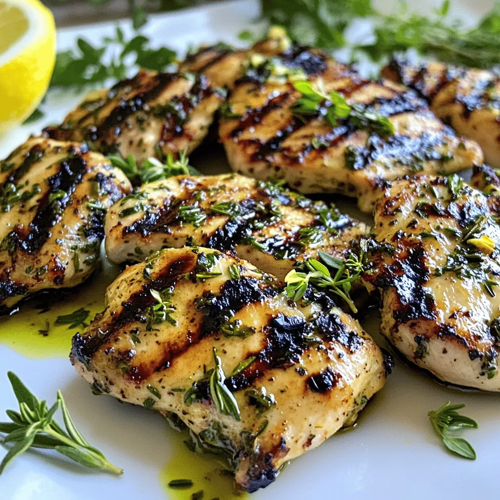 For Garlic Herb Grilled Chicken, you will need: - 4 boneless, skinless chicken breasts - 4 tablespoons extra virgin olive oil - 4 cloves garlic, finely minced - 1 tablespoon fresh rosemary, finely chopped - 1 tablespoon fresh thyme leaves, chopped - 1 tablespoon fresh parsley, chopped - Juice of 1 medium lemon - Sea salt and freshly cracked black pepper, to taste You can swap ingredients for this recipe. Here are some ideas: - Use chicken thighs instead of breasts for more flavor and moisture. - Swap olive oil with avocado oil for a different taste. - Use garlic powder if you don’t have fresh garlic. - Replace fresh herbs with dried herbs; just use less. - Lemon juice can be replaced with lime juice for a zesty twist. To make this dish, gather these tools: - A mixing bowl for the marinade - A whisk to blend the marinade - A resealable plastic bag or shallow dish for marinating - A grill for cooking the chicken - A meat thermometer to check the chicken’s doneness These tools will help you create a simple and flavorful meal that impresses everyone at the table. For more details on the cooking process, check the Full Recipe. First, we will make the marinade. In a medium bowl, mix together these ingredients: - 4 tablespoons extra virgin olive oil - 4 cloves garlic, finely minced - 1 tablespoon fresh rosemary, finely chopped - 1 tablespoon fresh thyme leaves, chopped - 1 tablespoon fresh parsley, chopped - Juice of 1 medium lemon - Sea salt and freshly cracked black pepper, to taste Whisk until everything blends well. This mix adds a burst of flavor to the chicken. Next, take the 4 boneless, skinless chicken breasts. Place them in a resealable plastic bag or shallow dish. Pour the marinade over the chicken. Make sure all sides get coated. This step is key to infusing the chicken with flavor. Seal the bag or cover the dish. Let it sit in the fridge for at least 1 hour. If you have more time, let it marinate for 4 hours. The longer it sits, the better the taste! Now, let’s get to grilling. Preheat your grill to medium-high heat. While it heats, take the chicken out of the fridge. Let it rest for a few minutes at room temperature. This helps it cook evenly. Drain off any extra marinade to avoid flare-ups. Place the marinated chicken on the grill. Cook for about 6-7 minutes on one side. Then, flip it over and grill for another 6-7 minutes. Use a meat thermometer to check the chicken. It should reach 165°F (75°C) and not be pink inside. Once done, take the chicken off the grill. Let it rest on a cutting board for about 5 minutes. This step keeps the chicken juicy. Finally, slice the grilled chicken and serve hot. You can add extra fresh herbs on top for a nice look. Enjoy your flavorful meal! For the full recipe, check out the previous section. To get the best flavor from your garlic herb grilled chicken, marinate it well. Use fresh herbs like rosemary, thyme, and parsley. These herbs add a bright taste. Don't skip the lemon juice; it balances the rich flavors. For extra depth, let the chicken marinate for at least one hour. If you can wait, four hours makes it even better. This long soak helps the chicken soak up all the tasty goodness from the marinade. Grilling chicken can be easy with the right tips. First, preheat your grill to medium-high heat. This step helps sear the chicken and keeps it juicy. When grilling, place the chicken directly on the grill. Cook it for about 6-7 minutes on one side. Then, flip it and cook for another 6-7 minutes. Use a meat thermometer to check the chicken's doneness. It should reach 165°F (75°C). This trick ensures your chicken is safe to eat and perfectly cooked. Safety is key when cooking chicken. Always wash your hands before and after handling raw chicken. Use separate cutting boards for chicken and other foods to avoid cross-contamination. When grilling, ensure the chicken is cooked through. Use a meat thermometer to confirm it has reached the safe temperature. After grilling, let the chicken rest before cutting. This step keeps the juices in and makes each bite tender. Follow these tips for a safe and tasty meal. {{image_4}} You can change the marinade to suit your taste. Try adding yogurt for tanginess. Mix in honey for sweetness. Use chipotle powder for a smoky kick. You can also add mustard for a zesty flavor. Just remember to keep garlic and herbs for that classic touch. Garlic herb grilled chicken shines on its own. You can slice it and place it on a salad. Serve it with a fresh lemon wedge for a burst of flavor. Add a drizzle of balsamic glaze for extra tang. You can also top it with fresh salsa or avocado for a creamy twist. Pair this chicken with fresh veggies for a balanced meal. Roasted asparagus or grilled zucchini work well. A light quinoa salad with cucumber and tomato also fits nicely. For something heartier, serve it with mashed potatoes or rice. Don't forget your favorite dipping sauce to elevate each bite. For the full recipe, check out the Garlic Herb Grilled Chicken Delight. To keep your garlic herb grilled chicken fresh, first let it cool completely. Place the chicken in an airtight container. You can store it in the fridge for up to 3 days. Make sure the container is sealed tight to prevent drying out. When you're ready to enjoy the leftovers, heat your oven to 350°F (175°C). Place the chicken on a baking sheet and cover it with foil. This keeps it moist while it warms. Bake for about 15-20 minutes. You can also reheat it in a microwave on medium power for 2-3 minutes, checking often to avoid overcooking. If you want to store your grilled chicken for longer, freezing is a great option. Wrap each piece tightly in plastic wrap. Then, place them in a freezer bag, squeezing out the air. You can freeze the chicken for up to 3 months. When you're ready to eat it, thaw it overnight in the fridge before reheating. This helps keep all the flavors intact. Try using the full recipe to create a meal that you can enjoy later! Yes, you can use skin-on chicken. Skin-on chicken adds more flavor and moisture. Just remember to adjust the cooking time. The skin may take a bit longer to crisp up. You’ll still want the same internal temperature of 165°F (75°C). If you don’t have fresh herbs, use dried ones instead. Use one-third of the amount since dried herbs are stronger. For example, if the recipe calls for 1 tablespoon of fresh herbs, use 1 teaspoon of dried herbs. This will still give you a tasty result. I suggest marinating the chicken for at least 1 hour. For the best flavor, marinate it for up to 4 hours. This gives the herbs and spices time to soak into the meat. Avoid marinating for more than 24 hours, as it can change the chicken’s texture. The best way to check is by using a meat thermometer. Insert it into the thickest part of the chicken. It should read 165°F (75°C) when fully cooked. You can also cut into the chicken. If the juices run clear and there is no pink, it is ready to eat. For a full recipe to guide you in making Garlic Herb Grilled Chicken, check out the Full Recipe section earlier in this article. You learned about essential ingredients, tools, and steps for grilling chicken. We covered marinades, grilling techniques, and flavor tips. Storage advice was also included for leftovers. Try different marinades and serve with tasty sides. Keep it safe and delicious as you cook. With these tips, you’ll grill like a pro. Enjoy your meal and have fun experimenting!