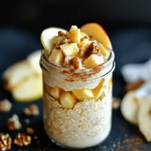 - 1 cup rolled oats - 1 cup unsweetened almond milk (or any milk of choice) - 1 medium apple, cored and diced - 1 tablespoon maple syrup (or honey) - 1 teaspoon ground cinnamon - 1/2 teaspoon vanilla extract - 1/4 cup Greek yogurt (optional) - 1 tablespoon chia seeds (optional) - Toppings: chopped walnuts or pecans, extra apple slices, sprinkle of cinnamon To make apple pie overnight oats, gather these ingredients. The rolled oats create a hearty base. Almond milk adds creaminess. Choose your favorite type of milk if you prefer. The apple brings natural sweetness. Maple syrup or honey gives a nice touch. Ground cinnamon is key for that apple pie flavor. Vanilla extract adds warmth. Greek yogurt can make it creamy, but it’s not a must. Chia seeds boost nutrition if you want. For toppings, walnuts or pecans add crunch. Extra apple slices make it look lovely. A sprinkle of cinnamon on top gives it that final touch. This full recipe ensures you have everything you need for a tasty breakfast. - Step 1: Combine oats and almond milk In a medium bowl, add 1 cup of rolled oats and 1 cup of almond milk. Stir them well until the oats absorb some liquid. - Step 2: Mix in apple, maple syrup, cinnamon, vanilla, and chia seeds Next, add in 1 medium diced apple, 1 tablespoon of maple syrup, 1 teaspoon of ground cinnamon, 1/2 teaspoon of vanilla extract, and 1 tablespoon of chia seeds. Mix all these ingredients until they blend nicely. - Step 3: Optional: Fold in Greek yogurt If you want a creamier texture, gently fold in 1/4 cup of Greek yogurt. Make sure it mixes smoothly with the oats. - Step 4: Distribute mixture into jars Spoon the oat mixture into two jars. Leave a little space at the top, as the oats will expand. - Step 5: Seal jars and refrigerate Seal the jars tightly. Place them in the fridge for at least 4 hours or overnight. This soaking time helps the flavors develop. - Step 6: Stir and serve the next morning In the morning, take the jars out of the fridge. Stir the oats well. If they seem too thick, just add a splash of almond milk. For a special touch, top your oats with chopped walnuts or pecans, extra apple slices, and a sprinkle of cinnamon. Enjoy your delicious Apple Pie Overnight Oats! For the full recipe, refer to the earlier section. You can make your apple pie overnight oats just how you like them. Adjust the sweetness using maple syrup or honey. If you want a sweeter taste, add more syrup. For a lighter option, use less. Try different types of milk for a unique flavor. Almond milk gives a nice nutty taste. You can also use oat milk or coconut milk for a twist. Each type changes the final dish a bit. Adding extra spices can personalize your oats. Try nutmeg or allspice to enhance that apple pie flavor. A pinch of ginger can also add warmth to the taste. Serving your oats in clear jars makes for a fun look. You can see the oats, apples, and toppings. This adds to the appeal when you enjoy your breakfast. Garnish with colorful toppings for extra flair. Use fresh apple slices for a pop of color. A light sprinkle of cinnamon on top makes it look tasty and adds more flavor. {{image_4}} You can twist the classic apple pie flavor. Try a Pumpkin Pie version. Just swap the apple for pumpkin puree. Add pumpkin spice for that warm taste. It’s a fun fall twist! You can also mix in berries or bananas. Blueberries or strawberries add a nice burst of flavor. Sliced bananas bring a creamy texture. Just fold them in right before serving. If you need a gluten-free option, use gluten-free oats. They taste just as good! You’ll still enjoy that creamy texture. For a vegan choice, skip the Greek yogurt. The oats will still be tasty and filling. You can add more almond milk to keep it creamy. To keep your apple pie overnight oats fresh, store them in the fridge. Use airtight containers or jars. This helps prevent any air from getting in and keeps the oats tasty. If you use glass jars, they are great for checking the oats’ freshness. Also, make sure to leave some space at the top of each jar. This allows the oats to expand as they soak. Your apple pie overnight oats are good for about 3 to 5 days in the fridge. If they look dry or have a strange smell, it’s time to toss them out. Changes in color or texture can also mean they’ve gone bad. Always check before eating to ensure they are still safe and delicious. You can enjoy this recipe from [Full Recipe] without worry, as long as you store them right! Apple pie overnight oats are packed with good stuff. They provide fiber, which helps digestion. Each serving has protein from oats and yogurt. Oats give you energy and keep you full. The apples add vitamins and antioxidants. Cinnamon can lower blood sugar and support heart health. Overall, this dish is a tasty way to start your day. Yes, you can make them ahead! I like to prep them the night before. Just follow the steps and store them in the fridge. They need at least four hours to soak. For the best taste, leave them overnight. This way, they are ready to go in the morning. To make it dairy-free, just skip the Greek yogurt. Use almond milk or any milk you prefer. For gluten-free oats, swap regular oats for certified gluten-free oats. These changes keep the recipe tasty while meeting your needs. To reheat, use the microwave. Place your oats in a microwave-safe bowl. Heat them for about 30 seconds. Stir, then check if they are warm enough. If you like them cold, enjoy straight from the fridge. You can add more milk if they seem thick. This blog post shared a simple guide to making apple pie overnight oats. You learned about the ingredients, preparation steps, customization tips, and storage advice. With these easy recipes, you can enjoy good nutrition each morning. Don’t shy away from trying different flavors or toppings to make it your own. Personalizing your oats makes breakfast fun! Remember these tips for freshness and storage. Enjoy your tasty and healthy meal!