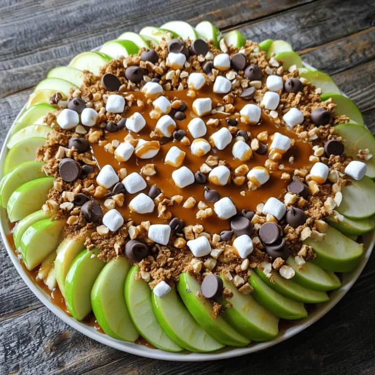 For the best caramel apple nachos, choose the right apples. I recommend using Granny Smith or Honeycrisp. Granny Smith apples give a tart flavor that balances the sweet caramel. Honeycrisp apples add a juicy sweetness and crunch. Fresh, quality ingredients make a big difference. Use apples that are firm and free of blemishes for the best taste. You have choices when it comes to caramel sauce. You can use store-bought or make your own. Homemade caramel sauce is rich and creamy but takes time. If you’re in a hurry, store-bought works well. Here are some fun toppings to consider: - Chocolate chips - Mini marshmallows - Crushed graham crackers - Chopped nuts, like pecans or walnuts Each topping adds a unique flavor and texture to your nachos. Mix and match to find your perfect combination! Consider adding a sprinkle of cinnamon. It adds warmth and a hint of spice. Whipped cream is another great option. Drizzle it on top for a creamy finish. These optional ingredients help to elevate your caramel apple nachos. They make every bite even more delightful. For the full recipe, check the main section on ingredients. Enjoy creating your tasty treat! Start by washing the apples under cool water. This step is key for cleanliness. Next, use a sharp knife to remove the core. I suggest slicing the apples into thin wedges. This makes them easy to layer and eat. Aim for uniform slices, so each piece has the same thickness. This helps them cook evenly and look great on your plate. Take a large serving platter or a baking sheet lined with parchment paper. Carefully arrange the apple slices in a circular pattern. Overlap them slightly to add to the visual appeal. Make it fun and colorful! After the apples are arranged, it’s time to layer your toppings. Start with a drizzle of caramel. Then, add a sprinkle of chocolate chips. Follow this with mini marshmallows for sweetness and texture. Pour the caramel sauce into a microwave-safe bowl. Heat it in the microwave for about 30 seconds. Stir it well until it’s smooth and easy to pour. If you make your own caramel, make sure it’s warm. This helps it drizzle nicely over the apples. As you drizzle, aim to cover each slice evenly for a delicious flavor in every bite. Feel free to check out the Full Recipe for more detailed instructions! You can make your caramel apple nachos even more fun with different toppings. Here are some ideas: - Fruits: Try adding sliced bananas, strawberries, or berries. They add color and flavor. - Candies: Sprinkle crushed cookies, toffee bits, or mini chocolate bars for a sweet twist. - Nuts: Use almonds, cashews, or pecans to give a crunchy texture. Adjust the sweetness to match your taste. If you like it sweeter, add more caramel or chocolate. If you prefer less sweetness, skip some toppings or use tart apples. For the best presentation, serve your nachos right away. Use a large platter or a fun, colorful bowl. This makes it look inviting and tasty. You can also place small bowls nearby for extra toppings. This way, everyone can customize their nachos. Don’t forget to keep some extra caramel sauce for drizzling! You can prepare some parts in advance. Slice the apples and store them in lemon water to keep them fresh. This helps them stay crisp and bright. Assemble your nachos just before serving for the best taste. If you must prepare ahead, keep the ingredients separate. This way, your nachos stay fresh and delicious. For the Full Recipe, follow the steps to create your perfect caramel apple nachos! {{image_4}} In autumn, think of adding warm spices like cinnamon or nutmeg. These spices bring a cozy feel to your caramel apple nachos. You can also toss in seasonal fruits. Pears or pomegranate seeds add a fun twist. For Halloween, you might try orange and black sprinkles for a festive look. During Thanksgiving, consider adding crushed cranberries for a tart burst. They contrast nicely with sweet caramel and apples. You can also drizzle some maple syrup for a true fall flavor. Each season offers new ways to enjoy this treat. If you're looking for gluten-free options, skip the graham crackers. Instead, try crushed nuts or gluten-free cookies. These still give a nice crunch. For vegan versions, use coconut whipped cream and dairy-free chocolate chips. The caramel can be made with coconut sugar or a vegan brand. You can adjust flavors to fit your taste. For a spicy kick, add a bit of cayenne pepper to the nuts. If you prefer sweeter nachos, use more caramel or add honey. This dish allows you to be creative and make it your own. Explore toppings from around the world to make your nachos unique. Try adding dulce de leche for a Latin twist. It pairs well with the apples and caramel. You can also sprinkle some sea salt for a savory touch. For an Asian flair, add toasted sesame seeds and a drizzle of matcha sauce. This adds vibrant color and flavor. You could even use chai-spiced caramel for a warm, spiced taste. The options are endless, so have fun experimenting! For the full recipe, check the details above. To keep uneaten nachos fresh, store them right. Use an airtight container. This helps keep the apple slices crisp. If you don’t have one, wrap them tightly in plastic wrap. Place the container in the fridge. This will help prevent browning. Enjoy your nachos within two days for best taste. When you’re ready to enjoy leftovers, refresh the nachos first. For quick reheating, use the microwave. Place them on a microwave-safe plate. Heat for 20-30 seconds. Check to avoid overheating, which can make them soggy. If you prefer the oven, preheat it to 350°F. Spread the nachos on a baking sheet. Heat for about 5-10 minutes. This method keeps the toppings crunchy and warms the apples nicely. Assembled nachos last about two days in the fridge. Keep in mind that the apples may start to brown. Individual ingredients can last longer. Apples can stay fresh for up to a week. Caramel sauce, if stored well, lasts about two weeks in the fridge. For the best flavor, try to enjoy everything fresh. For more delicious ideas, check out the Full Recipe. I love using Granny Smith or Honeycrisp apples. They add a nice crunch and balance sweetness. Granny Smith offers a tart flavor, which contrasts well with caramel. Honeycrisp, on the other hand, is sweet and juicy. Both types hold up well when sliced, making them perfect for nachos. Yes, you can prep the apples and toppings ahead of time. Slice the apples and store them in lemon water to keep them fresh. However, I recommend assembling the nachos right before serving. This keeps the apples crisp and the toppings from getting soggy. You can get creative with toppings! Here are some of my favorites: - Crushed cookies (like Oreos or Nilla Wafers) - Dried fruits (like raisins or cranberries) - Shredded coconut - Peanut butter chips - Mini chocolate candies Mix and match these to find your perfect combo! Making homemade caramel sauce is simple! Here’s a quick method: 1. In a saucepan, melt 1 cup of sugar over medium heat. 2. Stir until it turns golden brown. 3. Slowly add 1/2 cup of heavy cream, stirring constantly. 4. Remove from heat and stir in a pinch of salt. This caramel is great for drizzling! Caramel apple nachos can be a fun treat, but they are not super healthy. They have sugar from the caramel and toppings. However, using apples adds fiber and vitamins. Compared to regular nachos, they are a lighter choice. Just enjoy in moderation! Caramel apple nachos combine fresh apples and sweet toppings for a fun snack. Use quality ingredients for the best taste. Choose the right apples and get creative with toppings for a personal touch. Follow the step-by-step instructions to make them look great. Don’t forget the tips for customizing and storing leftovers. Enjoy experimenting with different flavors and seasonal twists. This treat is so versatile that you can make it your own every time! Now, go grab some apples and get started!