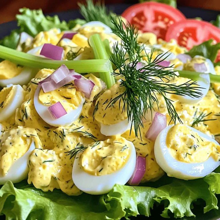 To make a classic egg salad, you need a few simple items. Here’s what you’ll need: - 6 large eggs - 1/4 cup mayonnaise - 1 tablespoon Dijon mustard - 1 tablespoon freshly squeezed lemon juice - 1/4 cup celery, finely chopped - 1/4 cup red onion, finely chopped - 1 tablespoon fresh dill, chopped (or 1 teaspoon dried dill) - Salt and freshly cracked black pepper to taste - Crisp lettuce leaves (for serving) - Whole grain bread or wraps (optional) These ingredients come together to create a creamy and flavorful dish. Eggs are the star here, giving the salad its rich base. Mayonnaise adds creaminess, while mustard gives it a nice kick. The lemon juice brightens the flavors. Celery and red onion bring in crunch and a bit of bite. Dill adds a fresh, herbal note. You can adjust salt and pepper to your taste. For serving, crisp lettuce makes a great base, while whole grain bread or wraps can turn this salad into a hearty meal. If you want to try the full recipe, check it out [here]. To start, place the eggs in a saucepan. Cover them with cold water. Make sure the water is about an inch above the eggs. Turn the heat to medium-high. Bring the water to a rolling boil. Once boiling, cover the saucepan with a lid. Turn off the heat and let the eggs sit for 12-15 minutes. After the time is up, use a slotted spoon to take the eggs out. Put them in a bowl filled with ice water. Let them cool for about 5 minutes. This cools the eggs fast and helps with peeling. Once cool, tap the eggs gently on a hard surface. Peel the shell off under running water if you want. Chop the eggs into small pieces. In a large mixing bowl, mix the mayonnaise, Dijon mustard, and lemon juice. Whisk these ingredients until the mix is creamy and smooth. This dressing is the heart of your egg salad. Now, add the chopped eggs, celery, red onion, and dill into the bowl with the dressing. Use a spatula or spoon to gently fold everything together. Make sure each part gets coated in the dressing. This way, every bite is flavorful. Next, sprinkle in salt and cracked black pepper to taste. Mix it again to spread the seasoning evenly. You can taste it and adjust the seasoning if needed. For serving, you have two great choices. You can spoon the egg salad onto crisp lettuce leaves for a light dish. Or you can layer it on whole grain bread or wraps for a hearty meal. For the full recipe, follow these steps closely, and enjoy your egg-cellent classic egg salad! To cook eggs perfectly, start with cold water. Place your eggs in a saucepan. Cover them with water, an inch above the eggs. Heat on medium-high until it boils. Once boiling, cover the pot and turn off the heat. Let them sit for 12-15 minutes. This method makes sure the yolks are nice and firm. For the best flavor, use fresh ingredients. The mayonnaise, mustard, and lemon juice are key. I like to use whole egg mayonnaise for creaminess. Add a touch of Dijon mustard to give it a nice kick. Fresh lemon juice brightens the dish. Don’t forget to season with salt and pepper. Adjust to make it taste just right for you. When serving, think about color and texture. Use crisp lettuce leaves as a base. This makes the dish look fresh and bright. You can also serve the egg salad on whole grain bread or wraps. For a nice touch, sprinkle fresh dill on top. A slice of tomato on the side adds a pop of color. This makes your dish not just tasty but also beautiful! For the complete recipe, check out the Full Recipe. {{image_4}} You can add creamy avocado to your egg salad for a rich twist. Use one ripe avocado. Mash it with the dressing before mixing in the eggs. This adds a buttery texture and a healthy dose of good fats. It also brings a lovely green color to your dish. You can even sprinkle a bit of lime juice on top for extra flavor. Bacon makes everything better, including egg salad! Cook up about four slices of bacon until crispy. Crumble the bacon and mix it in with the egg salad. The salty, smoky flavor pairs well with the creamy dressing. This variation is perfect for a brunch or a hearty lunch. You can serve it on a sandwich or enjoy it on its own. If you love heat, try adding Sriracha to your egg salad. Start with about one to two tablespoons of Sriracha mixed into the dressing. Adjust the amount based on how spicy you like it. This gives the salad a zesty kick. You can garnish with sliced jalapeños for an extra punch. This version is great for those who want something different and bold. Feel free to explore these variations and find your favorite! For the full recipe, check out the detailed steps above. To store leftover egg salad, place it in an airtight container. Make sure the lid seals well. This keeps the salad fresh and prevents odors from other foods. Always refrigerate the container right away. It is important to keep the egg salad cool. Egg salad lasts about 3 to 5 days in the fridge. Check for any off smells or changes in texture before eating. I do not recommend freezing egg salad. Freezing changes the texture of eggs and mayo. It may become watery when thawed. You should not reheat egg salad. It is meant to be served cold. For a tasty twist, try serving it on crackers or cucumber slices. You can also add it to a salad for extra protein. Enjoy your egg salad chilled, fresh, and flavorful! The best types of bread for egg salad sandwiches include whole grain, sourdough, and rye. Whole grain bread adds fiber and a hearty flavor. Sourdough gives a nice tang, while rye adds a unique taste. You can also use wraps for a lighter option. Yes, you can make egg salad ahead of time. It is best to store it in the fridge for up to two days. Just keep it in an airtight container. This way, the flavors develop and taste even better. To make your egg salad healthier, consider adding diced veggies like bell peppers or cucumbers. You can also use Greek yogurt instead of mayonnaise for a creamy, low-fat option. Fresh herbs like parsley or spinach add flavor and nutrients too. Egg salad lasts about three to five days in the refrigerator. Make sure to keep it in a sealed container. If you notice any off smell or change in color, it’s best to discard it. Yes, you can use egg substitutes for this recipe. You might try silken tofu or a store-bought egg replacement product. However, the taste and texture may vary. Experiment to find what works best for your egg salad. For the full recipe, check the section above. This blog post covered how to make a tasty egg salad. We looked at key ingredients, steps, and helpful tips. You can easily customize your dish with variations like avocado or bacon. Proper storage ensures freshness and great taste later on. Remember, serving it on crisp lettuce or whole grain bread makes it even better. Enjoy experimenting with flavors and make your egg salad a hit!