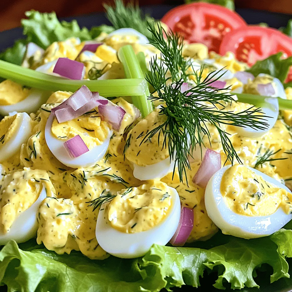 To make a classic egg salad, you need a few simple items. Here’s what you’ll need: - 6 large eggs - 1/4 cup mayonnaise - 1 tablespoon Dijon mustard - 1 tablespoon freshly squeezed lemon juice - 1/4 cup celery, finely chopped - 1/4 cup red onion, finely chopped - 1 tablespoon fresh dill, chopped (or 1 teaspoon dried dill) - Salt and freshly cracked black pepper to taste - Crisp lettuce leaves (for serving) - Whole grain bread or wraps (optional) These ingredients come together to create a creamy and flavorful dish. Eggs are the star here, giving the salad its rich base. Mayonnaise adds creaminess, while mustard gives it a nice kick. The lemon juice brightens the flavors. Celery and red onion bring in crunch and a bit of bite. Dill adds a fresh, herbal note. You can adjust salt and pepper to your taste. For serving, crisp lettuce makes a great base, while whole grain bread or wraps can turn this salad into a hearty meal. If you want to try the full recipe, check it out [here]. To start, place the eggs in a saucepan. Cover them with cold water. Make sure the water is about an inch above the eggs. Turn the heat to medium-high. Bring the water to a rolling boil. Once boiling, cover the saucepan with a lid. Turn off the heat and let the eggs sit for 12-15 minutes. After the time is up, use a slotted spoon to take the eggs out. Put them in a bowl filled with ice water. Let them cool for about 5 minutes. This cools the eggs fast and helps with peeling. Once cool, tap the eggs gently on a hard surface. Peel the shell off under running water if you want. Chop the eggs into small pieces. In a large mixing bowl, mix the mayonnaise, Dijon mustard, and lemon juice. Whisk these ingredients until the mix is creamy and smooth. This dressing is the heart of your egg salad. Now, add the chopped eggs, celery, red onion, and dill into the bowl with the dressing. Use a spatula or spoon to gently fold everything together. Make sure each part gets coated in the dressing. This way, every bite is flavorful. Next, sprinkle in salt and cracked black pepper to taste. Mix it again to spread the seasoning evenly. You can taste it and adjust the seasoning if needed. For serving, you have two great choices. You can spoon the egg salad onto crisp lettuce leaves for a light dish. Or you can layer it on whole grain bread or wraps for a hearty meal. For the full recipe, follow these steps closely, and enjoy your egg-cellent classic egg salad! To cook eggs perfectly, start with cold water. Place your eggs in a saucepan. Cover them with water, an inch above the eggs. Heat on medium-high until it boils. Once boiling, cover the pot and turn off the heat. Let them sit for 12-15 minutes. This method makes sure the yolks are nice and firm. For the best flavor, use fresh ingredients. The mayonnaise, mustard, and lemon juice are key. I like to use whole egg mayonnaise for creaminess. Add a touch of Dijon mustard to give it a nice kick. Fresh lemon juice brightens the dish. Don’t forget to season with salt and pepper. Adjust to make it taste just right for you. When serving, think about color and texture. Use crisp lettuce leaves as a base. This makes the dish look fresh and bright. You can also serve the egg salad on whole grain bread or wraps. For a nice touch, sprinkle fresh dill on top. A slice of tomato on the side adds a pop of color. This makes your dish not just tasty but also beautiful! For the complete recipe, check out the Full Recipe. {{image_4}} You can add creamy avocado to your egg salad for a rich twist. Use one ripe avocado. Mash it with the dressing before mixing in the eggs. This adds a buttery texture and a healthy dose of good fats. It also brings a lovely green color to your dish. You can even sprinkle a bit of lime juice on top for extra flavor. Bacon makes everything better, including egg salad! Cook up about four slices of bacon until crispy. Crumble the bacon and mix it in with the egg salad. The salty, smoky flavor pairs well with the creamy dressing. This variation is perfect for a brunch or a hearty lunch. You can serve it on a sandwich or enjoy it on its own. If you love heat, try adding Sriracha to your egg salad. Start with about one to two tablespoons of Sriracha mixed into the dressing. Adjust the amount based on how spicy you like it. This gives the salad a zesty kick. You can garnish with sliced jalapeños for an extra punch. This version is great for those who want something different and bold. Feel free to explore these variations and find your favorite! For the full recipe, check out the detailed steps above. To store leftover egg salad, place it in an airtight container. Make sure the lid seals well. This keeps the salad fresh and prevents odors from other foods. Always refrigerate the container right away. It is important to keep the egg salad cool. Egg salad lasts about 3 to 5 days in the fridge. Check for any off smells or changes in texture before eating. I do not recommend freezing egg salad. Freezing changes the texture of eggs and mayo. It may become watery when thawed. You should not reheat egg salad. It is meant to be served cold. For a tasty twist, try serving it on crackers or cucumber slices. You can also add it to a salad for extra protein. Enjoy your egg salad chilled, fresh, and flavorful! The best types of bread for egg salad sandwiches include whole grain, sourdough, and rye. Whole grain bread adds fiber and a hearty flavor. Sourdough gives a nice tang, while rye adds a unique taste. You can also use wraps for a lighter option. Yes, you can make egg salad ahead of time. It is best to store it in the fridge for up to two days. Just keep it in an airtight container. This way, the flavors develop and taste even better. To make your egg salad healthier, consider adding diced veggies like bell peppers or cucumbers. You can also use Greek yogurt instead of mayonnaise for a creamy, low-fat option. Fresh herbs like parsley or spinach add flavor and nutrients too. Egg salad lasts about three to five days in the refrigerator. Make sure to keep it in a sealed container. If you notice any off smell or change in color, it’s best to discard it. Yes, you can use egg substitutes for this recipe. You might try silken tofu or a store-bought egg replacement product. However, the taste and texture may vary. Experiment to find what works best for your egg salad. For the full recipe, check the section above. This blog post covered how to make a tasty egg salad. We looked at key ingredients, steps, and helpful tips. You can easily customize your dish with variations like avocado or bacon. Proper storage ensures freshness and great taste later on. Remember, serving it on crisp lettuce or whole grain bread makes it even better. Enjoy experimenting with flavors and make your egg salad a hit!