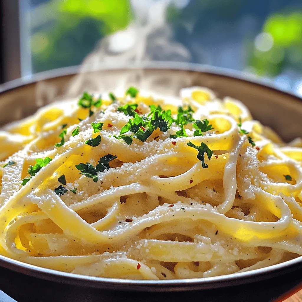 To create a rich and flavorful creamy garlic pasta, gather these essential ingredients: - 300g spaghetti or fettuccine - 4 cloves of garlic, finely minced - 1 tablespoon extra virgin olive oil - 1 cup heavy cream - 1 cup freshly grated Parmesan cheese - 1 teaspoon Italian seasoning blend - Sea salt and freshly ground black pepper - Fresh parsley for garnish - Optional: Red pepper flakes Each ingredient plays a key role in the dish. The garlic gives it a bold flavor, while the heavy cream adds a luscious texture. Using freshly grated Parmesan cheese elevates the taste, bringing a nutty richness. The optional red pepper flakes can bring a little heat, balancing the creaminess. Don't skip on the sea salt; it enhances all the flavors. Fresh parsley not only adds color but also a fresh taste that brightens the dish. These ingredients together make creamy garlic pasta a delight to enjoy. For the full recipe, check out Creamy Garlic Pasta Delight. To cook the pasta, fill a large pot with water. Add a generous amount of salt. Bring the water to a boil over high heat. You want it to bubble and move fast. Once boiling, add the spaghetti or fettuccine. Cook according to the package instructions. This usually takes about 8 to 10 minutes. For al dente pasta, taste it a minute before the time is up. It should be firm but not hard. While the pasta cooks, prepare the garlic. Take the same pot and add olive oil over medium heat. Add the minced garlic. Stir it for about 1 to 2 minutes. You want it to be soft and smell great. Watch it closely; you don’t want to burn it. If it browns, it may taste bitter. Now, let’s make the cream sauce. Lower the heat and pour in the heavy cream. Stir well and let it simmer gently. This should take about 3 to 4 minutes. The cream should thicken slightly. If it looks too thin, just let it cook a bit longer. Keep stirring to avoid sticking. Once the cream thickens, add the Parmesan cheese. Gradually stir it in until it melts completely. This gives the sauce a nice, creamy feel. If the sauce is too thick, add a bit of the reserved pasta water. Season it with sea salt, black pepper, and Italian seasoning. Taste it to make sure the flavors are just right. It’s time to bring the pasta and sauce together. Gently fold the drained pasta into the creamy sauce. Toss it well so every strand gets coated. If the sauce looks dry, add more pasta water a little at a time. This helps to keep it creamy and smooth. For serving, place the creamy garlic pasta onto warm plates. Sprinkle fresh parsley on top for color and flavor. If you like, add more Parmesan on the side. Red pepper flakes can spice it up for those who want heat. A large serving bowl works great for family-style dining. For the full recipe, you can find it above. Enjoy your meal! - Overcooking garlic: Garlic cooks quickly. If you let it brown, it can taste bitter. Just cook it until soft and fragrant. - Skipping on salt in pasta water: Salt enhances the pasta's flavor. Use enough salt, so it tastes like the sea. This step makes a big difference in the final dish. - How to avoid a grainy texture: Make sure your cream is at room temperature before adding it to the garlic. Cold cream can shock the sauce and lead to graininess. Stir slowly as the sauce heats. - Adjusting thickness without compromising flavor: If the sauce is too thick, add a spoonful of reserved pasta water. This adds creaminess without losing flavor. Always mix well to combine. - Suggestions for fresh herbs: Fresh herbs can brighten the dish. Try adding basil or thyme. Chopped parsley adds freshness and color, too. - Adding spices for an extra kick: If you like heat, sprinkle in red pepper flakes. A little pinch goes a long way. You can also try a dash of smoked paprika for a new twist. For the full experience of this dish, check the Full Recipe. {{image_4}} You can turn creamy garlic pasta into a full meal by adding proteins. Chicken, shrimp, or bacon all work well. For chicken, grill or sauté it in the same pot you used for the garlic. Shrimp cooks quickly, so add it to the pot after the garlic. If you use bacon, crisp it up first, then mix it into the sauce. Each protein brings its own taste and texture. If you want a vegetarian version, swap heavy cream with coconut cream or cashew cream. For cheese, try nutritional yeast for a cheesy flavor without dairy. Load up on veggies like spinach, cherry tomatoes, or bell peppers. Sauté them with garlic to bring out their flavors. This makes the dish colorful and healthy. To spice things up, add herbs like basil or thyme. You can also mix in ingredients like sun-dried tomatoes or olives. Adjust salt and pepper to fit your taste. If you want a kick, add red pepper flakes or a splash of lemon juice. Tailoring the flavors makes this dish your own. For more ideas, check the Full Recipe. To keep creamy garlic pasta fresh, cool it down first. Let it sit at room temperature for no more than two hours. After that, pack it in a container. Use an airtight container to keep out air and moisture. This will help maintain its rich flavor. Glass or plastic storage containers work well. Make sure they have tight lids. If you want to use bags, use freezer bags. Squeeze out as much air as possible before sealing. This helps prevent freezer burn. The best way to reheat creamy garlic pasta is on the stove. Put it in a pan over low heat. Add a splash of water or cream to keep it moist. Stir gently to warm it up evenly. To avoid sauce separation, heat it slowly. Stir often to keep the sauce smooth. If you see it starting to separate, add a bit of pasta water. This helps bring it back together. Yes, you can freeze creamy garlic pasta! However, the cream might change texture. It may not be as smooth when thawed. To freeze, let the pasta cool completely. Then, place it in an airtight container or freezer bag. Label it with the date for easy tracking. To thaw, place it in the fridge overnight. This helps maintain the sauce's flavor and texture. Creamy garlic pasta can last for 3 to 5 days in the fridge. Store it in an airtight container to keep it fresh. Always check for any off smells or changes in texture before eating. Yes, you can! To prep in advance, cook the pasta and make the sauce separately. Combine them just before serving. This way, the pasta stays firm and the sauce remains creamy. Creamy garlic pasta pairs well with: - Garlic bread - A crisp green salad - Grilled vegetables - Roasted chicken or shrimp These sides add balance and extra flavor to your meal. You can lighten this recipe by: - Using half-and-half instead of heavy cream - Choosing low-fat cheese - Adding more vegetables, like spinach or zucchini These swaps reduce calories while keeping the dish tasty. For the full recipe, check out the Creamy Garlic Pasta Delight. In this post, we explored how to create creamy garlic pasta. We began with the key ingredients and followed step-by-step instructions for cooking. I shared tips to avoid common mistakes and ways to enhance flavor. We also covered variations, from adding proteins to making it vegetarian. Finally, we discussed storage and reheating tips. Cooking this dish can be simple and rewarding. Enjoy your creamy garlic pasta, and feel free to experiment!