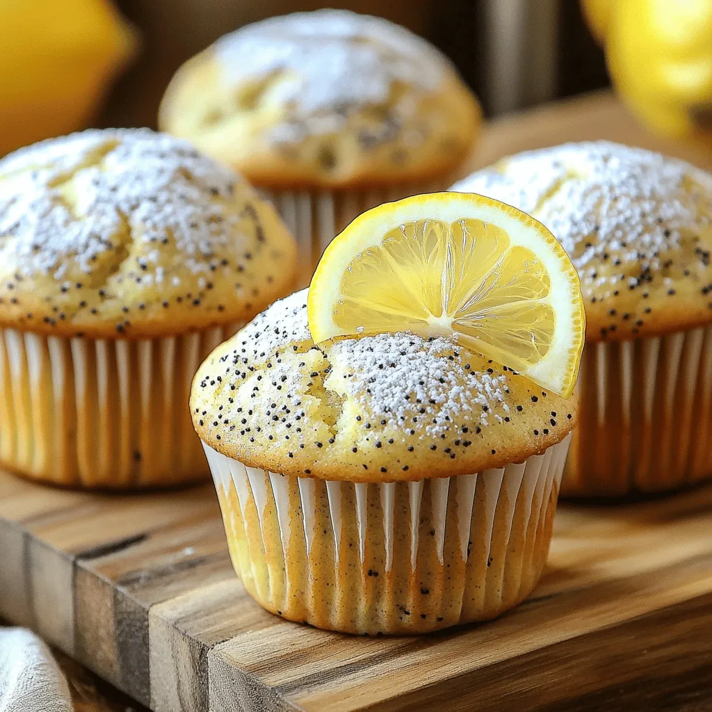 To make these tasty lemon poppy seed muffins, gather the following: - 1 ½ cups all-purpose flour - ½ cup granulated sugar - 2 teaspoons baking powder - ¼ teaspoon baking soda - ¼ teaspoon salt - 1 tablespoon poppy seeds - ½ cup unsalted butter, melted - 2 large eggs, at room temperature - ½ cup buttermilk, at room temperature - Zest of 1 large lemon - 2 tablespoons freshly squeezed lemon juice - 1 teaspoon pure vanilla extract You can swap some ingredients for different flavors or diets: - Use whole wheat flour for a nuttier taste. - Substitute coconut sugar for granulated sugar for a deeper flavor. - Try almond milk or oat milk instead of buttermilk for a dairy-free option. - Replace poppy seeds with chia seeds for a similar texture. Fresh ingredients make your muffins shine. Here are my best tips: - Buy lemons that feel heavy for their size. This means they are juicy. - Check eggs for freshness by placing them in water. Fresh eggs sink; old ones float. - Use butter at room temperature for a smooth mix. This helps the batter blend well. - For buttermilk, you can make your own by mixing milk with a splash of vinegar. By using fresh ingredients, you’ll enhance the taste of your lemon poppy seed muffins. Enjoy the process and the delightful aroma in your kitchen! For the full recipe, refer to the [Full Recipe]. To make lemon poppy seed muffins, you start with mixing dry and wet ingredients. Then, you combine them gently. This method keeps the muffins light and fluffy. Finally, you bake and cool them before serving. 1. Preheat the Oven: Set your oven to 350°F (175°C). Prepare a muffin tin by lining it with paper liners or greasing it lightly. 2. Mix Dry Ingredients: In a large bowl, whisk together these dry items: - 1 ½ cups all-purpose flour - ½ cup granulated sugar - 2 teaspoons baking powder - ¼ teaspoon baking soda - ¼ teaspoon salt - 1 tablespoon poppy seeds 3. Combine Wet Ingredients: In a separate bowl, mix: - ½ cup unsalted butter, melted - 2 large eggs, at room temperature - ½ cup buttermilk, at room temperature - Zest of 1 large lemon - 2 tablespoons freshly squeezed lemon juice - 1 teaspoon pure vanilla extract Whisk until smooth. 4. Combine Wet and Dry Mixes: Gently pour the wet mix into the dry mix. Use a spatula to fold them together. Stop mixing when just combined; lumps are okay. 5. Fill Muffin Cups: Use a spoon or ice cream scoop to fill each muffin cup about ¾ full. 6. Bake to Perfection: Place the muffin tin in the oven. Bake for 18-20 minutes. Check if done by inserting a toothpick in the center. If it comes out clean, they're ready. 7. Cool and Remove: After baking, let the muffins cool in the tin for 5 minutes. Then transfer them to a wire rack. Bake your muffins at 350°F (175°C) for 18-20 minutes. This temperature helps them rise nicely. Enjoy the warm, zesty aroma as they bake! To get the best texture in your lemon poppy seed muffins, follow a few tips. First, use room temperature ingredients. This helps them mix well and rise better. When combining wet and dry mixes, fold gently. You want to keep some lumps for fluffiness. Overmixing will make your muffins dense. Lastly, let your muffins cool in the tin for a bit before moving them. This helps them set and stay moist. Many bakers make the same mistakes. One big issue is measuring flour incorrectly. Always spoon the flour into the cup and level it off. Avoid packing it down. Another mistake is not preheating the oven. Your muffins need the right heat to rise. Also, don’t skip the buttermilk. It adds moisture and flavor. Lastly, resist the urge to open the oven door too early. This can cause the muffins to sink. Using the right tools makes baking simpler. Start with a good mixing bowl and a whisk. A rubber spatula is great for folding the batter. An ice cream scoop helps with portioning the batter evenly. Muffin tins with liners make cleanup easy. Finally, a cooling rack is key for letting your muffins breathe after baking. For a full recipe, check out my Lemon Poppy Seed Muffins . {{image_4}} You can make Lemon Poppy Seed Muffins healthier by using whole wheat flour instead of all-purpose flour. This change adds more fiber and nutrients. You can also swap out the granulated sugar for honey or maple syrup. This switch will give a nice flavor and cut down on refined sugar. Another option is to use Greek yogurt in place of buttermilk to boost protein. These changes keep your muffins tasty while making them a bit better for you. To add more flavor to your muffins, think about mixing in fruits or herbs. Fresh berries like blueberries or raspberries can bring a burst of sweetness. If you want a unique twist, try adding chopped fresh herbs like basil or mint. These herbs can enhance the lemon flavor in a surprising way. You can also toss in some chopped nuts for crunch. Experimenting with these additions makes each batch of muffins feel special. If you need vegan options, replace the eggs with flax eggs or applesauce. For the buttermilk, use plant-based milk with a splash of lemon juice. This keeps the muffins moist and flavorful. For gluten-free muffins, use a gluten-free flour blend. Make sure the blend contains xanthan gum to help with texture. These substitutions allow everyone to enjoy Lemon Poppy Seed Muffins without missing out on taste. For the full recipe, check out the details provided earlier. To keep your muffins fresh, store them in an airtight container. Place them at room temperature for up to three days. If you want them to last longer, consider the fridge. However, be careful, as this can make them dry. Always let them cool completely before storing. This helps avoid extra moisture inside the container. Freezing is a great way to save lemon poppy seed muffins for later. Wrap each muffin in plastic wrap. Then, place them in a freezer bag or container. This keeps them fresh for up to three months. When you’re ready to enjoy, just take out the muffins and let them thaw. You can also warm them in the microwave for a quick treat. Reheating your muffins is easy and makes them taste fresh. You can use the microwave or the oven. For the microwave, heat each muffin for about 15-20 seconds. If you prefer the oven, preheat it to 350°F. Place the muffins on a baking sheet and heat for about 5-10 minutes. This brings back their soft texture and flavor. Enjoy them warm for the best taste! Lemon poppy seed muffins stay fresh for about 2 to 3 days at room temperature. Store them in an airtight container to keep them soft. If you need more time, you can freeze them. They last up to 3 months in the freezer. Simply wrap each muffin tightly in plastic wrap and place them in a freezer bag. Yes, you can use fresh lemons instead of zest. However, use the zest for a stronger lemon flavor. The zest contains oils that boost the taste. If you only have fresh lemons, add a bit more juice to enhance the flavor. Use about 1 tablespoon of fresh juice for every teaspoon of zest you replace. Lemon poppy seed muffins pair well with many items. Here are a few ideas: - Fresh fruit like berries or sliced bananas - A spread of cream cheese or mascarpone - A light drizzle of honey or maple syrup - A cup of tea or coffee for a cozy treat These options add to the flavor and make your muffin experience even better. For the full recipe, check out the details above and get baking! This blog post covers everything you need for perfect lemon poppy seed muffins. We explored the key ingredients and shared fresh options to try. I laid out a clear step-by-step guide for baking. You also learned helpful tips for great texture and common errors to avoid. Remember, you can customize this recipe with variations for different diets. Proper storage extends freshness and keeps your muffins tasty. With these insights, you can bake better and enjoy delicious muffins every time.