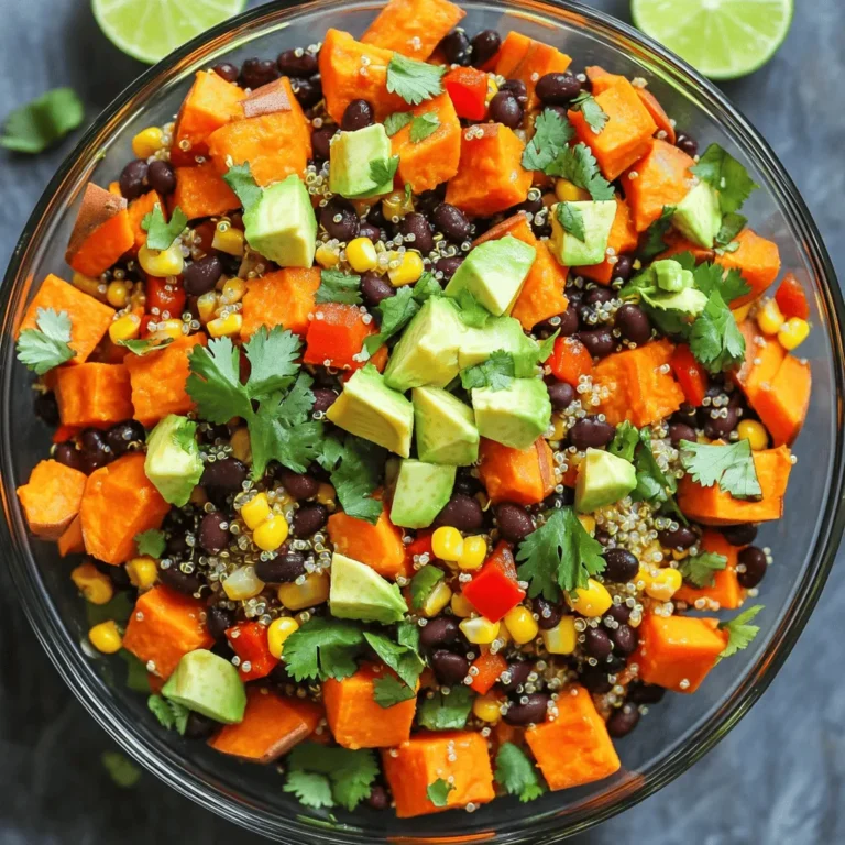 - 2 large sweet potatoes, peeled and diced into bite-sized cubes - 1 tablespoon olive oil - 1 teaspoon smoked paprika - Salt and pepper to taste - 1 cup quinoa, thoroughly rinsed under cold water - 2 cups vegetable broth (or water) - 1 cup black beans, rinsed and drained - 1 red bell pepper, diced - 1 cup corn kernels (can be fresh, frozen, or canned) - 1 ripe avocado, diced - 1/4 cup fresh cilantro, finely chopped - Juice of 1 lime - 1 tablespoon honey or agave syrup - Optional: Crumbled feta cheese for a flavorful topping You can change some ingredients if needed. For a lighter option, use less olive oil. Try using lime juice instead of honey for a fresh kick. If you don’t have black beans, chickpeas work well too. Want to skip quinoa? Try using farro or brown rice. For a vegan option, leave out the feta or use vegan cheese. This salad is packed with nutrients. Sweet potatoes give you vitamins A and C, which are great for your skin and eyes. Quinoa adds protein and fiber, helping you feel full longer. Black beans provide more protein and iron, which is important for your blood. Avocado brings healthy fats, which can help keep your heart healthy. This dish is not only tasty but also good for your body. Start by peeling the sweet potatoes. Then, dice them into bite-sized cubes. This helps them cook evenly. Place the diced sweet potatoes in a large bowl. Add olive oil, smoked paprika, salt, and pepper. Toss the cubes well to coat them with the oil and spices. This step adds great flavor to your salad. Now, preheat your oven to 400°F (200°C). Spread the seasoned sweet potatoes on a baking sheet in a single layer. Roast them for 25-30 minutes. Make sure to flip them halfway through. This will help them cook evenly and get that nice golden color. They should be tender when done. While the sweet potatoes roast, it’s time to cook the quinoa. In a medium saucepan, combine the rinsed quinoa and vegetable broth. Bring it to a boil over medium heat. Once boiling, lower the heat to a simmer. Cover the pot and let it cook for about 15 minutes. When the liquid is gone, fluff the quinoa with a fork. It should be light and fluffy, ready to mix into your salad. Follow the [Full Recipe] for a complete guide to making this delicious salad! Start by gathering your ingredients. First, mix the cooked quinoa, black beans, diced red bell pepper, and corn in a large bowl. Next, add the roasted sweet potatoes. Make sure they are still warm for the best flavor. The warm sweet potatoes will blend well with the other ingredients. This mix creates a colorful and tasty base for your salad. In a small bowl, whisk together the lime juice and honey or agave syrup. This dressing is simple but full of flavor. It adds a nice zing to the salad. Taste it to see if you want more sweetness. If you do, add a bit more honey or agave. A good dressing can make all the difference in your dish. Now, pour the dressing over the salad mix. Gently toss everything together so that the dressing coats each piece. Be careful not to mash the avocado when you add it later. After this, fold in the diced avocado and chopped cilantro. These fresh ingredients add a nice touch and brighten the flavors. Finally, taste your salad and adjust the seasoning with salt and pepper if needed. If you want, sprinkle crumbled feta cheese on top for extra flavor. Enjoy your Roasted Sweet Potato Salad, a dish that is both flavorful and nutritious! For the full recipe, check the [Full Recipe]. {{image_4}} When making roasted sweet potato salad, you want flavors that blend well. Here are some great pairings: - Spices: Use smoked paprika for warmth. Cumin adds earthiness, while chili powder gives heat. - Fruits: Apples or oranges can add a touch of sweetness. Dried cranberries also work well. - Nuts and Seeds: Adding pumpkin seeds or walnuts gives a nice crunch. They also add healthy fats. - Cheese: Feta cheese offers a salty contrast. Goat cheese is creamy and tangy, a great choice too. Roasting sweet potatoes is key for flavor. Here are some tips: - Cut Evenly: Dice sweet potatoes into uniform cubes for even cooking. - Use High Heat: Roasting at 400°F (200°C) helps caramelize the sugars. This brings out a deep, rich flavor. - Stir Occasionally: Flip sweet potatoes halfway through roasting. This ensures they brown nicely on all sides. - Cook Quinoa Right: Rinse quinoa well to remove bitterness. Cook it in vegetable broth for added flavor. Making your salad look good is just as fun as eating it. Here are some ideas: - Layering: Start with a base of quinoa. Then, add your roasted sweet potatoes and other veggies on top. - Garnishes: Add fresh cilantro for color. Lime wedges on the side give a fresh look and flavor. - Serving Bowl: Use a large, shallow bowl. This lets each layer show off its colors and textures. - Serving: For a family meal, serve the salad in the center of the table. This invites everyone to dig in. You can easily make this salad vegan. Simply skip the optional feta cheese. The salad stays tasty with the sweet potatoes, quinoa, and black beans. You can add more veggies, like spinach or kale, for extra nutrients. If you want more crunch, try adding nuts or seeds. Sunflower seeds or chopped walnuts work great here. To boost protein, you can add cooked chicken or shrimp. Grilled tofu is another great choice for a plant-based option. You can also use chickpeas or lentils for extra protein and flavor. These additions make the salad more filling. Each option pairs well with the sweet potatoes and dressing. If you want to switch up the dressing, try using tahini or a balsamic vinaigrette. A lemon-herb dressing can also brighten the flavors. Mix olive oil, vinegar, and herbs for a quick homemade option. Each dressing will give a new twist to the salad. Explore different flavors to find your favorite. For the full recipe, check out the details above! To store leftovers, let the salad cool first. Place it in an airtight container. You can keep it in the fridge for up to three days. If you don't want the avocado to brown, add it fresh when serving. This keeps your salad looking bright and fresh. I like to serve this salad chilled or at room temperature. This keeps the flavors bright. For a more appealing look, use a large bowl. Garnish with extra cilantro and lime wedges around the edges. This adds color and a fresh touch. You can also add crumbled feta just before serving for a tasty finish. This salad is perfect for meal prep. You can make it ahead of time for easy lunches. Prep the sweet potatoes and quinoa on the weekend. Store them separately in the fridge. Assemble the salad when you're ready to eat. This keeps everything fresh and tasty. If you want to switch things up, consider adding other veggies or proteins. You can check the Full Recipe for more ideas! Yes, you can make this salad ahead of time. I often prepare it a few hours before serving. Just keep the dressing separate until you are ready to eat. This way, the salad stays fresh and crisp. Store the salad in the fridge in an airtight container. This keeps the flavors bright and the texture nice. If you don't have quinoa, you can use rice or farro. Both options work well in this dish. You can even try couscous or bulgur for a fun twist. Each grain adds its own flavor and texture, so feel free to experiment. Just remember to adjust cooking times based on your substitute. Yes, this recipe is gluten-free. Sweet potatoes, beans, and quinoa are all gluten-free ingredients. You can enjoy this salad without worry if you follow a gluten-free diet. Always check any packaged ingredients, like vegetable broth, to ensure they are gluten-free. For the full recipe, check out the Roasted Sweet Potato Salad section above. Enjoy! This blog post covered everything you need for a tasty salad. We explored the ingredients, substitutions, and nutritional facts. You learned how to prep and roast sweet potatoes and cook quinoa. Mixing ingredients and making the dressing was fun. Tips for flavor and presentation added flair. We also shared vegan options and storage tips. In the end, this salad is easy, healthy, and versatile. You can enjoy it anytime!